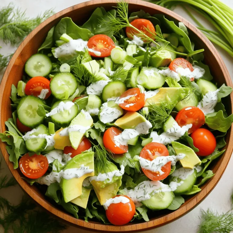 - 4 cups of assorted salad greens (baby spinach, arugula, romaine) - 1 cup of cucumber, finely diced - 1 cup of cherry tomatoes, halved - 1 ripe avocado, sliced - 1/2 cup of Greek yogurt - 2 tablespoons of fresh lemon juice - 2 tablespoons of olive oil - Sea salt and black pepper to taste - 1/2 cup green onions, thinly sliced - 1/4 cup fresh parsley, coarsely chopped - 1/4 cup fresh dill, coarsely chopped The Simple Green Goddess Salad needs fresh and tasty ingredients. Start with the salad components. A mix of baby spinach, arugula, and romaine creates a vibrant base. The cucumber adds crunch, while cherry tomatoes give a hint of sweetness. Don't forget the ripe avocado! Its creamy texture makes the salad rich and satisfying. Next, let's talk dressing. The Greek yogurt forms a creamy base. Fresh lemon juice adds a bright zing. Olive oil brings richness, while sea salt and black pepper enhance the flavors. You can also add optional garnishes. Thinly sliced green onions give a mild onion taste. Fresh parsley and dill add a nice herbal touch. These little extras make the salad even more special. For the full recipe, check out the details above. Enjoy every bite of this vibrant and fresh delight! Begin by mixing the assorted greens in a large mixing bowl. This creates a fresh and colorful base for your salad. Next, add diced cucumber and halved cherry tomatoes for texture. The cucumber adds a nice crunch, and the tomatoes bring sweetness. Now, layer sliced avocado on top of the salad. This adds a rich, creamy feel. Don’t forget to sprinkle with green onions. They give a mild onion flavor that really brightens the dish. In a separate bowl, prepare the dressing. Whisk together Greek yogurt, lemon juice, and olive oil in the bowl. This mixture should be smooth and creamy. Then, fold in the herbs like parsley and dill. This adds freshness. Combine this dressing with the salad and adjust the seasoning to your taste. You can also add sea salt and freshly cracked black pepper. For the full recipe of this vibrant salad, follow the steps closely. Enjoy the colorful mix of flavors that make this salad a delightful choice! Serve your salad right after mixing. This keeps all the flavors fresh and bright. A rustic wooden bowl adds charm. It makes the salad look even more inviting. You can change the thickness of the dressing. Add more yogurt for a creamier mix. If you want it tangier, squeeze in more lemon juice. Mixing in extra herbs can boost the flavor too. This salad pairs well with grilled chicken or fish. It creates a complete and tasty meal. For added crunch, top it with nuts or seeds. They give the salad a nice texture and extra nutrition. Enjoy your fresh delight! For the full recipe, check out the details above. {{image_4}} You can easily boost your salad with protein. Add grilled chicken for a hearty touch. Shrimp also works well, giving the salad a nice, fresh flavor. If you prefer a plant-based option, toss in chickpeas for a great source of protein. Roasted nuts are another excellent choice. They add crunch and healthy fats, perfect for vegetarian diets. If you want to make this salad dairy-free, swap out Greek yogurt for a dairy-free alternative. Many great options exist, like coconut yogurt or almond yogurt. This change makes the salad creamy without the dairy. You can also mix in gluten-free grains like quinoa. This addition makes the salad heartier and adds more texture. To take the taste to the next level, add different herbs. Basil or cilantro can give your salad a unique twist. These herbs add a fresh burst of flavor. You can also enhance the taste by adding citrus zest. Lemon or lime zest brings a bright, zesty kick that makes each bite exciting. For the Full Recipe of the Simple Green Goddess Salad, check out the complete details and instructions. Store leftover salad in an airtight container for up to 24 hours. Keeping the dressing separate helps maintain the salad's freshness. This way, your greens stay crisp and tasty for the next day. Avoid freezing the salad. The ingredients may become mushy when thawed. Instead, prepare the dressing in advance. Store it in the fridge for later use. This helps keep flavors bright when you’re ready to enjoy the salad again. Add avocado just before serving. This step prevents browning and keeps your salad looking fresh. If the salad has been stored, re-toss it before serving. This ensures all flavors mix well again. Enjoy the vibrant and fresh delight of your Simple Green Goddess Salad! For the complete recipe, check out the Full Recipe. Yes, but store dressing separately to maintain freshness. This keeps the greens crisp and tasty. You can mix the salad base ahead of time. Just add the dressing right before serving. You can use sour cream or a vegan yogurt alternative. Both options work well. They keep the creaminess of the dressing. Choose what fits your taste or diet. Omit Greek yogurt and use a plant-based dressing instead. You can blend cashews or silken tofu to create a creamy texture. This keeps the salad rich while making it vegan-friendly. Mixed baby greens, kale, or spinach all work well. You can even mix in some collard greens for more flavor. Feel free to experiment with different greens to find your favorite blend. Use fresh herbs and quality olive oil for a better taste. Fresh herbs add a burst of flavor. Quality olive oil makes the dressing smooth and rich. A squeeze of lemon juice also brightens every bite. This salad combines fresh greens, creamy avocado, and a zesty dressing. You can enjoy it as a main dish or a side. Add your favorite proteins or grains to fit your diet. Remember to keep your dressing separate for the best taste. With these tips, your salad will always be a hit. Happy cooking!