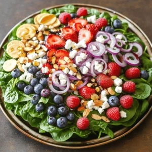 To create a vibrant Summer Berry Spinach Salad, gather the following ingredients: - 5 cups fresh baby spinach - 1 cup mixed berries (strawberries, blueberries, raspberries) - ½ cup crumbled feta cheese - ¼ cup sliced almonds - ¼ red onion - 3 tablespoons olive oil - 2 tablespoons balsamic vinegar - 1 tablespoon honey - Salt and pepper to taste Each ingredient plays a key role in this dish. The fresh baby spinach adds a crisp base. Mixed berries bring natural sweetness and color. Feta cheese provides a creamy texture that balances the sweet berries. Sliced almonds add crunch, while red onion gives a nice bite. For the dressing, high-quality olive oil and balsamic vinegar create a rich flavor. Honey enhances sweetness, making it perfect for summer. Salt and pepper round out the taste. This Summer Berry Spinach Salad is not only easy to make but also a feast for the eyes. You can find the full recipe details above for a step-by-step guide. Enjoy this refreshing dish any sunny day! Start by washing the fresh baby spinach. Place it in a large bowl and rinse it under cold water. Ensure you remove any grit or dirt. After washing, pat the spinach dry with a clean kitchen towel. This helps keep the leaves crisp. Now, place the dried spinach in your salad bowl. This vibrant green will serve as the salad’s base layer. Next, focus on the mixed berries. Rinse them gently under cold running water. Make sure to dry them with a clean kitchen towel. If you have strawberries, slice them into thin rounds or quarters. This step ensures an even distribution of sweetness. Add all the berries to the bowl with the spinach. You will create a colorful mix that looks as good as it tastes. Now, it’s time to build your salad. Evenly sprinkle crumbled feta cheese over the spinach and berry mix. This adds a creamy tang that complements the sweetness of the berries. In a small skillet, heat over medium heat. Add sliced almonds and toast them for about 3-4 minutes. Stir them frequently to avoid burning. Once they are golden brown, take them off the heat and let them cool slightly. For the dressing, mix olive oil, balsamic vinegar, honey, and a pinch of salt and pepper in a small bowl. Whisk these ingredients together until they are smooth. Drizzle the dressing generously over the salad. Toss gently to coat every leaf and berry well. Just before serving, scatter the toasted almonds and thinly sliced red onions on top. This adds crunch and a nice flavor contrast. For the full recipe, refer to the earlier section. To make the best Summer Berry Spinach Salad, start by choosing ripe and juicy berries. Look for berries that are bright in color and free from any bruises. Strawberries should be deep red, blueberries should be plump, and raspberries should have a rich hue. Firm berries taste better and hold up well in your salad. Next, identify fresh spinach leaves. Choose baby spinach with vibrant green color and no signs of wilting. The leaves should feel crisp and firm to the touch. Avoid any spinach that looks yellow or slimy. Fresh spinach provides a nice base for your salad. Adjust the sweetness of your dressing with honey. You can add more or less honey based on your taste. If you prefer a sweeter salad, add an extra tablespoon. This will help balance the flavors in your dish. Vinegar is key for balancing flavors. Balsamic vinegar brings a sweet acidity that pairs well with berries. If you want a tangier taste, try adding a splash of lemon juice. Experiment with the vinegar to find the right balance for your palate. Garnishing your salad adds visual appeal. Scatter a few whole berries on top for a pop of color. You can also sprinkle a bit more feta cheese for extra flair. A light dusting of fresh herbs, like mint, can elevate the look as well. For serving suggestions, consider a large platter for gatherings. This makes it easy for everyone to help themselves. You can also serve individual bowls for a more personal touch. Either way, your salad will look beautiful and inviting. For the full recipe, check out [Full Recipe]. {{image_4}} You can switch out the feta cheese for other options. Goat cheese adds a rich creaminess. If you want a dairy-free option, try avocado. It brings a smooth texture and healthy fats. When it comes to nuts or seeds, feel free to mix it up. Walnuts or pecans can add a nice crunch. Sunflower seeds or pumpkin seeds offer a different flavor and texture. These swaps can make your salad unique. To make this salad more filling, add grilled chicken or shrimp. Both proteins pair well with the berries and spinach. Just cook them with a bit of salt and pepper for flavor. You can also include more vegetables. Chopped cucumbers or bell peppers can add freshness. Carrots or radishes bring extra crunch and color. These add-ins can change the salad’s look and taste. For vegan options, replace the feta with tofu. It soaks up flavors well and adds protein. You can use maple syrup instead of honey for sweetness. If gluten is a concern, this salad is already gluten-free. Just make sure your dressing is gluten-free too. With these simple swaps, everyone can enjoy this vibrant dish. For the full recipe, check out the Summer Berry Spinach Salad. To keep your Summer Berry Spinach Salad fresh, use an airtight container. Glass or plastic containers work well for this purpose. Always make sure the container seals tightly to prevent air from getting inside. The salad will stay fresh for about 1 to 2 days in the fridge. However, the spinach may wilt over time. The berries can last longer, but they may lose some texture. You can prepare parts of the salad ahead of time. Wash and dry the spinach, then store it in a container with a paper towel. This will keep it crisp. You can also rinse the berries and slice the strawberries ahead of time. Just remember to keep them dry and in the fridge. For the dressing, mix all the ingredients in a jar. Seal it and store it in the fridge. You can make the dressing a few days in advance. Just give it a good shake before using it. This way, you can assemble the salad quickly when you are ready to serve. For the full recipe, click here: [Full Recipe]. To make a vegan version, you can swap out the feta cheese. Use avocado for creaminess or a vegan cheese. For the dressing, replace honey with maple syrup. This keeps the sweetness while making it plant-based. Yes, you can use frozen berries. They add great flavor and nutrition. Just remember to thaw them before adding to the salad. This helps avoid extra water in your dish. Frozen berries may not be as firm as fresh, so use them carefully. Store the salad in an airtight container in the fridge. This keeps it fresh longer. If you have leftovers, keep the dressing separate. This way, the salad stays crisp and tasty. The salad lasts about 2-3 days in the fridge. However, the berries and spinach may wilt over time. To enjoy the best taste, eat it within a day or two. This blog post covered a refreshing Summer Berry Spinach Salad. We discussed the ingredients you need, step-by-step prep, and assembly. Tips for choosing fresh items improve your salad's taste. We explored fun variations and how to store leftovers. In conclusion, this salad is easy to make and versatile. You can adjust it to fit your taste. Enjoy creating your healthy and vibrant dish!