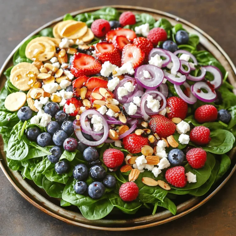 To create a vibrant Summer Berry Spinach Salad, gather the following ingredients: - 5 cups fresh baby spinach - 1 cup mixed berries (strawberries, blueberries, raspberries) - ½ cup crumbled feta cheese - ¼ cup sliced almonds - ¼ red onion - 3 tablespoons olive oil - 2 tablespoons balsamic vinegar - 1 tablespoon honey - Salt and pepper to taste Each ingredient plays a key role in this dish. The fresh baby spinach adds a crisp base. Mixed berries bring natural sweetness and color. Feta cheese provides a creamy texture that balances the sweet berries. Sliced almonds add crunch, while red onion gives a nice bite. For the dressing, high-quality olive oil and balsamic vinegar create a rich flavor. Honey enhances sweetness, making it perfect for summer. Salt and pepper round out the taste. This Summer Berry Spinach Salad is not only easy to make but also a feast for the eyes. You can find the full recipe details above for a step-by-step guide. Enjoy this refreshing dish any sunny day! Start by washing the fresh baby spinach. Place it in a large bowl and rinse it under cold water. Ensure you remove any grit or dirt. After washing, pat the spinach dry with a clean kitchen towel. This helps keep the leaves crisp. Now, place the dried spinach in your salad bowl. This vibrant green will serve as the salad’s base layer. Next, focus on the mixed berries. Rinse them gently under cold running water. Make sure to dry them with a clean kitchen towel. If you have strawberries, slice them into thin rounds or quarters. This step ensures an even distribution of sweetness. Add all the berries to the bowl with the spinach. You will create a colorful mix that looks as good as it tastes. Now, it’s time to build your salad. Evenly sprinkle crumbled feta cheese over the spinach and berry mix. This adds a creamy tang that complements the sweetness of the berries. In a small skillet, heat over medium heat. Add sliced almonds and toast them for about 3-4 minutes. Stir them frequently to avoid burning. Once they are golden brown, take them off the heat and let them cool slightly. For the dressing, mix olive oil, balsamic vinegar, honey, and a pinch of salt and pepper in a small bowl. Whisk these ingredients together until they are smooth. Drizzle the dressing generously over the salad. Toss gently to coat every leaf and berry well. Just before serving, scatter the toasted almonds and thinly sliced red onions on top. This adds crunch and a nice flavor contrast. For the full recipe, refer to the earlier section. To make the best Summer Berry Spinach Salad, start by choosing ripe and juicy berries. Look for berries that are bright in color and free from any bruises. Strawberries should be deep red, blueberries should be plump, and raspberries should have a rich hue. Firm berries taste better and hold up well in your salad. Next, identify fresh spinach leaves. Choose baby spinach with vibrant green color and no signs of wilting. The leaves should feel crisp and firm to the touch. Avoid any spinach that looks yellow or slimy. Fresh spinach provides a nice base for your salad. Adjust the sweetness of your dressing with honey. You can add more or less honey based on your taste. If you prefer a sweeter salad, add an extra tablespoon. This will help balance the flavors in your dish. Vinegar is key for balancing flavors. Balsamic vinegar brings a sweet acidity that pairs well with berries. If you want a tangier taste, try adding a splash of lemon juice. Experiment with the vinegar to find the right balance for your palate. Garnishing your salad adds visual appeal. Scatter a few whole berries on top for a pop of color. You can also sprinkle a bit more feta cheese for extra flair. A light dusting of fresh herbs, like mint, can elevate the look as well. For serving suggestions, consider a large platter for gatherings. This makes it easy for everyone to help themselves. You can also serve individual bowls for a more personal touch. Either way, your salad will look beautiful and inviting. For the full recipe, check out [Full Recipe]. {{image_4}} You can switch out the feta cheese for other options. Goat cheese adds a rich creaminess. If you want a dairy-free option, try avocado. It brings a smooth texture and healthy fats. When it comes to nuts or seeds, feel free to mix it up. Walnuts or pecans can add a nice crunch. Sunflower seeds or pumpkin seeds offer a different flavor and texture. These swaps can make your salad unique. To make this salad more filling, add grilled chicken or shrimp. Both proteins pair well with the berries and spinach. Just cook them with a bit of salt and pepper for flavor. You can also include more vegetables. Chopped cucumbers or bell peppers can add freshness. Carrots or radishes bring extra crunch and color. These add-ins can change the salad’s look and taste. For vegan options, replace the feta with tofu. It soaks up flavors well and adds protein. You can use maple syrup instead of honey for sweetness. If gluten is a concern, this salad is already gluten-free. Just make sure your dressing is gluten-free too. With these simple swaps, everyone can enjoy this vibrant dish. For the full recipe, check out the Summer Berry Spinach Salad. To keep your Summer Berry Spinach Salad fresh, use an airtight container. Glass or plastic containers work well for this purpose. Always make sure the container seals tightly to prevent air from getting inside. The salad will stay fresh for about 1 to 2 days in the fridge. However, the spinach may wilt over time. The berries can last longer, but they may lose some texture. You can prepare parts of the salad ahead of time. Wash and dry the spinach, then store it in a container with a paper towel. This will keep it crisp. You can also rinse the berries and slice the strawberries ahead of time. Just remember to keep them dry and in the fridge. For the dressing, mix all the ingredients in a jar. Seal it and store it in the fridge. You can make the dressing a few days in advance. Just give it a good shake before using it. This way, you can assemble the salad quickly when you are ready to serve. For the full recipe, click here: [Full Recipe]. To make a vegan version, you can swap out the feta cheese. Use avocado for creaminess or a vegan cheese. For the dressing, replace honey with maple syrup. This keeps the sweetness while making it plant-based. Yes, you can use frozen berries. They add great flavor and nutrition. Just remember to thaw them before adding to the salad. This helps avoid extra water in your dish. Frozen berries may not be as firm as fresh, so use them carefully. Store the salad in an airtight container in the fridge. This keeps it fresh longer. If you have leftovers, keep the dressing separate. This way, the salad stays crisp and tasty. The salad lasts about 2-3 days in the fridge. However, the berries and spinach may wilt over time. To enjoy the best taste, eat it within a day or two. This blog post covered a refreshing Summer Berry Spinach Salad. We discussed the ingredients you need, step-by-step prep, and assembly. Tips for choosing fresh items improve your salad's taste. We explored fun variations and how to store leftovers. In conclusion, this salad is easy to make and versatile. You can adjust it to fit your taste. Enjoy creating your healthy and vibrant dish!