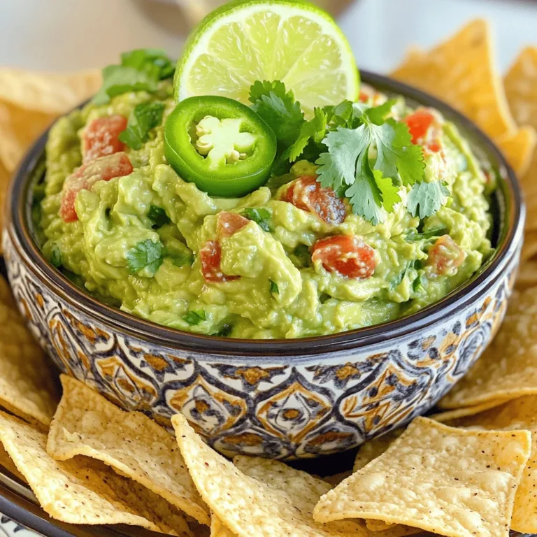 To make a great guacamole, you need just a few simple items. Here’s what you’ll need: - 3 ripe avocados - 1 medium tomato, diced - 1/4 cup red onion, finely chopped - 1 jalapeño pepper, deseeded and minced - 2 cloves garlic, minced - Juice from 2 fresh limes - 1/4 cup fresh cilantro, finely chopped - Salt and pepper to taste These ingredients come together to create a creamy and zesty dip. Each one adds its own flavor. The avocados bring richness. The lime juice adds brightness. And the jalapeño gives it a nice kick. You can personalize your guacamole by adjusting the ingredients. For example, you can add more lime juice for extra tang or skip the jalapeño if you prefer less spice. I enjoy using fresh ingredients. They make a big difference in taste. Fresh cilantro adds a burst of flavor. Each bite becomes more exciting with its herbaceous notes. If you want to try a twist, check the Full Recipe. It offers a fun way to enjoy guacamole. Start by slicing the avocados in half. Use a knife to carefully remove the pit. I like to use a spoon to scoop the creamy flesh into a bowl. Make sure to discard the skin. Next, take a fork and mash the avocado. You can choose how smooth or chunky you want it. If you like it creamy, mash it well. For a bit of texture, leave some chunks. Now it’s time to mix in the other ingredients. Add the diced tomato, chopped red onion, minced jalapeño, and garlic. Stir gently to combine the flavors evenly. Squeeze fresh lime juice over the mixture. This adds a bright flavor. Then, fold in the chopped cilantro. It brings a nice herb taste to the guacamole. Finally, season with salt and pepper to taste. Give it one last quick mix. Serve your guacamole right away with crispy tortilla chips. Enjoy this creamy delight with friends! For the full recipe, check out the detailed instructions. For the best guacamole, choose Hass avocados. They are creamy and rich. Look for avocados that feel soft but not mushy. A ripe avocado should yield to gentle pressure. If it feels hard, it needs more time to ripen. Place unripe avocados in a paper bag to speed up the ripening process. To elevate your guacamole, try adding spices. Cumin adds warmth and depth. You can also mix in some chili powder for a smoky flavor. Want more heat? Add more jalapeño or even diced serrano peppers. You can adjust the heat level to fit your taste. Present your guacamole in a colorful bowl. A bright dish makes it pop! Garnish with cilantro leaves or a lime wedge. This adds freshness and color. For serving, use a wooden board or a platter. Arrange tortilla chips around your guacamole for a fun display. It makes for a perfect party snack. {{image_4}} Guacamole is a versatile dish. You can change it up easily. Here are some fun ideas to make your guacamole special. You can mix in fruits like mango or pineapple. They add a sweet twist. The sweetness balances the creamy avocado. You can also spice things up with different peppers. Try a serrano or habanero for a hotter guacamole. These peppers bring a nice kick! Want a richer flavor? Try adding Greek yogurt or sour cream. These ingredients make the guacamole creamier and tangy. You can also mix in cheese. Crumbled feta or cotija adds a salty touch that works well. Guacamole is great for many diets. It’s naturally vegan and gluten-free. Just avoid dairy if you're vegan. For low-carb options, skip the chips. Instead, serve it with veggie sticks like carrots or cucumbers. This keeps it healthy and fresh. Feel free to explore these variations to find your favorite. For the full recipe, check out the Creamy Avocado Fiesta! To keep your guacamole fresh, store it in an airtight container. Press plastic wrap directly onto the surface of the guacamole before sealing the lid. This helps reduce air exposure, which causes browning. Place it in the fridge and use it within two days for the best taste. Guacamole turns brown due to oxidation. To keep it fresh and green, use lime juice. The acid in lime juice slows down the browning process. You can also add a thin layer of water or olive oil on top before sealing the container. When ready to eat, just pour off the liquid and mix again. Can you freeze guacamole? Yes, you can freeze it for later use! To freeze guacamole, spoon it into a freezer-safe bag or container. Remove as much air as possible to avoid freezer burn. When you want to use it, thaw it in the fridge overnight. For best results, use frozen guacamole within three months. Serve guacamole in a bowl with tortilla chips. You can also add veggies like carrots or cucumber sticks. This way, everyone can dip in and enjoy. For a fun touch, garnish the guacamole with cilantro or lime slices. It makes the dish look pretty and fresh. Yes, you can make guacamole ahead of time. Store it in an airtight container to keep it fresh. To slow browning, press plastic wrap directly on the surface before sealing the lid. It will stay good for about a day in the fridge. Add minced jalapeño or a dash of hot sauce for heat. If you want more spice, try adding diced serrano peppers. Taste as you go to find the right balance. Remember, you can always add more spice, but it’s tough to take it away! If your guacamole is too salty, try adding more mashed avocado. This will balance the saltiness. You can also mix in some diced tomatoes or a bit of lime juice. These add flavor and help reduce the salty taste. Yes, guacamole is healthy! It’s made from avocados, which are full of good fats. These fats help your heart. Guacamole also has fiber and vitamins. Enjoy it in moderation, and you get a tasty and nutritious snack. For the full recipe, check the full recipe. Classic guacamole is simple and delicious with just a few key ingredients. You learned how to prepare and mix avocados, tomatoes, onions, and seasoning. We discussed tips for selecting ripe avocados and flavor boosts to make your guacamole stand out. You can also explore various fun twists, like adding fruits or creamy elements. Remember to store leftovers properly to keep them fresh. With these easy steps, you can enjoy great guacamole anytime. Now, it's time to get creative and make your perfect dip!
