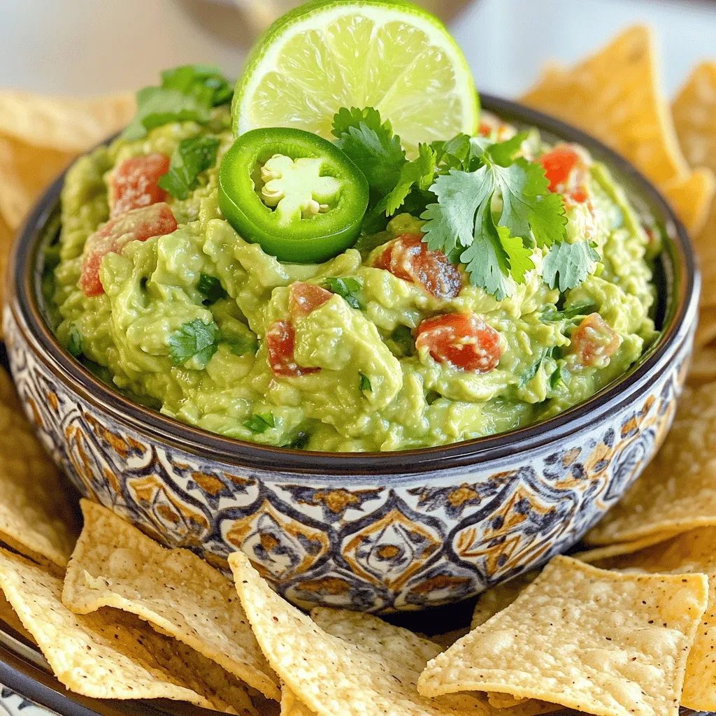 To make a great guacamole, you need just a few simple items. Here’s what you’ll need: - 3 ripe avocados - 1 medium tomato, diced - 1/4 cup red onion, finely chopped - 1 jalapeño pepper, deseeded and minced - 2 cloves garlic, minced - Juice from 2 fresh limes - 1/4 cup fresh cilantro, finely chopped - Salt and pepper to taste These ingredients come together to create a creamy and zesty dip. Each one adds its own flavor. The avocados bring richness. The lime juice adds brightness. And the jalapeño gives it a nice kick. You can personalize your guacamole by adjusting the ingredients. For example, you can add more lime juice for extra tang or skip the jalapeño if you prefer less spice. I enjoy using fresh ingredients. They make a big difference in taste. Fresh cilantro adds a burst of flavor. Each bite becomes more exciting with its herbaceous notes. If you want to try a twist, check the Full Recipe. It offers a fun way to enjoy guacamole. Start by slicing the avocados in half. Use a knife to carefully remove the pit. I like to use a spoon to scoop the creamy flesh into a bowl. Make sure to discard the skin. Next, take a fork and mash the avocado. You can choose how smooth or chunky you want it. If you like it creamy, mash it well. For a bit of texture, leave some chunks. Now it’s time to mix in the other ingredients. Add the diced tomato, chopped red onion, minced jalapeño, and garlic. Stir gently to combine the flavors evenly. Squeeze fresh lime juice over the mixture. This adds a bright flavor. Then, fold in the chopped cilantro. It brings a nice herb taste to the guacamole. Finally, season with salt and pepper to taste. Give it one last quick mix. Serve your guacamole right away with crispy tortilla chips. Enjoy this creamy delight with friends! For the full recipe, check out the detailed instructions. For the best guacamole, choose Hass avocados. They are creamy and rich. Look for avocados that feel soft but not mushy. A ripe avocado should yield to gentle pressure. If it feels hard, it needs more time to ripen. Place unripe avocados in a paper bag to speed up the ripening process. To elevate your guacamole, try adding spices. Cumin adds warmth and depth. You can also mix in some chili powder for a smoky flavor. Want more heat? Add more jalapeño or even diced serrano peppers. You can adjust the heat level to fit your taste. Present your guacamole in a colorful bowl. A bright dish makes it pop! Garnish with cilantro leaves or a lime wedge. This adds freshness and color. For serving, use a wooden board or a platter. Arrange tortilla chips around your guacamole for a fun display. It makes for a perfect party snack. {{image_4}} Guacamole is a versatile dish. You can change it up easily. Here are some fun ideas to make your guacamole special. You can mix in fruits like mango or pineapple. They add a sweet twist. The sweetness balances the creamy avocado. You can also spice things up with different peppers. Try a serrano or habanero for a hotter guacamole. These peppers bring a nice kick! Want a richer flavor? Try adding Greek yogurt or sour cream. These ingredients make the guacamole creamier and tangy. You can also mix in cheese. Crumbled feta or cotija adds a salty touch that works well. Guacamole is great for many diets. It’s naturally vegan and gluten-free. Just avoid dairy if you're vegan. For low-carb options, skip the chips. Instead, serve it with veggie sticks like carrots or cucumbers. This keeps it healthy and fresh. Feel free to explore these variations to find your favorite. For the full recipe, check out the Creamy Avocado Fiesta! To keep your guacamole fresh, store it in an airtight container. Press plastic wrap directly onto the surface of the guacamole before sealing the lid. This helps reduce air exposure, which causes browning. Place it in the fridge and use it within two days for the best taste. Guacamole turns brown due to oxidation. To keep it fresh and green, use lime juice. The acid in lime juice slows down the browning process. You can also add a thin layer of water or olive oil on top before sealing the container. When ready to eat, just pour off the liquid and mix again. Can you freeze guacamole? Yes, you can freeze it for later use! To freeze guacamole, spoon it into a freezer-safe bag or container. Remove as much air as possible to avoid freezer burn. When you want to use it, thaw it in the fridge overnight. For best results, use frozen guacamole within three months. Serve guacamole in a bowl with tortilla chips. You can also add veggies like carrots or cucumber sticks. This way, everyone can dip in and enjoy. For a fun touch, garnish the guacamole with cilantro or lime slices. It makes the dish look pretty and fresh. Yes, you can make guacamole ahead of time. Store it in an airtight container to keep it fresh. To slow browning, press plastic wrap directly on the surface before sealing the lid. It will stay good for about a day in the fridge. Add minced jalapeño or a dash of hot sauce for heat. If you want more spice, try adding diced serrano peppers. Taste as you go to find the right balance. Remember, you can always add more spice, but it’s tough to take it away! If your guacamole is too salty, try adding more mashed avocado. This will balance the saltiness. You can also mix in some diced tomatoes or a bit of lime juice. These add flavor and help reduce the salty taste. Yes, guacamole is healthy! It’s made from avocados, which are full of good fats. These fats help your heart. Guacamole also has fiber and vitamins. Enjoy it in moderation, and you get a tasty and nutritious snack. For the full recipe, check the full recipe. Classic guacamole is simple and delicious with just a few key ingredients. You learned how to prepare and mix avocados, tomatoes, onions, and seasoning. We discussed tips for selecting ripe avocados and flavor boosts to make your guacamole stand out. You can also explore various fun twists, like adding fruits or creamy elements. Remember to store leftovers properly to keep them fresh. With these easy steps, you can enjoy great guacamole anytime. Now, it's time to get creative and make your perfect dip!