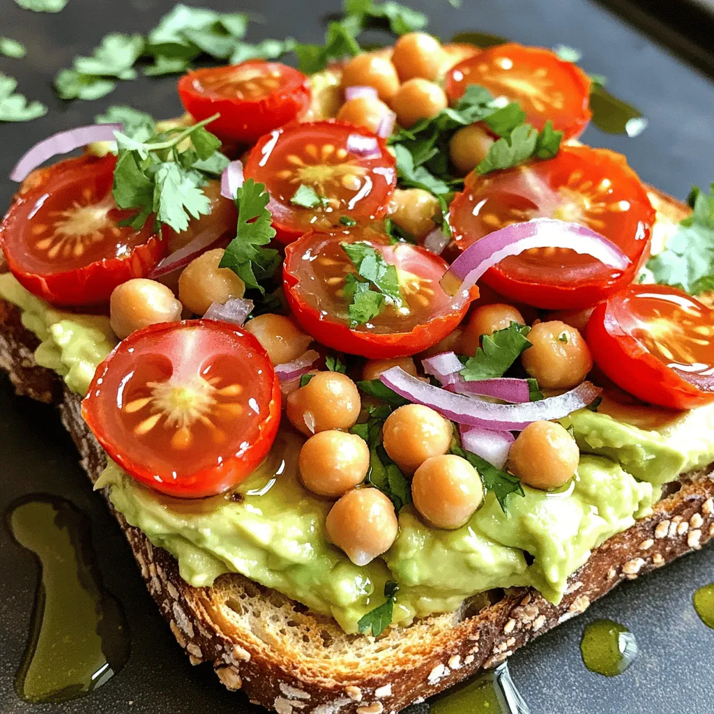 - 1 can (15 oz) chickpeas, drained and rinsed - 2 ripe avocados - 1 tablespoon fresh lemon juice - 1 clove garlic, finely minced Chickpeas and avocados are the stars of this dish. Chickpeas give a nice, hearty feel. They are rich in protein and fiber. Ripe avocados add creaminess and healthy fats. Lemon juice brightens the mix, while garlic adds depth. - 1/4 teaspoon ground cumin - Salt and freshly ground black pepper - 4 slices of whole grain bread Cumin brings warmth to the mix. Salt and pepper help enhance the flavors. Whole grain bread gives a hearty base that complements the toppings well. Choose bread that toasts nicely for the best crunch. - 1 small red onion, finely chopped - 1/2 cup cherry tomatoes, halved - Fresh cilantro or parsley, chopped - Extra virgin olive oil for drizzling Toppings add fun and flavor. Red onion gives a sweet bite, while cherry tomatoes add freshness. Fresh herbs like cilantro or parsley add color and taste. A drizzle of olive oil adds richness that ties everything together. For the full recipe, check the [Full Recipe]. 1. Start by opening the can of chickpeas. Drain and rinse them well. This helps remove extra sodium and gives a cleaner taste. 2. In a medium bowl, use a fork or potato masher to lightly mash the chickpeas. Aim for a mix of chunky and smooth. This texture makes the spread more fun to eat. 3. Next, scoop out the ripe avocados and add them to the bowl. The creaminess of the avocado balances the chickpeas perfectly. 4. Pour in the fresh lemon juice and add the minced garlic. This gives your mixture a zesty kick. 5. Sprinkle in the ground cumin, salt, and black pepper. Adjust the seasonings based on your taste. Mix everything together until it’s creamy but still a bit chunky. 1. Take your slices of whole grain bread. Lightly toast them in a toaster or on a skillet. Aim for a golden brown color. 2. For a perfect crunch, keep an eye on the bread while toasting. Too light and it’s soft; too dark and it burns. You want that nice, crispy bite. 1. Once your bread is ready, take a generous scoop of the chickpea-avocado mixture. Spread it evenly over each slice of toast. 2. Now, chop the red onion finely and halve the cherry tomatoes. Scatter these colorful toppings over the spread for a fresh crunch. 3. Drizzle a touch of extra virgin olive oil over the top. This adds richness and a lovely finish. 4. Finish with a sprinkle of fresh cilantro or parsley. This not only looks great but also adds a burst of flavor. For the full recipe, check out the [Full Recipe]. Enjoy your vibrant and flavorful chickpea avocado toast! To make your chickpea avocado toast burst with flavor, start by adjusting the seasonings. Everyone's taste is different, and you may want more lemon or salt. Adding spices can also elevate the taste. Fresh ingredients are key. Ripe avocados give a creamy texture that blends beautifully with chickpeas. Use freshly squeezed lemon juice for the best zing. When mashing chickpeas, aim for a mix of chunky and smooth. This gives a nice texture that feels great on the palate. Use a fork or potato masher for this. Avoid over-mashing; you want some bits to stay whole. Ripe avocados are essential too. If they are too firm, the mixture won’t be creamy. Look for avocados that yield slightly when pressed. Presentation matters when serving your toast. Arrange the toasts on a wooden or elegant platter. This adds a rustic charm. You can also place extra cherry tomatoes around the toasts. This makes the dish look colorful and fresh. Drizzle olive oil on top for a glossy finish. A sprinkle of herbs adds a pop of green and invites your guests to dig in. {{image_4}} You can easily change the flavor of your chickpea avocado toast. Start by adding spices like smoked paprika or chili flakes. They give a warm kick that brings out the creaminess of the avocado. You might also try adding fresh herbs like basil or dill. These herbs add a fresh twist and brighten up your dish. Explore different toppings to make your toast unique. Adding protein like feta cheese crumbles or a poached egg can boost flavor and nutrition. For extra crunch, consider adding thinly sliced radishes or refreshing cucumbers. These toppings not only add texture but also enhance the color of your dish. Chickpea avocado toast is great for brunch or a light lunch. You can serve it with a side salad or crispy sweet potato fries for a hearty meal. Pair it with a refreshing iced tea or a glass of lemonade to complete the experience. Each bite is a fresh and flavorful delight that you can enjoy any time of day. Check out the Full Recipe for more tips! To keep your chickpea mixture fresh, store it in an airtight container. This helps lock in flavors. Always refrigerate the mixture right after you finish your meal. For the toasted bread, keep it separate from the chickpeas. Wrap the slices in foil or place them in a zip-top bag. This prevents the bread from getting soggy. Yes, you can freeze the chickpea-avocado mixture! Just place it in a freezer-safe container. Leave some space at the top, as it will expand. When you're ready to use it, take it out and thaw it in the fridge overnight. For serving, give it a quick stir. This helps bring back its creamy texture. You can refrigerate leftovers for about three days. After that, the quality drops. Always check for signs of spoilage. If the mixture smells off or looks discolored, it’s best to toss it. Keep an eye out for any mold or an unusual texture. It’s better to be safe than sorry when it comes to food! For chickpea avocado toast, I love using whole grain bread. Its dense texture holds the spread well. Sourdough also works great; it adds a tangy taste. If you want something softer, try multigrain bread. Look for bread that is sturdy enough to support the toppings without getting soggy. Yes, this recipe is vegan! Both chickpeas and avocados are plant-based. You can enjoy this dish without any animal products. Just ensure that your bread is vegan-friendly too. Most whole grain and multigrain breads are vegan. To make this recipe gluten-free, choose gluten-free bread. Many stores offer a variety of gluten-free options now. Check the label to ensure it’s truly gluten-free. Also, all other ingredients in this recipe are gluten-free. You can enjoy this delicious toast without worry. Chickpeas are high in protein and fiber. They help keep you full and satisfied. Avocados provide healthy fats, which are good for your heart. Together, they make a nutritious combo. In terms of calories, this dish is balanced. One serving has around 300 calories, depending on the bread. Each ingredient adds its own nutrients. This makes chickpea avocado toast great for a snack or meal. This blog post covered the ingredients for chickpea avocado toast, how to prepare it, and tips for great flavor and texture. You learned about various toppings, ways to store leftovers, and how to adapt the recipe to meet dietary needs. Remember, chickpea avocado toast is fun to make and packed with nutrients. You can customize it for any meal. Try different flavors and toppings to keep things exciting. Enjoy experimenting and creating your own delicious versions!