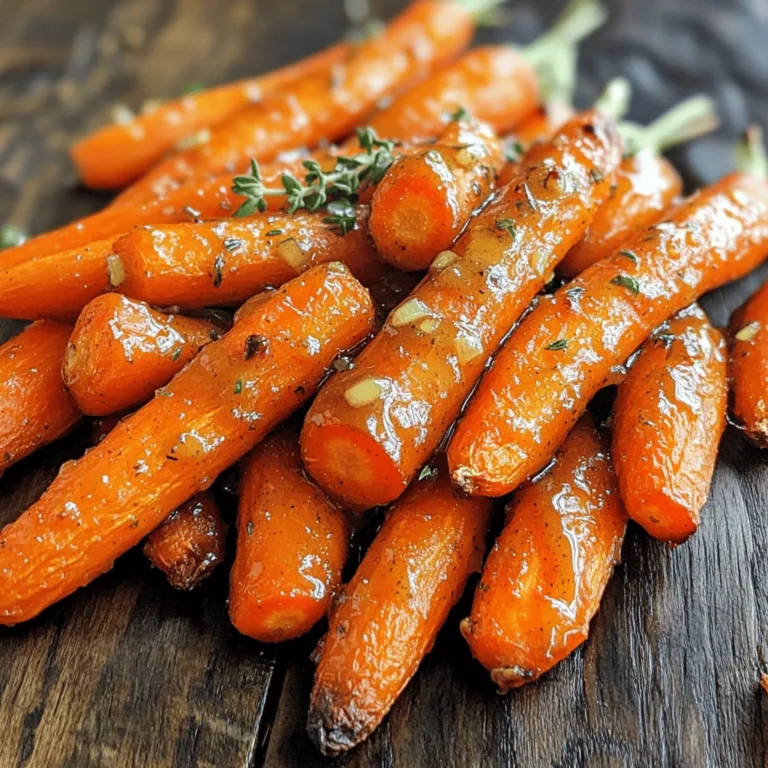 - Baby carrots (or medium carrots) - Honey - Garlic - Extra virgin olive oil - Balsamic vinegar - Sea salt and freshly cracked black pepper - Fresh thyme leaves or parsley (optional) - 1 lb of baby carrots - 2 tablespoons of honey - 3 cloves of garlic - 2 tablespoons of olive oil - 1 tablespoon of balsamic vinegar - Calories per serving: 120 - Breakdown of macronutrients: - Total fat: 5g - Carbohydrates: 18g - Protein: 1g When I create honey garlic roasted carrots, I choose baby carrots for their sweetness. They cook quickly and stay tender. Honey brings a lovely glaze and rich flavor. Garlic adds depth and a savory kick. Extra virgin olive oil makes everything smooth and rich. Balsamic vinegar gives a nice tang that cuts through the sweetness. For a serving of four, you’ll need 1 pound of baby carrots, 2 tablespoons of honey, and 3 cloves of garlic. Two tablespoons of olive oil help with roasting. You’ll also want 1 tablespoon of balsamic vinegar to enhance the flavors. In each serving, you get about 120 calories. The dish provides 5 grams of fat, mostly from olive oil. It has 18 grams of carbohydrates, which mainly come from the carrots. You’ll also get a little protein, around 1 gram per serving. If you want to add a pop of color, fresh thyme or parsley works well. It adds a hint of fresh flavor too. You can find the full recipe linked above. Preheat your oven to 400°F (200°C). This is the ideal temperature for roasting. Preheating helps the carrots cook evenly and develop a nice caramel color. In a large bowl, mix these ingredients: - 2 tablespoons honey - 3 cloves garlic, minced - 2 tablespoons extra virgin olive oil - 1 tablespoon balsamic vinegar - Sea salt and freshly cracked black pepper Stir well until you have a smooth mixture. Seasoning is key to enhance the flavor of the carrots. Add 1 pound of baby carrots to the bowl. Toss them gently to ensure each carrot is coated. This helps the carrots soak up all the delicious flavor. Coating also promotes caramelization, giving the carrots a sweet, rich taste. Line a baking sheet with parchment paper. Lay the coated carrots in a single layer. Make sure they have space around them. This allows hot air to circulate, ensuring even cooking. Put the baking sheet in the oven and roast for 20-25 minutes. Halfway, stir or shake the carrots for even cooking. You want them fork-tender with a golden glaze. After roasting, take the carrots out of the oven. Let them cool for a few minutes. This cooling step enhances their flavor. Serve them in a dish, and drizzle any leftover sauce on top. For a final touch, sprinkle fresh thyme or parsley for color and freshness. For the full recipe, check out the details above. - Best varieties for roasting: I love using baby carrots for their sweetness and tenderness. You can also use medium carrots. Just peel and cut them into even sticks. - Preferred size for even cooking: Choose carrots that are similar in size. This helps them roast evenly. Aim for pieces about 2 to 4 inches long. - Suggestions for additional herbs and spices: Add fresh rosemary or dill for a unique touch. A sprinkle of cumin or paprika can also boost flavor. - Alternative sweeteners and acids: Try using maple syrup instead of honey for a different sweetness. Lemon juice can replace balsamic vinegar for a bright zing. - Pairing with proteins: These carrots pair well with grilled chicken or roasted pork. Their sweetness complements savory dishes nicely. - Ideal side dishes for complete meal: Serve with creamy mashed potatoes or quinoa salad. A fresh green salad also rounds out the meal beautifully. For the full recipe, check out my Honey Garlic Glazed Carrots 🥕! {{image_4}} You can change the glaze to suit your taste. One option is to use maple syrup instead of honey. Maple gives a sweet, earthy flavor. You can also try citrus juices, like orange or lemon, for a tangy twist. They add freshness and brightness to the dish. You don't have to roast the carrots if you prefer a different method. You can sauté them on the stovetop. Just heat some olive oil in a pan, add the carrots, and cook until tender. Another option is using an air fryer. Set the temperature to 375°F and cook for about 15 minutes, shaking the basket halfway through. Feel free to mix in other vegetables for variety. You can add bell peppers, zucchini, or even red onions. These blend well and add different colors and flavors. Customizing your veggie blend makes the dish unique and fun! To refrigerate leftover honey garlic roasted carrots, cool them first. Place the carrots in an airtight container. Keep them in the fridge for up to three days. Make sure the container seals well to keep moisture in. Glass or plastic containers work great. To freeze cooked carrots, let them cool completely. Spread them on a baking sheet in a single layer. Freeze them for about one hour until firm. Then, transfer the carrots to a freezer bag or a container. Remove as much air as possible to avoid freezer burn. These can last for up to three months. When ready to use, thaw them overnight in the fridge. For the best flavor and texture, reheat carrots in the oven. Preheat it to 350°F (175°C). Spread the carrots on a baking sheet and heat for about 10 to 15 minutes. This method keeps them tender and warms them evenly. If you’re in a rush, use the microwave. Place the carrots in a microwave-safe dish, cover it with a lid, and heat for 1-2 minutes. This method is quick but may make them softer than oven reheating. To make honey garlic roasted carrots, start by preheating your oven to 400°F (200°C). This helps get the perfect roast. In a bowl, mix together honey, minced garlic, olive oil, balsamic vinegar, salt, and pepper. Make sure it is blended well. Next, toss your carrots in this mix until they are coated. Then, spread them out on a lined baking sheet in a single layer. Roast them for 20-25 minutes, stirring halfway through. They should be tender and slightly caramelized. Finally, let them cool briefly before serving. You can use frozen carrots, but the texture and taste will change. Frozen carrots may be softer after cooking. This can lead to a mushy result. If you choose to use them, reduce the cooking time slightly. This helps prevent overcooking. You might also want to drain excess moisture before coating them in the sauce. This keeps the flavor bright and fresh. To thicken the honey garlic sauce, consider adding more honey. This increases the viscosity naturally. You can also use cornstarch or arrowroot. Mix a small amount with cold water to form a slurry, then add it to the sauce. Heat it gently until it thickens. Another option is to simmer the sauce on low heat to reduce the liquid. This concentrates the flavors and enhances thickness. You can use many herbs to change the flavor. Fresh thyme is a great option that pairs well. Rosemary adds a strong, earthy taste. You might also try dill for a bright flavor. Each herb will impact the overall profile. Adding herbs can make your dish unique and exciting. Just remember to use them sparingly for the best balance. Roasting honey garlic carrots is simple and fun. You can use fresh or even frozen carrots. The right mix of flavors, like honey and garlic, makes each bite tasty. Don't forget about tips for storage and reheating; they keep your carrots fresh. Feel free to try different herbs or even swap honey for maple syrup. Enjoy your tasty side dish with your favorite meal. With this guide, you can impress anyone at your table.