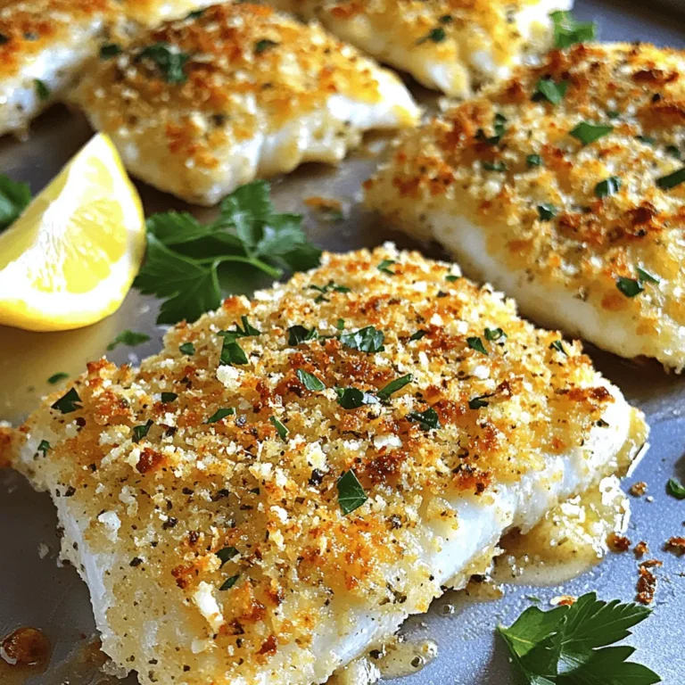 - 4 tilapia fillets - 1 cup grated Parmesan cheese - 1/2 cup panko breadcrumbs - 2 cloves garlic, minced - 1 teaspoon dried oregano - 1/2 teaspoon black pepper - 1/4 teaspoon salt - 2 tablespoons fresh parsley, chopped (for garnish) - 3 tablespoons olive oil - 1 lemon, cut into wedges for serving - Additions like paprika or cayenne pepper for extra flavor - Alternative fish types or plant-based substitutes For this recipe, I use fresh tilapia fillets. They have a mild taste that pairs well with the crispy coating. The Parmesan cheese gives a rich flavor and a nice crunch. You can find panko breadcrumbs at most grocery stores. They make the crust extra crispy. I often add minced garlic to the mix. It enhances the taste and adds a lovely aroma. Dried oregano brings warmth and earthiness too. If you like some heat, sprinkle in paprika or cayenne pepper. You can also swap tilapia for other fish, like cod or salmon. If you prefer a plant-based option, try tofu or eggplant. This dish is simple yet full of flavor. I love serving it with lemon wedges. The lemon adds a fresh touch that brightens the meal. Don't forget to sprinkle fresh parsley on top for color and taste. For the full recipe, check the earlier section. - Preheat the oven to 425°F (220°C). - Line a baking sheet with parchment paper. First, set your oven. This helps the fish cook evenly. Lining the sheet makes cleanup easy. - Combine all dry ingredients in a mixing bowl. - Mix thoroughly until well-blended. In a large bowl, mix the grated Parmesan, panko breadcrumbs, minced garlic, dried oregano, black pepper, and salt. Stir well so every piece is covered with flavor. This coating adds a crispy, cheesy layer to the fish. - Pat tilapia fillets dry. - Coat fillets in olive oil, then dredge in the Parmesan mixture. Take your tilapia fillets and dry them with a paper towel. This step is key! A dry surface helps the coating stick better. Next, drizzle olive oil on both sides of each fillet. Finally, dip each fillet into the Parmesan mix. Press down gently to make sure it sticks well. - Place coated fillets on the baking sheet. - Bake for 15-20 minutes until golden crispy. Lay the coated tilapia on your baking sheet, making sure they have space. Slide the sheet into your oven. Bake for 15 to 20 minutes. The fish should be golden brown and flaky when done. You just made a crispy, flavorful dish! For the full recipe, check the earlier section. To make your Parmesan crusted tilapia even better, try adding herbs. You can mix in some chopped thyme or basil. A hint of lemon zest in the coating brings freshness. Use fresh garlic instead of minced garlic for a stronger flavor. For a crispy crust, ensure the tilapia is dry. Use paper towels to pat the fillets well. Drizzle a good amount of olive oil on each side. Press the Parmesan mixture firmly onto the fish. This helps the crust stick better. Bake the fish on a hot oven for that perfect crunch. Pair your tilapia with sides that balance its flavor. Steamed broccoli or green beans work great. A light salad with arugula adds a nice touch. You can also serve it with rice or quinoa for a filling meal. Garnish the dish with fresh parsley for color. A slice of lemon on the side adds brightness. You can also sprinkle some extra Parmesan on top before serving for added richness. One common mistake is overcooking the fish. Keep an eye on your tilapia while it bakes. It should flake easily with a fork. If it looks dry or hard, it’s overdone. Another mistake is not coating evenly. Make sure each fillet gets a nice, thick layer of the Parmesan mixture. This ensures a crispy bite every time. Press down gently on the coating to make sure it sticks well. {{image_4}} If you want to switch things up, you can use other fish. Good substitutes for tilapia include: - Cod - Haddock - Catfish - Snapper Each fish has its own texture and flavor. Cod is flaky and mild, while haddock has a slightly sweet taste. When using thicker fish like cod, you may need to bake it a bit longer. Adjust cooking time to about 20-25 minutes. The key is to check that the fish flakes easily with a fork when done. For a gluten-free version, simply swap out the panko breadcrumbs. You can use: - Almond flour - Gluten-free breadcrumbs - Crushed rice crackers Make sure to check labels when buying these items. They should not contain any hidden gluten. When using these alternatives, the baking time stays about the same. Just keep an eye on the crust to ensure it stays crispy. To change the flavor, add herbs or spices. Here are some ideas: - Basil for an Italian twist - Paprika for a smoky flavor - Cumin for a warm, earthy taste You can also try creative toppings. A fresh salsa or a lemon butter sauce can elevate the dish. Drizzle a sauce on top after baking for an extra kick. These adjustments can make your meal feel new and exciting. For the full recipe, refer back to the main section. To store leftovers safely, let the tilapia cool first. Place it in an airtight container. This keeps moisture in and prevents drying. You can store it in the fridge for up to three days. For best results, use glass or plastic containers with tight lids. These containers help keep the fish fresh longer. To reheat and keep it crispy, use the oven. Preheat the oven to 350°F (175°C). Place the tilapia on a baking sheet for about 10 minutes. This method keeps the crust crunchy. Avoid using the microwave if you want to maintain texture. The microwave can make the fish soggy and less appetizing. To freeze uncooked tilapia, wrap each fillet in plastic wrap and place in a freezer bag. This helps prevent freezer burn. For cooked tilapia, let it cool completely first. Then, place it in a freezer-safe container. You can store it this way for up to three months. When ready to eat, thaw in the fridge overnight for best results. I love serving Parmesan crusted tilapia with fresh vegetables. Here are my top picks: - Steamed broccoli - Roasted asparagus - Garlic mashed potatoes - Quinoa salad These sides add color and nutrition to your plate. They also balance the flavors of the fish well. You can try mixing some lemon juice into your veggies. It brings a bright taste that pairs nicely. Yes, you can use frozen tilapia! Just follow these tips: - Thaw the fish overnight in the fridge. - If you’re short on time, submerge the package in cold water for about 30 minutes. Make sure to pat the fillets dry before coating. This helps the crust stick better. Using frozen fish can still lead to a delicious meal. To check if tilapia is done, look for these signs: - The fish should flake easily with a fork. - It should turn opaque and lose its shiny look. I recommend using a food thermometer, too. The internal temperature should reach 145°F (63°C). This ensures your fish is safe to eat. Yes, you can make this dish dairy-free! Here are some ideas: - Use nutritional yeast instead of Parmesan for a cheesy flavor. - Try dairy-free cheese alternatives. - You can also skip cheese and focus on herbs for taste. These swaps allow everyone to enjoy the dish. You still get great flavor with these changes. Don't forget to check the labels for allergens! For the full recipe, take a look at the detailed steps. Enjoy your cooking! This blog post guided you through making delicious Parmesan crusted tilapia. We covered the necessary ingredients, simple steps, and helpful tips for great flavor. You learned about variations and how to store leftovers too. Cooking fish can be fun and easy. With these steps, you can create a tasty meal. Enjoy experimenting with different flavors and sides. Happy cooking!
