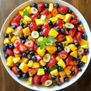 - 1 cup strawberries, hulled and sliced - 1 cup blueberries - 1 ripe mango, peeled and diced - 1 cup pineapple, diced - 1 banana, sliced The fruit selection is key. I enjoy using a mix of colors and flavors. Strawberries bring sweetness, while blueberries add a nice pop of tartness. The mango gives a tropical vibe, and pineapple adds a refreshing taste. The banana adds creaminess and helps balance the flavors. - 1/4 cup honey - 2 tablespoons freshly squeezed lime juice - Zest of 1 lime The dressing pulls everything together. I use honey for natural sweetness. Fresh lime juice brightens the dish, making it taste fresh. The lime zest adds an extra layer of flavor that's hard to resist. - Fresh mint leaves, for garnish Mint leaves add a beautiful touch. They not only look good but also give a nice hint of freshness. If you want to impress guests, sprinkle some mint on top before serving. Make sure to check out the Full Recipe for a detailed guide on how to combine these ingredients into a delicious Honey Lime Fruit Salad. To start, gather your fruits. Grab one cup of hulled and sliced strawberries, one cup of blueberries, one ripe mango peeled and diced, one cup of diced pineapple, and one sliced banana. In a large mixing bowl, combine all these fruits. Gently mix them to spread the flavors evenly. This step helps each fruit shine in the salad. Next, we make the dressing. In a separate bowl, add a quarter cup of honey, two tablespoons of freshly squeezed lime juice, and the zest of one lime. I like to whisk these together until the mixture is smooth. This dressing adds a sweet and zesty kick to the salad. Now, it's time to bring it all together. Drizzle the honey-lime dressing over your prepared fruits. Toss everything gently with a spatula or large spoon. Make sure each piece of fruit gets coated in the dressing. Let the salad sit for about ten minutes at room temperature. This resting time lets the flavors blend beautifully. Enjoy your fresh and colorful Honey Lime Fruit Salad! You can find the Full Recipe for details on preparation. To make a great Honey Lime Fruit Salad, choose ripe, seasonal fruits. Fresh fruits provide the best taste and texture. Look for strawberries with bright red color. Blueberries should be plump and firm. Pick mangoes that give slightly when you press them. Pineapples should smell sweet at the base. Bananas need to be ripe but not brown. When you select these fruits, you ensure a delightful salad. Let your salad rest for at least 10 minutes before serving. This short wait helps the flavors blend. The honey lime dressing seeps into the fruits. This makes each bite burst with flavor. The longer the salad sits, the better it tastes. You can prepare this ahead of time for easy serving. Presentation matters when serving this salad. You can use individual bowls for a personal touch. A large platter works well for gatherings. Arrange the fruits in a colorful pattern. Add lime wedges on the side for extra zest. A few fresh mint leaves on top make it look appealing. Your guests will love the bright colors and fresh taste. For the full recipe, check the instructions above. {{image_4}} You can easily change this fruit salad to suit your taste. Adding fruits like kiwi or grapes can make it even better. Kiwi adds a bright green color and a tangy taste. Grapes are sweet, crunchy, and add variety. Just chop them up and toss them in. Mix and match to create your dream fruit salad! For a fun tropical vibe, try adding shredded coconut or a splash of coconut juice. Shredded coconut gives a chewy texture and a hint of sweetness. Coconut juice can make the dressing even more refreshing. This twist takes your fruit salad to a whole new level. You’ll feel like you’re on a sunny beach with every bite! If you want a vegan option, use agave syrup instead of honey. Agave syrup is a great sweetener that works well in this recipe. It blends nicely with lime juice and keeps the salad tasty. This swap still gives you that sweet flavor without using honey. Enjoy your fruit salad without any worries! For the full recipe, check out the [Full Recipe]. Keep the salad in an airtight container in the fridge. This helps keep it fresh. Avoid letting the salad sit out for too long. If you plan to serve it later, store it right away. Consume within 1-2 days for best freshness. The fruits will start to lose their crispness after that. If you notice any browning, it’s time to toss it out. Always check for changes in smell or texture. Freezing fruit salad can change its texture. If you want to freeze it, use firm fruits like pineapple and mango. Avoid bananas, as they turn mushy. To freeze, place the salad in a freezer-safe container. When ready to eat, let it thaw in the fridge. You can also add fresh honey-lime dressing after defrosting for extra flavor. Yes, you can use frozen fruits in this salad. Frozen fruits can be a great option when fresh fruits are out of season. They are often picked at their peak and frozen right away, keeping their nutrients intact. However, frozen fruits can release more water as they thaw. This might make the salad a bit watery. To avoid this, let the frozen fruits thaw and drain excess liquid before mixing them in. Fresh fruits offer a crunchier texture and vibrant look, so choose based on your preference. No, this salad is not vegan due to honey. Honey comes from bees, making it an animal product. If you want a vegan option, you can easily replace honey with agave syrup or maple syrup. Both alternatives provide sweetness and work well with lime. The taste will differ slightly, but the salad will still be delicious. Just make sure to use the same amount of the substitute for the best flavor balance. This fruit salad is packed with vitamins and minerals. Here are some key benefits of its ingredients: - Strawberries: High in vitamin C and antioxidants, good for your skin. - Blueberries: Great for brain health, rich in fiber, and low in calories. - Mango: Full of vitamins A and C, supports eye health and boosts immunity. - Pineapple: Contains bromelain, which helps digestion and reduces inflammation. - Banana: A good source of potassium, great for heart health. Overall, this salad provides a mix of nutrients that can boost energy and support overall health. It’s a tasty way to enjoy fruits every day. For the full recipe, check out the details above. This blog post shared how to make a delicious Honey Lime Fruit Salad. I covered the best ingredients, including fresh fruits and a zesty dressing. You learned how to prepare everything step-by-step and found tips for picking juicy fruits. I also shared fun ways to adapt the salad to your taste. Finally, remember to store it properly to keep it fresh. Enjoy this vibrant mix and feel good about your healthy choice!