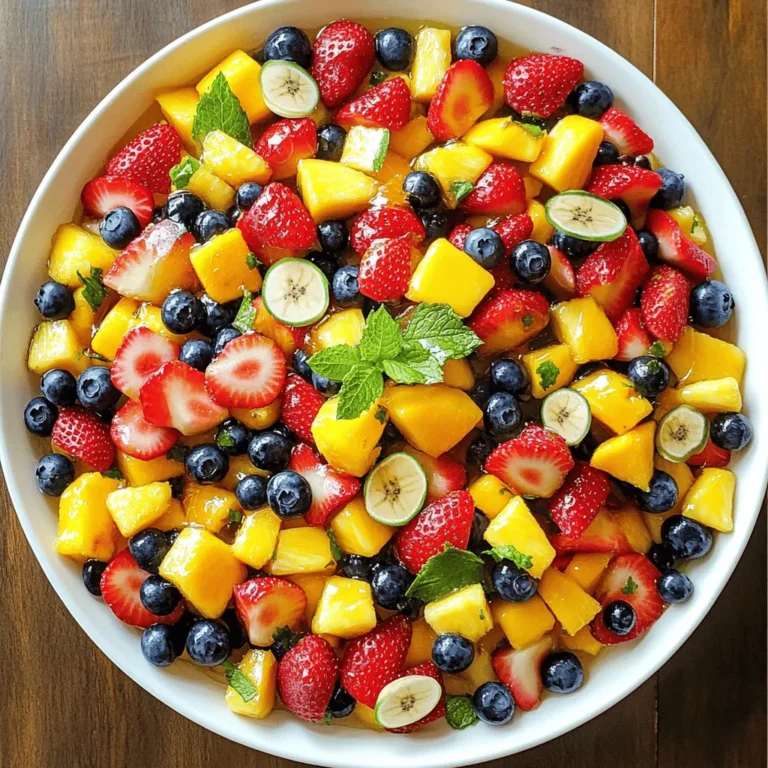 - 1 cup strawberries, hulled and sliced - 1 cup blueberries - 1 ripe mango, peeled and diced - 1 cup pineapple, diced - 1 banana, sliced The fruit selection is key. I enjoy using a mix of colors and flavors. Strawberries bring sweetness, while blueberries add a nice pop of tartness. The mango gives a tropical vibe, and pineapple adds a refreshing taste. The banana adds creaminess and helps balance the flavors. - 1/4 cup honey - 2 tablespoons freshly squeezed lime juice - Zest of 1 lime The dressing pulls everything together. I use honey for natural sweetness. Fresh lime juice brightens the dish, making it taste fresh. The lime zest adds an extra layer of flavor that's hard to resist. - Fresh mint leaves, for garnish Mint leaves add a beautiful touch. They not only look good but also give a nice hint of freshness. If you want to impress guests, sprinkle some mint on top before serving. Make sure to check out the Full Recipe for a detailed guide on how to combine these ingredients into a delicious Honey Lime Fruit Salad. To start, gather your fruits. Grab one cup of hulled and sliced strawberries, one cup of blueberries, one ripe mango peeled and diced, one cup of diced pineapple, and one sliced banana. In a large mixing bowl, combine all these fruits. Gently mix them to spread the flavors evenly. This step helps each fruit shine in the salad. Next, we make the dressing. In a separate bowl, add a quarter cup of honey, two tablespoons of freshly squeezed lime juice, and the zest of one lime. I like to whisk these together until the mixture is smooth. This dressing adds a sweet and zesty kick to the salad. Now, it's time to bring it all together. Drizzle the honey-lime dressing over your prepared fruits. Toss everything gently with a spatula or large spoon. Make sure each piece of fruit gets coated in the dressing. Let the salad sit for about ten minutes at room temperature. This resting time lets the flavors blend beautifully. Enjoy your fresh and colorful Honey Lime Fruit Salad! You can find the Full Recipe for details on preparation. To make a great Honey Lime Fruit Salad, choose ripe, seasonal fruits. Fresh fruits provide the best taste and texture. Look for strawberries with bright red color. Blueberries should be plump and firm. Pick mangoes that give slightly when you press them. Pineapples should smell sweet at the base. Bananas need to be ripe but not brown. When you select these fruits, you ensure a delightful salad. Let your salad rest for at least 10 minutes before serving. This short wait helps the flavors blend. The honey lime dressing seeps into the fruits. This makes each bite burst with flavor. The longer the salad sits, the better it tastes. You can prepare this ahead of time for easy serving. Presentation matters when serving this salad. You can use individual bowls for a personal touch. A large platter works well for gatherings. Arrange the fruits in a colorful pattern. Add lime wedges on the side for extra zest. A few fresh mint leaves on top make it look appealing. Your guests will love the bright colors and fresh taste. For the full recipe, check the instructions above. {{image_4}} You can easily change this fruit salad to suit your taste. Adding fruits like kiwi or grapes can make it even better. Kiwi adds a bright green color and a tangy taste. Grapes are sweet, crunchy, and add variety. Just chop them up and toss them in. Mix and match to create your dream fruit salad! For a fun tropical vibe, try adding shredded coconut or a splash of coconut juice. Shredded coconut gives a chewy texture and a hint of sweetness. Coconut juice can make the dressing even more refreshing. This twist takes your fruit salad to a whole new level. You’ll feel like you’re on a sunny beach with every bite! If you want a vegan option, use agave syrup instead of honey. Agave syrup is a great sweetener that works well in this recipe. It blends nicely with lime juice and keeps the salad tasty. This swap still gives you that sweet flavor without using honey. Enjoy your fruit salad without any worries! For the full recipe, check out the [Full Recipe]. Keep the salad in an airtight container in the fridge. This helps keep it fresh. Avoid letting the salad sit out for too long. If you plan to serve it later, store it right away. Consume within 1-2 days for best freshness. The fruits will start to lose their crispness after that. If you notice any browning, it’s time to toss it out. Always check for changes in smell or texture. Freezing fruit salad can change its texture. If you want to freeze it, use firm fruits like pineapple and mango. Avoid bananas, as they turn mushy. To freeze, place the salad in a freezer-safe container. When ready to eat, let it thaw in the fridge. You can also add fresh honey-lime dressing after defrosting for extra flavor. Yes, you can use frozen fruits in this salad. Frozen fruits can be a great option when fresh fruits are out of season. They are often picked at their peak and frozen right away, keeping their nutrients intact. However, frozen fruits can release more water as they thaw. This might make the salad a bit watery. To avoid this, let the frozen fruits thaw and drain excess liquid before mixing them in. Fresh fruits offer a crunchier texture and vibrant look, so choose based on your preference. No, this salad is not vegan due to honey. Honey comes from bees, making it an animal product. If you want a vegan option, you can easily replace honey with agave syrup or maple syrup. Both alternatives provide sweetness and work well with lime. The taste will differ slightly, but the salad will still be delicious. Just make sure to use the same amount of the substitute for the best flavor balance. This fruit salad is packed with vitamins and minerals. Here are some key benefits of its ingredients: - Strawberries: High in vitamin C and antioxidants, good for your skin. - Blueberries: Great for brain health, rich in fiber, and low in calories. - Mango: Full of vitamins A and C, supports eye health and boosts immunity. - Pineapple: Contains bromelain, which helps digestion and reduces inflammation. - Banana: A good source of potassium, great for heart health. Overall, this salad provides a mix of nutrients that can boost energy and support overall health. It’s a tasty way to enjoy fruits every day. For the full recipe, check out the details above. This blog post shared how to make a delicious Honey Lime Fruit Salad. I covered the best ingredients, including fresh fruits and a zesty dressing. You learned how to prepare everything step-by-step and found tips for picking juicy fruits. I also shared fun ways to adapt the salad to your taste. Finally, remember to store it properly to keep it fresh. Enjoy this vibrant mix and feel good about your healthy choice!