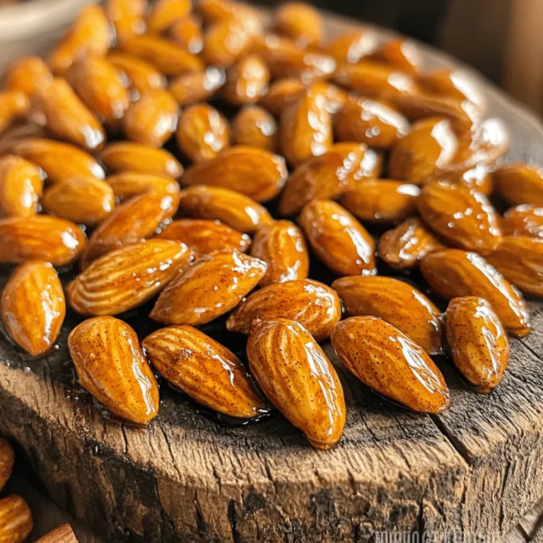 - 2 cups raw almonds - 1/4 cup pure maple syrup - 1 tablespoon ground cinnamon - 1/2 teaspoon vanilla extract - 1/4 teaspoon salt - 1/4 teaspoon cayenne pepper (optional) - 1 tablespoon coconut oil, melted You need these simple ingredients to make Maple Cinnamon Roasted Almonds. Raw almonds are the star here, giving a great crunch. Pure maple syrup adds sweetness and richness. Ground cinnamon brings warmth and a lovely aroma. Vanilla extract enhances the flavor, while salt balances it out. If you want some heat, add cayenne pepper. Coconut oil helps coat the almonds, giving them a nice shine. When measuring, use a dry measuring cup for the almonds. For the maple syrup and coconut oil, a liquid measuring cup works best. If you’re out of maple syrup, try honey or agave syrup. You can swap coconut oil with another oil, but it may change the flavor slightly. Always keep the ground cinnamon, as it is key to this recipe. If you want more spice, feel free to add more cayenne pepper or even some nutmeg. For the full recipe, follow the steps closely to get that perfect crunch. Enjoy your cooking! First, preheat your oven to 350°F (175°C). This step is key for even roasting. While the oven heats, line a baking sheet with parchment paper. This keeps the almonds from sticking and makes cleanup easy. Next, mix the wet ingredients. In a large bowl, combine 1/4 cup of pure maple syrup, 1 tablespoon of ground cinnamon, and 1/2 teaspoon of vanilla extract. Add 1/4 teaspoon of salt and cayenne pepper if you want some heat. Pour in 1 tablespoon of melted coconut oil. Whisk everything until it is smooth and well blended. Now it’s time to coat the almonds. Carefully add 2 cups of raw almonds to the bowl with your maple-cinnamon mixture. Use a spatula or spoon to stir. Make sure every almond is covered well. This sweet mix gives them flavor and a nice shine. Spread the coated almonds on the lined baking sheet. Ensure they are in a single layer. This helps them roast evenly. Now, place the baking sheet in the oven. Roast for 10-12 minutes. Stir the almonds halfway through to help them cook evenly. Keep an eye on them, as they can burn quickly. When they turn golden brown and smell amazing, take them out. Let them cool on the baking sheet. This cooling time is important for crunchiness. After they cool, break apart any clusters. Your tasty maple cinnamon roasted almonds are ready to enjoy! For the full recipe, check the previous section. To get that great crunch, let the almonds cool completely. Cooling helps them crisp up. If you take them off the oven too soon, they might feel soft. Keep an eye on the roasting time. Almonds can go from perfect to burnt in a flash. Stir them halfway through to ensure even cooking. This helps avoid hot spots that can burn. You can make these almonds even better by adding more spices. Try a pinch of nutmeg or some ginger for a warm twist. If you want them sweeter, add a bit more maple syrup. If you prefer less sweet, cut back on the syrup or add a dash of salt. These small changes can make a big difference in taste. When serving, think about how to make them stand out. Use a pretty bowl or a glass jar. You can even tie a ribbon around the jar for gifts. Consider adding a sprinkle of cinnamon on top for extra flair. Fresh mint leaves can add a nice touch of color. These almonds look great on a snack table or as a gift for friends. For the full recipe, check out the complete instructions above. {{image_4}} You can easily swap almonds for other nuts or seeds. Walnuts, pecans, or cashews all work well. Each nut brings a unique taste. For a nut-free option, use pumpkin seeds or sunflower seeds. Just keep the same steps in the recipe. The result will still be tasty! Want to kick things up a notch? Try adding cocoa powder for a chocolatey twist. If you like spice, add some chili powder for heat. You can also mix in a bit of nutmeg for warmth. Experimenting with flavors makes this snack fun and personal! If you want less sweetness, reduce the maple syrup by a few tablespoons. You can also use honey if you prefer. For a sweeter treat, add a bit more syrup or sprinkle some brown sugar on the almonds before roasting. Adjusting sweetness lets you customize the snack to your taste! To keep your maple cinnamon roasted almonds fresh, use an airtight container. This will prevent air from making them soft. Store the container in a cool, dry place, away from heat and sunlight. A pantry or cupboard works well. These tasty almonds can last for about two weeks when stored properly. Check for signs of spoilage, like a change in smell or taste. If they smell off or taste stale, it's best to toss them. If your almonds lose their crunch, don’t worry! You can refresh them easily. Preheat your oven to 350°F (175°C). Spread the almonds on a baking sheet and heat for 5-7 minutes. Watch them closely to avoid burning. This will bring back their delightful crunch! Yes, you can use many nuts instead of almonds. Some great options are cashews, pecans, or walnuts. Each nut brings a different taste. For example, pecans add a rich, buttery flavor. Cashews are smooth and creamy. Walnuts have a strong, earthy taste. These changes can make the snack fun and new. To reduce the sweetness, cut back on the maple syrup. You can use only 2 tablespoons instead of 1/4 cup. Another option is to add more salt. Salt can balance the sweetness. You could also try using unsweetened nut butter. This adds flavor without extra sugar. Yes, these almonds are a healthy snack. They have protein, fiber, and good fats. Almonds help keep you full. The maple syrup gives you energy but should be eaten in moderation. The cinnamon adds flavor and may help with blood sugar. Just watch the portion size to keep it healthy. In this blog post, we explored a simple recipe for maple cinnamon roasted almonds. You learned about the key ingredients, preparation steps, and roasting process. We also covered tips for perfecting the crunch and variations for different tastes. Remember, you can customize sweetness or try other nuts to suit your needs. Keep them fresh in airtight containers, and enjoy their tasty goodness for a long time. With these easy steps, you’ll impress friends and family with a delicious snack. Enjoy your roasting!