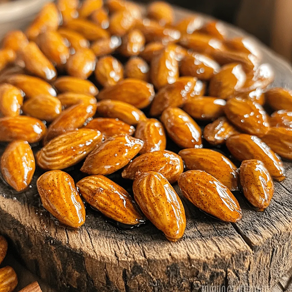 - 2 cups raw almonds - 1/4 cup pure maple syrup - 1 tablespoon ground cinnamon - 1/2 teaspoon vanilla extract - 1/4 teaspoon salt - 1/4 teaspoon cayenne pepper (optional) - 1 tablespoon coconut oil, melted You need these simple ingredients to make Maple Cinnamon Roasted Almonds. Raw almonds are the star here, giving a great crunch. Pure maple syrup adds sweetness and richness. Ground cinnamon brings warmth and a lovely aroma. Vanilla extract enhances the flavor, while salt balances it out. If you want some heat, add cayenne pepper. Coconut oil helps coat the almonds, giving them a nice shine. When measuring, use a dry measuring cup for the almonds. For the maple syrup and coconut oil, a liquid measuring cup works best. If you’re out of maple syrup, try honey or agave syrup. You can swap coconut oil with another oil, but it may change the flavor slightly. Always keep the ground cinnamon, as it is key to this recipe. If you want more spice, feel free to add more cayenne pepper or even some nutmeg. For the full recipe, follow the steps closely to get that perfect crunch. Enjoy your cooking! First, preheat your oven to 350°F (175°C). This step is key for even roasting. While the oven heats, line a baking sheet with parchment paper. This keeps the almonds from sticking and makes cleanup easy. Next, mix the wet ingredients. In a large bowl, combine 1/4 cup of pure maple syrup, 1 tablespoon of ground cinnamon, and 1/2 teaspoon of vanilla extract. Add 1/4 teaspoon of salt and cayenne pepper if you want some heat. Pour in 1 tablespoon of melted coconut oil. Whisk everything until it is smooth and well blended. Now it’s time to coat the almonds. Carefully add 2 cups of raw almonds to the bowl with your maple-cinnamon mixture. Use a spatula or spoon to stir. Make sure every almond is covered well. This sweet mix gives them flavor and a nice shine. Spread the coated almonds on the lined baking sheet. Ensure they are in a single layer. This helps them roast evenly. Now, place the baking sheet in the oven. Roast for 10-12 minutes. Stir the almonds halfway through to help them cook evenly. Keep an eye on them, as they can burn quickly. When they turn golden brown and smell amazing, take them out. Let them cool on the baking sheet. This cooling time is important for crunchiness. After they cool, break apart any clusters. Your tasty maple cinnamon roasted almonds are ready to enjoy! For the full recipe, check the previous section. To get that great crunch, let the almonds cool completely. Cooling helps them crisp up. If you take them off the oven too soon, they might feel soft. Keep an eye on the roasting time. Almonds can go from perfect to burnt in a flash. Stir them halfway through to ensure even cooking. This helps avoid hot spots that can burn. You can make these almonds even better by adding more spices. Try a pinch of nutmeg or some ginger for a warm twist. If you want them sweeter, add a bit more maple syrup. If you prefer less sweet, cut back on the syrup or add a dash of salt. These small changes can make a big difference in taste. When serving, think about how to make them stand out. Use a pretty bowl or a glass jar. You can even tie a ribbon around the jar for gifts. Consider adding a sprinkle of cinnamon on top for extra flair. Fresh mint leaves can add a nice touch of color. These almonds look great on a snack table or as a gift for friends. For the full recipe, check out the complete instructions above. {{image_4}} You can easily swap almonds for other nuts or seeds. Walnuts, pecans, or cashews all work well. Each nut brings a unique taste. For a nut-free option, use pumpkin seeds or sunflower seeds. Just keep the same steps in the recipe. The result will still be tasty! Want to kick things up a notch? Try adding cocoa powder for a chocolatey twist. If you like spice, add some chili powder for heat. You can also mix in a bit of nutmeg for warmth. Experimenting with flavors makes this snack fun and personal! If you want less sweetness, reduce the maple syrup by a few tablespoons. You can also use honey if you prefer. For a sweeter treat, add a bit more syrup or sprinkle some brown sugar on the almonds before roasting. Adjusting sweetness lets you customize the snack to your taste! To keep your maple cinnamon roasted almonds fresh, use an airtight container. This will prevent air from making them soft. Store the container in a cool, dry place, away from heat and sunlight. A pantry or cupboard works well. These tasty almonds can last for about two weeks when stored properly. Check for signs of spoilage, like a change in smell or taste. If they smell off or taste stale, it's best to toss them. If your almonds lose their crunch, don’t worry! You can refresh them easily. Preheat your oven to 350°F (175°C). Spread the almonds on a baking sheet and heat for 5-7 minutes. Watch them closely to avoid burning. This will bring back their delightful crunch! Yes, you can use many nuts instead of almonds. Some great options are cashews, pecans, or walnuts. Each nut brings a different taste. For example, pecans add a rich, buttery flavor. Cashews are smooth and creamy. Walnuts have a strong, earthy taste. These changes can make the snack fun and new. To reduce the sweetness, cut back on the maple syrup. You can use only 2 tablespoons instead of 1/4 cup. Another option is to add more salt. Salt can balance the sweetness. You could also try using unsweetened nut butter. This adds flavor without extra sugar. Yes, these almonds are a healthy snack. They have protein, fiber, and good fats. Almonds help keep you full. The maple syrup gives you energy but should be eaten in moderation. The cinnamon adds flavor and may help with blood sugar. Just watch the portion size to keep it healthy. In this blog post, we explored a simple recipe for maple cinnamon roasted almonds. You learned about the key ingredients, preparation steps, and roasting process. We also covered tips for perfecting the crunch and variations for different tastes. Remember, you can customize sweetness or try other nuts to suit your needs. Keep them fresh in airtight containers, and enjoy their tasty goodness for a long time. With these easy steps, you’ll impress friends and family with a delicious snack. Enjoy your roasting!