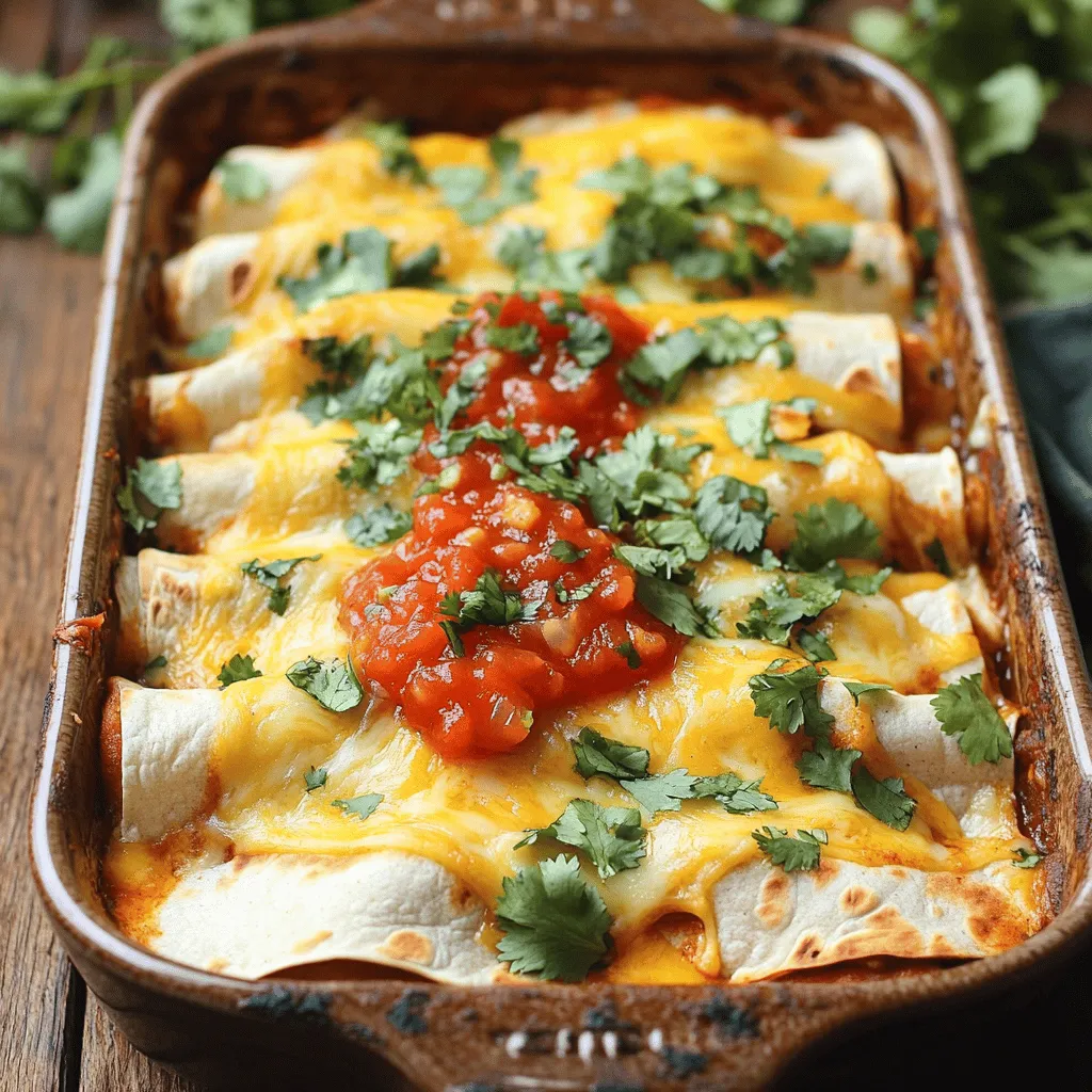 To make these enchiladas, you need a few key items. Gather these ingredients to get started: - 2 cups cooked chicken, shredded - 1 cup black beans, drained and rinsed - 1 cup corn kernels (choose between fresh or frozen) - 1 teaspoon ground cumin - 1 teaspoon chili powder - 1 cup salsa (select your preferred heat level) - 8 small flour tortillas - 1 ½ cups shredded cheese (cheddar or your favorite cheese blend) - ½ cup sour cream - Fresh cilantro, chopped, for garnish - Lime wedges, for serving These ingredients create a mix of flavors. The chicken gives protein, while the beans and corn add texture. The spices bring warmth, and cheese melts beautifully on top. Feel free to customize your enchiladas! Here are some ideas: - Swap chicken for shredded beef or turkey for a different taste. - Use black beans or pinto beans based on your preference. - Add sautéed bell peppers or onions for extra flavor and crunch. - For a spicy kick, include diced jalapeños or a spicy salsa. - Replace flour tortillas with corn tortillas for a gluten-free option. These choices let you create your perfect enchilada! Pair your enchiladas with tasty sides. Here are some great options: - Spanish rice for a comforting staple. - Refried beans add a nice protein boost. - A fresh garden salad with lime vinaigrette is a light option. - Guacamole for a creamy, rich addition. - Chips and salsa for a crunchy snack. These sides enhance the meal and bring more flavor to your table. Check out the Full Recipe for more details on cooking these enchiladas! First, gather your ingredients. You need cooked chicken, black beans, corn, cumin, chili powder, and salsa. In a large bowl, mix them well. This step is key for good flavor. Make sure the chicken is shredded into small pieces. It helps with even cooking. The spices give the filling a great taste. Now, we will build the enchiladas. Take a tortilla and put about a ¼ cup of the chicken mix in the center. Add a tablespoon of cheese on top. Roll the tortilla tightly. Place it seam-side down in a baking dish. Repeat this for all tortillas. Arrange them snugly next to each other in the dish. This helps them cook evenly. Next, pour salsa over the rolled enchiladas. Make sure they are well covered. Then, sprinkle the remaining cheese on top. Cover the dish with foil to keep them moist. Bake at 375°F (190°C) for 20 minutes. After that, remove the foil and bake for another 10 minutes. You want the cheese to be bubbly and golden. Once baked, let them rest for 5 minutes. This makes serving easier. Drizzle sour cream on top and add cilantro for freshness. Enjoy your meal! For the full recipe, check out the details above. When making enchiladas, avoid using too much filling. If you overstuff, they might burst. Also, be cautious with the salsa. Too much can make them soggy. Look for a balance in flavors and textures. Lastly, don’t skip letting them rest after baking. This step helps keep everything together when you serve them. To prepare enchiladas ahead of time, assemble them but do not bake. Cover the dish tightly with foil or plastic wrap. Store it in the fridge for up to 24 hours. When you're ready to eat, bake them right from the fridge. Just add a few extra minutes to the cooking time to ensure they heat through. For garnishing, fresh cilantro is a must. It adds color and flavor. Lime wedges also work great on the side. They give a zesty kick when squeezed over the enchiladas. You can also add sliced jalapeños for spice lovers. Serve these enchiladas hot from the oven to enjoy the melted cheese and warm flavors. For more ideas, check the Full Recipe. {{image_4}} You can make tasty vegetarian enchiladas by using plant-based chicken. Replace the shredded chicken with shredded jackfruit or tofu. Both options mimic the texture of chicken and soak up flavors well. Add more veggies like bell peppers, onions, or spinach. This adds color and nutrition. You can use the same spices and tortillas from the original recipe. Keep the salsa and cheese for a great taste. If you love heat, spice up your enchiladas! Use hotter salsa or add chopped jalapeños to the chicken mix. You can also sprinkle in cayenne pepper or crushed red pepper flakes for extra kick. Another option is to use pepper jack cheese instead of cheddar. This gives a creamy, spicy flavor that pairs well with the chicken. Adjust the spice to your liking for a flavorful meal. Feel free to explore different sauces for your enchiladas. A green tomatillo sauce gives a tangy twist. For a richer taste, try mole sauce. Blend your choice of sauce with the chicken mixture for a unique flavor. You can also layer sauces on top before baking. This adds depth and creates a beautiful presentation. Each sauce changes the dish while keeping it simple and fun. For full details on making these variations, check the Full Recipe. To store leftover enchiladas, let them cool first. Place them in an airtight container. Ensure they fit snugly to keep moisture in. You can also cover them tightly with plastic wrap. Store the enchiladas in the fridge for up to three days. This keeps them fresh and ready to eat later. Freezing enchiladas is easy and great for meal prep. After assembling but before baking, wrap each enchilada in foil. Place them in a freezer-safe bag or container. Label the bag with the date. Frozen enchiladas can last for up to three months. When ready to eat, thaw them overnight in the fridge. To reheat enchiladas, preheat your oven to 350°F (175°C). Place the enchiladas in a baking dish. Cover them with foil to keep them moist. Bake for about 20 minutes or until heated through. You can also reheat them in the microwave for quick meals. Heat for 1-2 minutes, checking often to avoid overcooking. You can use several options instead of chicken. Some great ideas are: - Shredded beef - Cooked turkey - Black beans or lentils for a vegetarian option - Tofu for a plant-based choice These options provide similar textures and flavors. Each one adds a unique twist to your enchiladas. If you want to try something new, go for it! To lower the calories in your enchiladas, consider these tips: - Use low-fat cheese or skip it entirely - Replace sour cream with Greek yogurt - Opt for corn tortillas instead of flour tortillas - Add more veggies to the filling, like zucchini or peppers These changes keep the taste delicious while cutting down on calories. You can enjoy enchiladas without worrying about extra calories. Yes, you can make enchiladas ahead of time! Here’s how: - Prepare the filling and assemble the enchiladas. - Cover them tightly and place them in the fridge. - Bake them within 24 hours for the best flavor. You can also freeze them for later. Just make sure to wrap them well. This way, you have a tasty meal ready when you need it. Check out the Full Recipe for more details! We explored how to make easy chicken enchiladas. You learned about the main ingredients, optional add-ins, and tasty sides to serve. I shared step-by-step instructions for making the filling, assembling, and baking the dish. You discovered tips to avoid mistakes and ways to garnish perfectly. We even covered fun variations and how to store leftovers. Now, you can create your own delicious enchiladas. Enjoy experimenting with flavors, and share your tasty results!