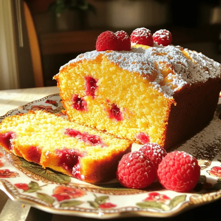 To make this lovely lemon raspberry loaf, you need some key ingredients. Here’s what you’ll need: - 1 cup fresh raspberries (or use frozen raspberries, thawed) - 1/2 cup unsalted butter, softened to room temperature - 1 cup granulated sugar - 2 large eggs, preferably at room temperature - 1 teaspoon pure vanilla extract - 1/4 cup freshly squeezed lemon juice - Zest from 1 medium lemon - 1 1/2 cups all-purpose flour - 1 1/2 teaspoons baking powder - 1/4 teaspoon fine sea salt - Powdered sugar for dusting (optional) These ingredients come together to create a moist and zesty loaf. The raspberries add a burst of flavor and color that makes this loaf special. You can add your own twist to this recipe. Here are some optional ingredients to consider: - Chopped nuts like walnuts or almonds for crunch - A dash of cinnamon for warmth - Lemon extract for extra zing - Yogurt for added moisture Feel free to mix and match these options to make the loaf your own. If you lack any ingredients, don’t worry! Here are some simple swaps: - Use coconut oil instead of butter for a dairy-free option. - Substitute honey or maple syrup for granulated sugar. - Try almond or oat flour instead of all-purpose flour for gluten-free needs. - Replace eggs with flaxseed meal mixed with water for a vegan option. These substitutions keep the flavor and texture close to the original. I hope you enjoy experimenting with these ideas! For the full recipe, check out the details above. First, preheat your oven to 350°F (175°C). This step is key for even baking. While the oven heats, grab a 9x5-inch loaf pan. Grease the pan well to prevent sticking. Then, line the bottom with parchment paper for easy removal later. In a large bowl, cream the softened butter and granulated sugar together. Use an electric mixer on medium speed for about 3-5 minutes. The mixture should become light and fluffy. Next, add the eggs one at a time. Beat well after each egg. This helps mix everything well. Now stir in the vanilla extract, lemon juice, and lemon zest until fully blended. In a separate bowl, whisk together the flour, baking powder, and sea salt. This will help ensure even mixing. Slowly add the dry ingredients to the wet mixture. Fold gently with a spatula. Don't overmix; this keeps the loaf tender. Lastly, fold in the raspberries. Be careful not to crush them. Aim for even distribution in the batter for that burst of flavor. Pour the batter into the prepared loaf pan. Smooth the top with a spatula for an even bake. Place it in the preheated oven and bake for 55-65 minutes. To check if it’s done, insert a toothpick into the center. It should come out clean or with only a few crumbs. Once baked, cool the loaf in the pan for about 10 minutes. After that, move it to a wire rack to cool completely. If you like, dust the cooled loaf with powdered sugar before slicing. Enjoy this delightful treat! For the full recipe, see the details above. To make a tender loaf, mix the wet ingredients well. Overmixing the batter can make it tough. When you add the dry ingredients, use a gentle folding motion. This keeps the loaf light and airy. Remember to mix just until you see no dry flour. When adding raspberries, be very gentle. You don’t want to smash them. Use a spatula and fold them in slowly. This helps keep the berries whole and juicy. Aim for even distribution, so each slice has a burst of flavor. For a beautiful presentation, slice the loaf evenly. Place the slices on a nice platter. You can add a few fresh raspberries on top. A light dusting of powdered sugar adds elegance, too. This makes your loaf look as good as it tastes. Enjoy this delicious treat with a cup of tea or coffee! For the complete recipe, check out the Full Recipe. {{image_4}} You can enhance your Easy Lemon Raspberry Loaf by adding nuts or seeds. Chopped walnuts or pecans work well. They add a nice crunch. You can also try sunflower seeds or pumpkin seeds for a different texture. Just fold them in gently with the raspberries. This will keep the loaf moist and tasty. If you want to mix things up, think about using other fruits. Blueberries, strawberries, or blackberries can be great substitutes. Each fruit brings its own flavor. Just use the same amount as the raspberries in the recipe. This keeps the balance right and makes each slice a new surprise. To make this loaf gluten-free, swap all-purpose flour for a gluten-free blend. Many blends work well in baking. For a vegan version, replace eggs with flax eggs. Mix one tablespoon of ground flaxseed with three tablespoons of water. Let it sit for 5 minutes to gel. This keeps the loaf moist and fluffy. You can find the full recipe for these adjustments in the Easy Lemon Raspberry Loaf. After you enjoy your lemon raspberry loaf, store any leftovers in a cool place. Wrap the loaf tightly in plastic wrap or foil. This keeps it moist and fresh. You can also place it in an airtight container. If stored this way, it lasts for about three days. For longer freshness, consider freezing it. Freezing is a great way to keep your lemon raspberry loaf for later. First, let the loaf cool completely. Then, wrap it well in plastic wrap, followed by foil. This double wrap prevents freezer burn. You can store it in the freezer for up to three months. When you're ready to enjoy it again, just thaw it in the fridge overnight. To reheat your lemon raspberry loaf, preheat your oven to 350°F (175°C). Remove the wrapping and place the loaf on a baking sheet. Heat it for about 10-15 minutes. This warms it up while keeping it moist. For a faster option, you can slice the loaf and microwave it for 15-20 seconds. Enjoy it warm for a tasty treat! Yes, you can use frozen raspberries. Just make sure to thaw and drain them first. This keeps the batter from getting too wet. Frozen raspberries work well in this recipe. They still add that nice burst of flavor. You can tell when your loaf is done by using a toothpick. Insert it into the center of the loaf. If it comes out clean or has a few moist crumbs, your loaf is baked. This usually takes about 55 to 65 minutes. Keep an eye on it as it bakes, as oven times can vary. This loaf pairs well with many things. You can enjoy it with tea or coffee for a cozy treat. It also tastes great with a dollop of whipped cream. For a fresh touch, serve it with extra raspberries or a lemon glaze. Each bite will be a delight! This blog post covered the key parts of making an Easy Lemon Raspberry Loaf. You learned about essential and optional ingredients, plus how to customize your loaf. The step-by-step guide made mixing and baking clear. Tips helped ensure a tender texture and great presentation. We explored fun variations and storage options to keep your loaf fresh. To sum up, making this loaf is easy and fun. Enjoy sharing it with friends and family!