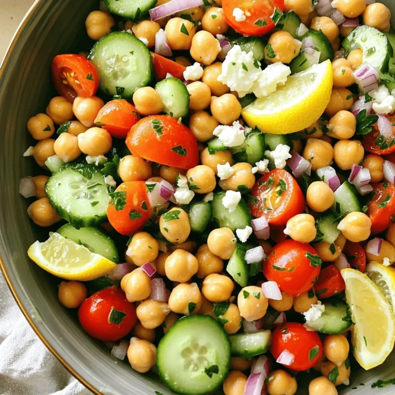 - 1 can (15 oz) chickpeas, thoroughly drained and rinsed - 1 large cucumber, diced into bite-sized pieces - 1 cup cherry tomatoes, halved for a burst of flavor - 1 red bell pepper, diced for sweetness and crunch - 1 small red onion, finely chopped for subtle sharpness - 1/4 cup fresh parsley, roughly chopped for a fresh aroma - 1/4 cup feta cheese, crumbled (optional; adds creaminess) - Juice of 2 fresh lemons, providing that zesty kick - 3 tablespoons extra-virgin olive oil for richness - 1 teaspoon Dijon mustard for a hint of tang - 1 teaspoon honey (or maple syrup for a vegan option) to balance flavors - Salt and freshly ground black pepper to taste This salad is packed with nutrients. It has about 200 calories per serving. You get protein from chickpeas, fiber from veggies, and healthy fats from olive oil. Plus, it provides vitamins A and C. This makes it not just tasty, but also good for you. Start by gathering a large mixing bowl. Add the chickpeas, diced cucumber, halved cherry tomatoes, red bell pepper, red onion, and parsley. Mix these fresh ingredients well. You want each piece to shine in your salad. If you enjoy cheese, sprinkle in the crumbled feta for a creamy touch. This adds a nice contrast to the crunch of the veggies. For the dressing, take a smaller bowl. Whisk together the lemon juice and olive oil. This forms the base of your zesty dressing. Next, add the Dijon mustard and honey. These ingredients give a perfect balance of flavor. Season with salt and black pepper. Whisk until the mixture looks smooth and well combined. Now it’s time to bring everything together. Drizzle the dressing over your salad mix. Use a spatula or wooden spoon to toss gently. You want all the ingredients to be evenly coated without mashing them. If you added feta, do a light toss to keep the cheese intact. Taste your salad and adjust the seasoning if needed. Cover it and let it chill in the fridge for at least 30 minutes. This helps the flavors meld beautifully. For the full recipe, you can refer back to the recipe card. To make your Zesty Lemon Chickpea Salad shine, focus on seasoning. Start with salt and pepper. Taste as you go. You may want more lemon juice for tang. If you like a sweeter flavor, drizzle more honey. For different dressings, try balsamic vinegar or apple cider vinegar. You can also mix in tahini for creaminess. Each option gives a new twist to the salad. Serving your salad well makes it more enticing. Use a large, colorful bowl for a rustic look. Add fresh parsley on top for a pop of green. You can even place lemon wedges around the bowl for a bright touch. If you want individual servings, use clear cups. This way, the layers show off the bright colors. A light drizzle of olive oil on each cup adds elegance. Prepping this salad in advance is easy. Make it a few hours before serving. The flavors develop more when they sit. For best results, chill the salad for at least 30 minutes. This helps the flavors mix well. You can store leftovers in the fridge for up to three days. Just keep the dressing separate if you want it fresh. For the full experience, check out the Full Recipe. {{image_4}} You can make this salad even better by adding veggies. Try adding avocados. They bring creaminess and healthy fats. Carrots can add a nice crunch. You can also toss in diced mango or apple. These fruits add sweetness and a fun twist. Want to make this salad heartier? Add some protein! Grilled chicken works great for meat lovers. Shrimp is a tasty option too. For a plant-based choice, use tofu. It soaks up flavors well and adds nutrition. Switch up the dressing for a new taste! Try using different vinegars, like balsamic or apple cider. You can also squeeze in more citrus juice for extra zing. For a creamier touch, mix in yogurt or tahini. Both add richness and make the salad more filling. Check out the [Full Recipe] to see how these variations can fit into your meal! Store your Zesty Lemon Chickpea Salad in a sealed container. This keeps it fresh and tasty. It lasts about 3 to 5 days in the fridge. Make sure to check for any signs of spoilage before eating. Freezing this salad is not ideal. The vegetables may lose their crunch. If you want to freeze it, consider freezing just the chickpeas. Place them in an airtight bag. When you want to use them, thaw overnight in the fridge. Leftover salad is great for new meals! You can add it to wraps for a quick lunch. Toss it in grain bowls for added flavor. Or, layer it in sandwiches for a fresh twist. You can even mix it into soups for a hearty touch. Enjoy creating new dishes with your leftover salad! For the full recipe, refer to the [Full Recipe]. Yes, you can make this salad ahead of time. In fact, it often tastes better after chilling. The flavors mix well when you let it sit. I suggest making it a few hours before serving. Just cover it with plastic wrap and place it in the fridge. This way, the lemon juice and olive oil soak into the chickpeas and veggies. You will enjoy a zesty and bright flavor profile! Yes, this salad is gluten-free. Chickpeas, fresh veggies, and the dressing contain no gluten. If you want to check other ingredients, always read the labels. Most items are safe, but it’s best to confirm. This makes the salad a great option for those with gluten sensitivities. You can serve it to everyone without worry! If you can’t eat chickpeas, no problem! You can use other beans like black beans or kidney beans. These will add protein and texture. Another option is to use cooked quinoa or lentils. These alternatives keep the salad hearty and filling. Each will bring a unique taste, so feel free to explore. Get creative based on what you have! This blog post provided a clear guide to making a Zesty Lemon Chickpea Salad. We covered the key ingredients, from fresh veggies to the zesty dressing. You learned how to prepare, dress, and assemble the salad for the best flavor. I shared tips for meal prep, variations to try, and how to store leftovers. Remember, this salad is not just easy to make; it’s also packed with nutrients. Enjoy your creation, explore the variations, and make it your own!