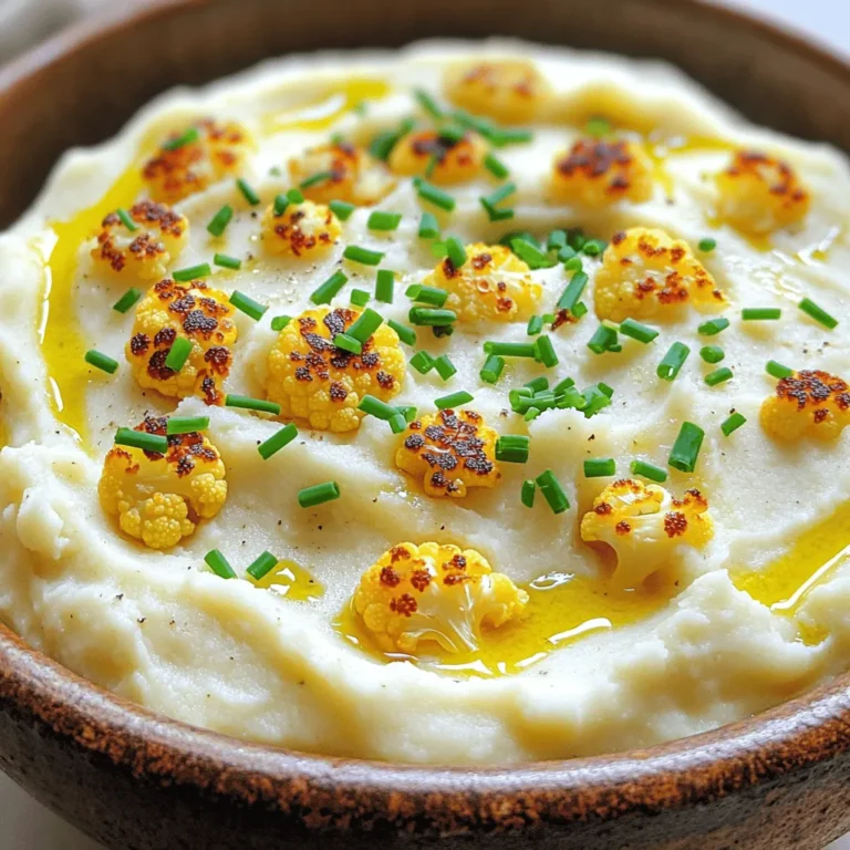 To make this tasty dish, gather these main items: - 1 large head of cauliflower, cut into bite-sized florets - 5 cloves of garlic, skins left on - 3 tablespoons extra virgin olive oil, divided - 1/4 cup unsweetened almond milk (or your preferred milk) - 2 tablespoons butter (or a vegan alternative) - Salt and freshly ground black pepper, to taste These ingredients form the base of the mash. The cauliflower gives the dish its creamy texture. Roasting the garlic adds a rich flavor. You can change the recipe to suit your taste. Here are some ideas: - Swap almond milk for regular milk or cream for a richer flavor. - Use ghee instead of butter for a unique twist. - Add a pinch of nutmeg for warmth. - Incorporate herbs like thyme or rosemary for added depth. These options let you make the dish your own. Feel free to get creative! Garnishing makes the dish look appealing. Here are some great choices: - Fresh chives, finely chopped, for a pop of color - A drizzle of extra virgin olive oil for richness - A sprinkle of smoked paprika for a touch of spice These garnishes enhance the flavor and presentation. They make your Roasted Garlic Cauliflower Mash shine on the table. For the full recipe, check the earlier section. To start, I preheat my oven to 400°F (200°C). This temperature works best for roasting. Next, I take one large head of cauliflower and cut it into bite-sized florets. I love using fresh cauliflower for the best flavor. On a baking sheet, I place the florets and five unpeeled cloves of garlic. Then, I drizzle two tablespoons of extra virgin olive oil over them. I sprinkle salt and black pepper generously, then toss everything together. It helps the veggies get well-coated. I spread the cauliflower and garlic in a single layer. Now, I roast them for 25 to 30 minutes. Halfway through, I gently toss them to ensure they cook evenly. I look for a nice golden brown color and tender texture when they are done. Once roasted, I let the garlic cool for a few minutes before handling it. After cooling, I squeeze the softened garlic out of its skin. I put it into a large mixing bowl with the roasted cauliflower. Then, I add a quarter cup of unsweetened almond milk, two tablespoons of butter, and the last tablespoon of olive oil. I grab a hand mixer or an immersion blender to blend the mix. I blend until it turns smooth and creamy. If I want a chunkier mash, I blend just until combined. I make sure not to overmix, as it can change the texture. Once blended, I taste the mash. If it needs more flavor, I adjust with extra salt and pepper. I love a well-seasoned mash! Now, I transfer the cauliflower mash to a serving bowl. For a fun finishing touch, I sprinkle freshly chopped chives on top. This adds color and a nice flavor. To make it look fancy, I might drizzle a bit of olive oil on top. This mash is now ready to impress! Enjoy this easy and tasty dish from the [Full Recipe]. To make the best roasted garlic cauliflower mash, follow these tips. First, use a large head of cauliflower. This gives you enough to work with. Cut the florets into even sizes. This helps them cook at the same rate. Roasting adds flavor, so don’t rush it. Allow the cauliflower to become tender and golden. When blending, don’t overmix. A few pulses will give you a nice texture. If you want it creamier, add a splash more milk. Always taste as you go. Adjust salt and pepper to your liking for the best flavor. Having the right tools makes cooking easier. Here’s what I recommend: - Baking sheet for roasting - Large mixing bowl for combining ingredients - Immersion blender or hand mixer for smoothness - Measuring cups and spoons for precise amounts - Knife and cutting board for prep These tools help you work efficiently and make the process enjoyable. Watch out for these common mistakes. First, don’t skip the roasting step. Raw cauliflower will not have the same rich taste. Second, avoid using too much liquid. It can make your mash watery. If you prefer a thicker mash, add less almond milk. Finally, remember to season well. Under-seasoning can leave your mash bland. Always taste your dish before serving. This way, you ensure it is full of flavor. For the full recipe, check the details above. Enjoy making your roasted garlic cauliflower mash! {{image_4}} You can easily make this dish dairy-free. Use almond milk or coconut milk instead of regular milk. For a buttery flavor, swap butter for vegan butter or olive oil. This keeps the mash creamy and rich without dairy. Adding flavors can elevate your mash. Fresh herbs like thyme or rosemary add a lovely touch. You can also sprinkle in garlic powder for extra garlic flavor. If you enjoy cheese, mix in some grated Parmesan for a savory kick. Get creative with how you serve this mash! Use it as a base for grilled chicken or fish. You can also serve it as a side dish with roasted vegetables. Try topping it with sautéed mushrooms or crispy bacon bits for added flavor and texture. After enjoying your roasted garlic cauliflower mash, let it cool. Place it in an airtight container. Store it in the fridge for up to 4 days. This keeps the flavor fresh and the texture nice. If you have more leftovers, freezing is a great option. Put the mash in a freezer-safe bag or container. Make sure to remove excess air. It will last for about 3 months. Label the container with the date so you can keep track. When you're ready to enjoy the mash again, reheat it gently. You can use the microwave or a stovetop. If it seems dry, add a splash of almond milk or butter. Stir it well as you heat it. This keeps it creamy and delicious. Yes, you can make Roasted Garlic Cauliflower Mash ahead of time. Prepare the mash, then let it cool. Store it in an airtight container in the fridge for up to three days. When you’re ready to eat, simply reheat it on the stove or in the microwave. You may need to add a splash of milk to bring back the creamy texture. Yes, cauliflower mash is a low-carb alternative to mashed potatoes. A cup of cooked cauliflower has about 5 grams of carbs, while a cup of mashed potatoes has around 35 grams. This makes cauliflower mash a great choice if you want to cut carbs but still enjoy a creamy side dish. Roasted Garlic Cauliflower Mash pairs well with many dishes. You can serve it with roasted chicken, grilled steak, or pan-seared fish. It also complements sautéed vegetables or a fresh salad. For a hearty meal, try it with a rich mushroom gravy or a savory sauce. The mash's creamy texture and garlic flavor enhance any main dish beautifully. Roasted Garlic Cauliflower Mash is simple and tasty. We covered its key ingredients, from cauliflower to garlic. You can customize it with optional ingredients and garnishes for more flavor. The step-by-step instructions ensure a smooth texture every time. You now have tips to avoid common mistakes. Variations allow for dairy-free or unique flavors. Storing is easy, and leftovers can even be frozen. This mash is a great low-carb option. Try it with your favorite dishes for a perfect side.