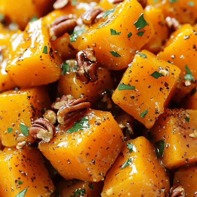 To make maple glazed butternut squash, you’ll need the following items: - 1 medium butternut squash, peeled and cut into 1-inch cubes - 3 tablespoons pure maple syrup - 2 tablespoons extra virgin olive oil - 1 teaspoon ground cinnamon - 1/2 teaspoon freshly grated nutmeg - 1/4 teaspoon cayenne pepper (optional, for a kick) - Sea salt and freshly cracked black pepper, to taste - 1/4 cup pecans, roughly chopped (for garnish) - Fresh parsley, finely chopped (for garnish) When cooking, measuring accurately is key. Use dry measuring cups for solid items like squash and nuts. For liquids, use a liquid measuring cup. Always level off dry ingredients with a straight edge. This step ensures you get the right amount for best results. You can swap ingredients based on your needs. If you prefer a sweeter taste, try honey instead of maple syrup. For a nut-free option, skip the pecans or use seeds like pumpkin seeds. Always check for allergies, especially with nuts and spices. To make maple glazed butternut squash, start by gathering your ingredients. You'll need: - 1 medium butternut squash, peeled and cut into 1-inch cubes - 3 tablespoons pure maple syrup - 2 tablespoons extra virgin olive oil - 1 teaspoon ground cinnamon - 1/2 teaspoon freshly grated nutmeg - 1/4 teaspoon cayenne pepper (optional) - Sea salt and freshly cracked black pepper, to taste - 1/4 cup pecans, roughly chopped (for garnish) - Fresh parsley, finely chopped (for garnish) First, preheat your oven to 400°F (200°C). This step is key for good roasting. Next, peel and cube the butternut squash. Place the cubes in a large bowl. Drizzle the olive oil and maple syrup over the squash. Then, sprinkle the ground cinnamon, nutmeg, cayenne, sea salt, and black pepper. Toss gently until all the pieces are well coated. Now, it's time to roast your squash. Line a baking sheet with parchment paper. This helps prevent sticking and makes cleanup easy. Spread the coated squash in a single layer on the sheet. Place the baking sheet in the oven. Roast the squash for 25-30 minutes. About halfway through the cooking time, stir the squash. This ensures all sides caramelize and cook evenly. When the squash is fork-tender and has a nice golden color, it's done. Remove it from the oven and let it cool for 2-3 minutes. To get that perfect caramelization, watch your cooking time closely. Stirring halfway through helps. The key is to spread the squash out evenly. If it's too crowded, it will steam instead of roast. You can also adjust the maple syrup for sweetness. A little extra can help with caramelization. If you like a kick, add the cayenne pepper. It balances the sweet and savory flavors beautifully. Once cooked, transfer the squash to a serving dish. Top with chopped pecans and parsley for a fresh touch. This dish is sure to impress! For the complete recipe, check out the [Full Recipe]. When making maple glazed butternut squash, avoid cutting the squash too small. Smaller pieces cook too fast and can burn. Also, don’t skip the olive oil. It helps the squash caramelize and adds flavor. Overcrowding the baking sheet is another mistake. Leave space between the cubes to ensure even cooking. To boost the flavor, add a splash of balsamic vinegar before roasting. This adds depth to the sweetness. Try different spices, too. A pinch of smoked paprika can give a nice twist. For a savory touch, mix in garlic powder or fresh garlic. These will elevate your dish. Use a sturdy baking sheet lined with parchment paper. This helps with easy cleanup and prevents sticking. A large mixing bowl is great for tossing the squash and spices. If you have one, a vegetable peeler makes peeling the squash quick and easy. For a perfect roast, an oven thermometer ensures your oven is at the right temperature. For the full recipe, refer to the above instructions. {{image_4}} You can make this dish even better by adding other veggies. Try sweet potatoes for a richer flavor. Carrots add sweetness and color, while red onions bring a slight bite. Just cut them into similar sizes as the squash. Toss them in the same maple glaze for a yummy blend. You’ll create a colorful and flavorful dish that everyone will love. Want to change the taste? You can use different spices. Try ginger for a warm kick. If you like it spicy, add more cayenne pepper. You can also use smoked paprika for a smoky flavor. Experiment with herbs like thyme or rosemary. Just remember to keep it balanced, so no single flavor overpowers the dish. This recipe is naturally vegan and gluten-free. You can enjoy it without worry. If you want to add protein, try chickpeas. They pair well with the flavors and add a nice crunch. For those who need low-carb options, skip the maple syrup and use a sugar substitute. It’s easy to adapt this dish to fit your needs. For the full recipe, check out the detailed instructions above. To keep your maple glazed butternut squash fresh, store it in an airtight container. Let the squash cool down after cooking. Then, place it in the fridge. It will stay fresh for about 3 to 5 days. If you want to keep it longer, consider freezing. Reheat your butternut squash in the oven for the best results. Preheat your oven to 350°F (175°C). Spread the squash on a baking sheet. Heat it for about 10-15 minutes or until warm. You can also use the microwave. Place it in a microwave-safe dish and cover it. Heat in short bursts, checking to avoid overcooking. Freezing is a great way to save this dish for later. First, let the squash cool completely. Then, spread it on a baking sheet in a single layer. Freeze it for about 1-2 hours until firm. Once frozen, transfer the squash to a freezer-safe bag or container. It can last for up to 3 months in the freezer. When ready to eat, thaw overnight in the fridge before reheating. For more details, check the Full Recipe. Yes, you can prepare this dish ahead of time. Cook the butternut squash and let it cool. Store it in an airtight container in the fridge. You can make it up to two days in advance. When you're ready to eat, just reheat it in the oven or microwave. This makes it great for meal prep. Maple glazed butternut squash lasts about 3 to 5 days in the fridge. Make sure it’s in a sealed container. Check for any signs of spoilage before eating. If it looks or smells off, it’s best to toss it. Freshness is key for enjoying this tasty dish. You can pair this dish with many foods. It goes well with roasted chicken or turkey. You can also serve it with quinoa or brown rice for a healthy meal. For a vegetarian option, pair it with a bean salad. The sweet and savory flavors work well with many sides. For more details on how to whip up this incredible dish, check out the Full Recipe. This guide walked you through each step of making Maple Glazed Butternut Squash. We covered ingredients, how to prepare, cook, and store your dish. I shared tips to avoid mistakes and ideas for adding your own twist. Remember, the key to perfect caramelization is patience. Enjoy experimenting with flavors and variations. This dish can be a crowd-pleaser and is easy to adapt. I hope you feel ready to try it out. Enjoy your cooking!
