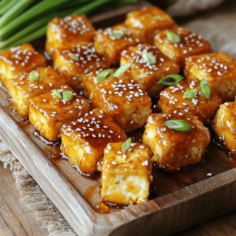 - 14 oz firm tofu - 1/4 cup honey - 2 tablespoons soy sauce - Salt and freshly ground pepper - 1/2 teaspoon garlic powder - 1/2 teaspoon onion powder - 3 tablespoons vegetable oil - 2 cloves garlic - 1 tablespoon rice vinegar - 1 tablespoon sesame seeds - 2 green onions The right mix of ingredients makes these crispy honey garlic tofu bites so tasty. I love using firm tofu because it holds its shape well. Pressing it first helps get rid of extra moisture. This step is key for the best texture. You’ll also want fresh honey for that sweet touch and soy sauce for a salty kick. Adding seasonings like garlic powder and onion powder gives the tofu a nice depth of flavor. A sprinkle of salt and fresh pepper enhances all the tastes. For cooking, vegetable oil works best for frying. It heats up quickly and helps achieve that golden brown color. Don’t forget the garlic! Minced garlic adds a bold flavor to the sauce. Rice vinegar gives a nice tang, balancing the sweetness of the honey. Finally, sesame seeds and green onions make for a beautiful garnish. They add crunch and color, making your dish look great on the table! For the full recipe, check out the details above. With these ingredients, you can create a snack that's both easy and full of flavor. Start by pressing the tofu. Wrap the tofu block in a clean kitchen towel. Place a heavy object on top to help remove moisture. Let it sit for about 15-20 minutes. This step makes the tofu firmer. After pressing, cut the tofu into bite-sized cubes. Aim for even pieces to ensure they cook well. Next, mix cornstarch and spices in a large bowl. Combine 2 tablespoons of cornstarch, 1/2 teaspoon of garlic powder, 1/2 teaspoon of onion powder, salt, and freshly ground pepper. Add the cubed tofu to the bowl. Toss gently until each piece is well coated with the mix. This coating helps create that crispy texture. Now, heat 3 tablespoons of vegetable oil in a large skillet over medium heat. Wait until the oil shimmers. Add the tofu cubes in a single layer. Fry them for about 3-4 minutes on each side. They should turn golden brown and crispy. Once fried, place the tofu bites on a plate lined with paper towels. This absorbs any extra oil. In a separate saucepan, combine the sauce ingredients. Use 1/4 cup of honey, 2 tablespoons of soy sauce, 1 tablespoon of rice vinegar, and 2 cloves of minced garlic. Heat over medium heat and stir until it bubbles gently. Let it simmer for about 2-3 minutes. This thickens the sauce nicely. Carefully add the crispy tofu bites to the honey garlic sauce. Use a spatula or tongs to toss gently. Make sure each piece is well-coated. Remove from heat to keep the tofu crispy. For serving, arrange the tofu bites on a platter. Garnish with sesame seeds and finely sliced green onions. Check out the Full Recipe for more details! To make your tofu bites crisp, use the right frying technique. Here’s how to do it: - Use a cast iron skillet or non-stick pan: These pans heat evenly and help prevent sticking. - Heat oil until shimmering: The oil should be hot. This helps the tofu fry quickly. For the perfect cornstarch coating, follow these secrets: - Use enough cornstarch: Coat each tofu piece well to create a crispy shell. - Let the coated tofu rest before frying: This helps the cornstarch stick better. Want to boost the flavor? Here are some ideas: - Add spices or herbs: Try chili powder or smoked paprika for a kick. - Use alternative sweeteners: Maple syrup or agave nectar work well if you prefer. Using the right tools makes cooking easier. Here’s what I suggest: - A heavy pan: A cast iron skillet is great for frying and helps keep heat steady. - Tofu press: This tool helps remove moisture quickly, making tofu crispier. For the full recipe, check out the detailed instructions. Enjoy your cooking! {{image_4}} If you want to make this dish vegan, you can swap honey with maple syrup or agave nectar. Both sweeteners work well and give a nice flavor. You can also use coconut nectar for a unique twist. For sauces, try using teriyaki or hoisin sauce for a different taste. These options add a fun twist while keeping the dish plant-based. You can change up the veggies in this recipe. Try adding bell peppers, zucchini, or broccoli. These veggies add color and texture. If you want a different protein source, use tempeh or seitan instead of tofu. These ingredients can give a new taste and make the dish exciting. Crispy honey garlic tofu bites taste great with many sides. Serve them with rice, quinoa, or a fresh salad. You can also pair them with steamed vegetables for a balanced meal. For meal prep, store the tofu bites separately from the sauce. This keeps them crispy. You can pack them for lunch or a quick dinner. For the full recipe, check out the Crispy Honey Garlic Tofu Bites 🥡 section. To store your crispy honey garlic tofu bites, place them in an airtight container. Keep the container in the fridge. This method helps maintain their freshness. They last up to three days, but the texture may change over time. If you want to enjoy them longer, consider freezing. Yes, you can freeze crispy honey garlic tofu bites! For best results, freeze the bites before adding the sauce. Arrange them in a single layer on a baking tray. Once frozen, transfer them to a freezer-safe bag. They can stay fresh for up to two months. When you're ready to eat, thaw them in the fridge overnight. To reheat, oven and air fryer methods work well to keep them crispy. Preheat your oven to 400°F. Place the tofu bites on a baking sheet and heat for about 10-15 minutes. For an air fryer, heat them at 375°F for about 8-10 minutes. This way, your bites will stay crunchy and delicious! Yes, you can make this recipe gluten-free. Use tamari instead of soy sauce. Tamari is a great alternative that offers a similar taste without gluten. Many brands offer gluten-free options. Always check the label. Tofu can be soggy if not prepared well. Pressing is key. Wrap the tofu in a clean towel. Place a heavy object on top for 15-20 minutes. This removes excess water. Cut the tofu into even cubes after pressing. This helps them cook evenly. These tofu bites go well with many sides. Try steamed rice or quinoa for a complete meal. You can also serve them with stir-fried vegetables. A light salad can balance the dish nicely. They also pair well with dipping sauces. You can add more depth to the sauce. Consider adding ginger for a spicy kick. A splash of sesame oil can bring richness. You might also try a hint of chili flakes for heat. Each addition can make the sauce even better. Using cornstarch is important for crispiness. It helps create a crunchy exterior on the tofu. Without cornstarch, the tofu may turn out soft. The coating binds to the tofu, making it delicious. It's a simple step for great texture in your dish. For the full recipe, check out the Crispy Honey Garlic Tofu Bites section! This blog post outlines how to make crispy honey garlic tofu bites, covering key ingredients, cooking steps, and expert tips for the best results. By following these recipes, you can enjoy tasty and versatile meals. Experiment with variations, from vegetarian swaps to flavorful side dishes. Keep these storage tips in mind to make the most of your leftovers. Happy cooking! Enjoy your delicious, crispy bites!