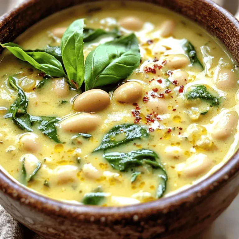 To make this Creamy Tuscan White Bean Soup, gather these simple ingredients: - 2 cans (15 oz each) white beans (such as cannellini or navy beans), rinsed and drained - 1 tablespoon olive oil - 1 medium onion, finely diced - 2 cloves garlic, minced - 3 cups vegetable broth - 1 cup fresh spinach, roughly chopped - 1 cup full-fat coconut milk (for richer creaminess) - 1 teaspoon Italian seasoning blend - 1/2 teaspoon red pepper flakes (adjust based on your spice preference) - Salt and freshly ground black pepper, to taste - Fresh basil leaves, for garnish You can easily adapt this soup for different diets. Here are some options: - Use gluten-free vegetable broth if you need a gluten-free version. - Swap the coconut milk for almond milk for a lighter base. - If you are avoiding beans, try using lentils instead. - For added protein, consider adding cooked chicken or turkey. While fresh ingredients often taste best, canned ingredients save time. Here’s a breakdown: - Canned White Beans: Convenient and ready to use. Rinse them to remove excess sodium. - Fresh Spinach: Fresh spinach adds a vibrant color and flavor. - Fresh Garlic and Onion: These provide a strong base for your soup. Fresh is always best here. - Vegetable Broth: You can use homemade broth for more flavor or store-bought for quick prep. Using a mix of fresh and canned ingredients helps create a creamy and satisfying soup with less effort. For the full recipe, check it out above! 1. Sauté Aromatics: Start by heating olive oil in a large pot over medium heat. Once the oil is hot, add the diced onion. Sauté for about 5 to 7 minutes until the onion is soft and clear. 2. Add Garlic: Next, stir in minced garlic. Cook it for 1 minute. This will make the kitchen smell amazing. 3. Combine Main Ingredients: Now, add the rinsed white beans, vegetable broth, Italian seasoning, and red pepper flakes. Stir everything well and bring it to a gentle simmer. 4. Simmer for Flavor: Once the soup simmers, reduce the heat to low. Let it cook for about 15 minutes. This helps all the flavors blend nicely. 5. Blend for Creaminess: After 15 minutes, use an immersion blender to blend the soup until it's smooth. If you don’t have one, pour half into a regular blender, blend it, and return it to the pot. 6. Incorporate Coconut Milk: Pour in the full-fat coconut milk and stir to mix well. Then, add chopped spinach. Let it simmer for another 5 minutes until the spinach is tender. 7. Season to Taste: Taste the soup and add salt and black pepper as you like. 8. Serve and Garnish: Scoop the hot soup into bowls. Top with fresh basil leaves for extra flavor. - Prep Time: 10 minutes - Total Cooking Time: 30 minutes - Servings: 4-6 - Large pot - Immersion blender or regular blender - Wooden spoon for stirring - Measuring cups and spoons - Knife and cutting board for chopping With these steps, you can create a tasty and creamy Tuscan white bean soup. For the full recipe, check out the ingredients and instructions above. Enjoy making this warm comfort bowl! To make your soup creamy, use full-fat coconut milk. This adds a rich texture. Blend the soup well for smoothness. An immersion blender works best for this task. If you prefer, transfer half the soup to a regular blender. This method gives a nice blend of creaminess and beans. Add fresh herbs like basil at the end for bright flavor. A squeeze of lemon juice can also enhance taste. If you like it spicy, add more red pepper flakes. A good sprinkle of salt helps all the flavors pop. Consider using homemade vegetable broth for deeper taste. Don't rush the sautéing of the onions. This step builds the base flavor. Avoid blending the soup too early; let it simmer first. This helps flavors meld together. Always taste the soup before serving and adjust seasoning. Too little salt can make it bland. Lastly, don’t skip the fresh basil garnish. It adds color and flavor to each bowl. For the complete process, check out the Full Recipe. {{image_4}} You can easily switch ingredients in this soup to change its taste. Instead of white beans, try chickpeas or lentils. Both give a nice texture. For a richer flavor, add smoked paprika or sun-dried tomatoes. You can also swap coconut milk with heavy cream or cashew cream for a different creaminess. This soup is already vegan and gluten-free. Just ensure all ingredients are certified gluten-free. If you want to add protein, toss in some cooked quinoa or diced tofu. Both keep the soup hearty while sticking to your dietary needs. Get creative with your soup! Add roasted vegetables like carrots or zucchini for extra flavor. Top each bowl with crunchy croutons or toasted nuts for a nice contrast. You can even drizzle some balsamic glaze on top for a sweet touch. For a fresh kick, sprinkle some lemon zest before serving. Explore these ideas to make your creamy Tuscan white bean soup a personal favorite! For the full recipe, check out the [Full Recipe]. After making your Creamy Tuscan White Bean Soup, let it cool down. Once cooled, store it in an airtight container. Glass containers work great for this. Keep it in the fridge for up to 4 days. Make sure to label it with the date. This helps you keep track of freshness. When you’re ready to enjoy the soup again, pour it into a pot. Heat it on medium until it’s warm. Stir it often to prevent sticking. You can also use a microwave. Place the soup in a safe bowl and heat for 1-2 minutes. Stir and check the heat. This ensures even warming. Want to save some for later? You can freeze the soup! Use freezer-safe bags or containers. Leave some space at the top for expansion. The soup can last up to 3 months in the freezer. When you want to eat it, thaw it in the fridge overnight. Then, reheat it as described above. Enjoy your tasty meal whenever you want! For the full details of making this soup, check the Full Recipe. The best way to blend the soup is with an immersion blender. It makes blending easy and quick. Just blend until it’s smooth. If you don’t have one, use a regular blender. Pour half the soup into the blender, blend it, and return it to the pot. Yes, you can use dried beans. You will need to soak them first. Soak the dried beans overnight in water. Then, cook them until they are soft. This will take more time than using canned beans. Once cooked, follow the same steps in the recipe. To make the soup spicier, add more red pepper flakes. Start with an extra 1/4 teaspoon. You can also add hot sauce or diced jalapeños. Stir them in while the soup simmers. Taste as you go to find your perfect heat level. Enjoy experimenting with the spice! In this blog post, we looked at how to make Creamy Tuscan White Bean Soup. We covered ingredients, including options for diets like vegan and gluten-free. I explained step-by-step cooking, along with tips for the best creaminess and flavor. We also discussed storage and answered common questions. Making soup can be fun and easy. Try the variations and enjoy each bowl. You can impress yourself and others with this recipe. It’s a warm dish full of flavor and comfort.