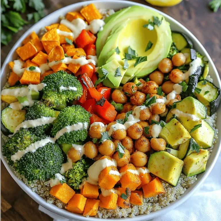 To make these colorful bowls, gather the following ingredients: - 1 medium sweet potato, peeled and diced into 1-inch cubes - 1 cup broccoli florets, washed and trimmed - 1 red bell pepper, diced into bite-sized pieces - 1 zucchini, sliced into half-moons - 1 cup quinoa, thoroughly rinsed under cold water - 2 cups vegetable broth or water - 2 tablespoons extra virgin olive oil - 1 teaspoon smoked paprika - 1 teaspoon garlic powder - Salt and freshly cracked black pepper to taste - 1 ripe avocado, sliced - 1 cup canned chickpeas, drained, rinsed, and patted dry - Juice from 1 fresh lemon - Fresh parsley, finely chopped for garnish You can add your favorite ingredients to make the dish your own. Try: - Spinach or kale for extra greens - Roasted nuts or seeds for crunch - Feta cheese or tofu for protein - Different spices like cumin or chili powder for flavor - Hot sauce for a spicy kick Each ingredient in these bowls packs a punch of nutrition: - Sweet potato: High in vitamins A and C, great for your immune system. - Broccoli: Rich in fiber and vitamins K and C, supports heart health. - Red bell pepper: Full of antioxidants and vitamin C, boosts skin health. - Zucchini: Low in calories and high in water, helps with hydration. - Quinoa: A complete protein, offers all nine essential amino acids. - Olive oil: Contains healthy fats that promote heart health. - Chickpeas: High in protein and fiber, keeps you full longer. - Avocado: Packed with healthy fats and vitamins, supports brain health. - Lemon juice: High in vitamin C, aids digestion and detox. - Parsley: Offers antioxidants and boosts your immune system. These ingredients come together to create a vibrant meal that is both flavorful and healthy. For the full recipe, check the details above. Start by preheating your oven to 425°F (220°C). A hot oven helps the veggies roast well. This step is key for getting that nice char and flavor. Grab a large, rimmed baking sheet. On it, put the diced sweet potato, broccoli florets, chopped red bell pepper, and sliced zucchini. Drizzle the mix with 2 tablespoons of extra virgin olive oil. Sprinkle 1 teaspoon of smoked paprika, 1 teaspoon of garlic powder, and add salt and pepper to taste. Toss everything together until all the veggies are coated well in the oil and spices. Spread the veggies in a single layer on the baking sheet. Roast them for 25-30 minutes. Stir them halfway through for even cooking. While the veggies roast, it’s time to cook the quinoa. Bring 2 cups of vegetable broth or water to a boil in a medium saucepan. Once it boils, add 1 cup of rinsed quinoa and lower the heat. Cover and let it simmer for about 15 minutes. The quinoa will be fluffy when done. Let it sit covered for 5 minutes off the heat. Now, for the fun part! In each bowl, add a generous scoop of quinoa. Next, layer on your roasted veggie medley. Top it with slices of creamy avocado and seasoned chickpeas. Drizzle some fresh lemon juice over the top and finish with a sprinkle of finely chopped parsley. This adds a pop of color and freshness. Enjoy your Roasted Veggie Buddha Bowls! For the Full Recipe, check the earlier section. To get the best flavor from your veggies, follow these tips: - Cut vegetables into even sizes. This helps them cook at the same rate. - Use a rimmed baking sheet. It catches juices and prevents spills. - Don’t overcrowd the pan. Give your veggies space to brown. - Toss halfway through cooking. This helps them cook evenly and adds crispness. - Experiment with cooking times. Some veggies need more time than others. Cooking quinoa is easy if you follow these steps: - Rinse the quinoa well before cooking. This removes the bitter coating called saponin. - Use a 2:1 ratio of liquid to quinoa. This ensures fluffy grains. - Bring the liquid to a boil first, then add quinoa. This helps it cook evenly. - Cover and simmer for about 15 minutes. Once done, let it sit covered for 5 minutes. - Fluff it with a fork before serving. This makes it light and airy. To elevate your Buddha bowls, try these ideas: - Mix lemon juice with tahini for a creamy dressing. - Use balsamic vinegar and honey for a sweet tang. - Blend avocado with garlic and olive oil for a rich sauce. - Add fresh herbs like basil or cilantro for a burst of flavor. - Drizzle chili oil for a spicy kick. With these tips, your roasted veggie Buddha bowls will be tasty and satisfying. For the complete recipe, check the Full Recipe section. {{image_4}} Buddha bowls fit both vegan and vegetarian diets. To keep it vegan, simply skip any dairy toppings. Use plant-based dressings, like tahini or a simple lemon vinaigrette. You can add nuts or seeds for protein and crunch. For vegetarians, consider adding cheese for a creamy twist. Instead of quinoa, you can use other grains. Brown rice is a great choice. Farro or barley can add unique flavors and textures. You may also try couscous for a quick and easy option. Each grain brings its own taste and nutrients to the bowl. Use seasonal veggies for the freshest taste. In spring, try asparagus and peas. In summer, zucchini and tomatoes shine bright. Autumn calls for root vegetables like carrots and beets. In winter, use hearty greens like kale or Brussels sprouts. This way, your bowls stay colorful and delicious all year round. For the full recipe, check out the vibrant roasted veggie Buddha bowls. Store your leftover Buddha bowls in airtight containers. This keeps your food fresh. You can separate the quinoa, veggies, and toppings if you want. Use glass or plastic containers that seal well. This helps to maintain texture and flavor. Cool the bowls to room temperature before sealing. This prevents moisture buildup, which can spoil your meal. When you reheat your Buddha bowls, do it gently. Use the microwave or stovetop. If using the microwave, cover the bowl with a damp paper towel. This keeps moisture in and prevents drying. Heat in short bursts, stirring in between. On the stovetop, add a splash of water. This helps steam the veggies while heating. Aim for a warm, not hot, meal to keep the flavors balanced. Roasted Veggie Buddha Bowls can last in the fridge for about 3 to 5 days. Make sure to check for any off smells or changes in texture before eating. If stored properly, you can enjoy your meal without worry. For longer storage, freeze individual portions. They can last up to 3 months in the freezer. Just remember to label your containers with the date. A Buddha bowl is a colorful dish filled with healthy foods. It usually has grains, veggies, and protein. You can make it look pretty by arranging the food in sections. Each bowl is a feast for the eyes and the body. You can customize it with your favorite flavors and ingredients. This dish brings a balance of nutrients, making it a complete meal. Yes, you can swap out ingredients in this recipe. You can use any veggies you like, such as carrots or asparagus. If you don’t have quinoa, try brown rice or couscous. You can also change the protein. Use beans, tofu, or even meat if you prefer. The key is to keep the flavors balanced and fresh. To make this dish gluten-free, use gluten-free grains. Quinoa is a great choice since it is naturally gluten-free. Also, check your spices and dressings for hidden gluten. Most of the ingredients in this recipe, like veggies and chickpeas, are gluten-free. With these swaps, you can enjoy a tasty, gluten-free Buddha bowl. Absolutely! Meal prepping Buddha bowls is easy and fun. You can roast the veggies and cook the quinoa in advance. Store them in separate containers in the fridge. When you’re ready to eat, assemble your bowl with fresh avocado and chickpeas. This way, you save time and enjoy healthy meals all week. You can find the Full Recipe for Roasted Veggie Buddha Bowls above. It includes all the details you need to create this delicious meal. Enjoy making it! Roasted Veggie Buddha Bowls are simple and healthy. We explored key ingredients and their benefits. I shared easy steps for preparation and roasting. You learned tips for perfect results and flavor boosts. Variations let you adapt to your taste or diet. Proper storage keeps leftovers fresh. Overall, these bowls offer delicious nutrition and endless customization. Enjoy making your own healthy bowl!