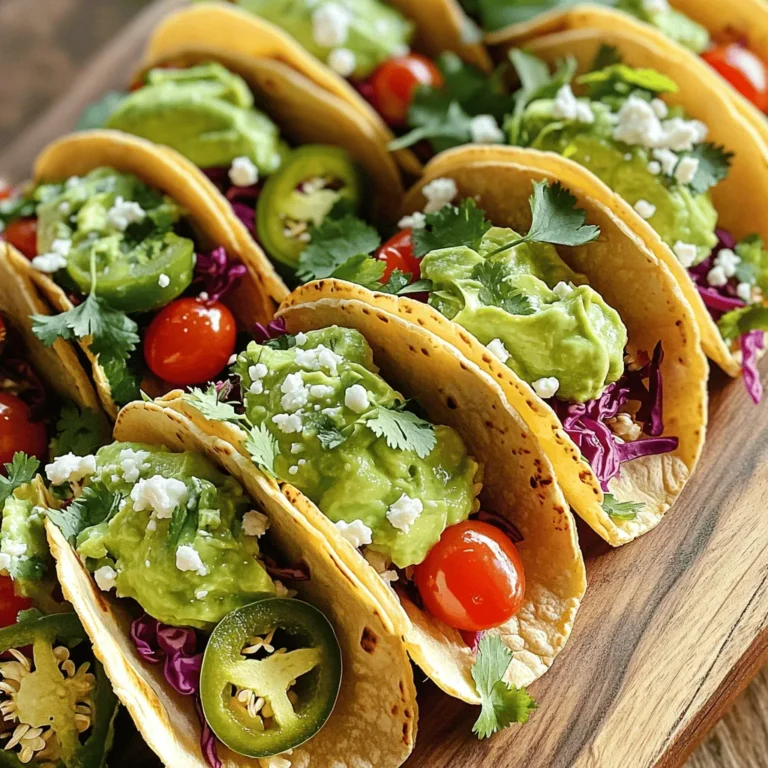 To make Avocado Lime Crema Tacos, you need some fresh and simple ingredients. Here’s what you will need: - Fresh produce: - 2 ripe avocados - 1 cup cherry tomatoes, halved - 1 cup shredded red cabbage - 1/2 cup fresh cilantro leaves, roughly chopped - Pantry staples: - 8 small corn tortillas - 1/2 cup Greek yogurt - 2 tablespoons fresh lime juice - Zest of 1 lime - 1 clove garlic, finely minced - 1/4 teaspoon ground cumin - Sea salt, to taste - Optional toppings: - Sliced jalapeños - Radish slices - Crumbled feta cheese When you gather these ingredients, aim for ripe avocados. They will make your crema smooth and creamy. Fresh cilantro adds a burst of flavor to the tacos. You can also adjust the optional toppings based on your taste. If you want more heat, add jalapeños. For a crunchy touch, sprinkle some radish slices. You can find the full recipe in the article for detailed steps. Enjoy the fresh tastes of these tacos! To start, grab your food processor. Add the ripe avocados, Greek yogurt, fresh lime juice, lime zest, minced garlic, ground cumin, and a pinch of sea salt. Blend it all together until smooth and creamy. If it seems too thick, add a bit more lime juice. Taste it and adjust the salt or lime juice to your liking. A little extra zing can really elevate the flavor! Use a non-stick skillet for this step. Heat it over medium heat. Toast each corn tortilla for about 30 seconds on one side. Flip it and toast for another 30 seconds. The tortillas should feel warm and soft. Once done, stack them and wrap them in a clean kitchen towel to keep them warm. This keeps them from getting dry. Now, take a warm tortilla and spread a generous dollop of your avocado lime crema right in the center. Next, add a handful of shredded red cabbage for crunch. Layer on some halved cherry tomatoes for a fresh bite. Finally, sprinkle chopped fresh cilantro on top for a burst of flavor. For a fun twist, try adding some sliced jalapeños for heat, radish slices for crunch, or crumbled feta cheese for a savory touch. Serve your tacos right away. Enjoy them while they are fresh and bursting with flavor! Remember, you can find the full recipe [here]. You can switch up the base in your crema. Try sour cream or Greek yogurt for a tangy twist. If you want a dairy-free option, use silken tofu or cashew cream. For extra flavor, add herbs like cilantro or dill. You can also mix in spices such as smoked paprika or chipotle for a smoky kick. To balance flavors, add a mix of textures. Use crunchy cabbage, juicy tomatoes, and creamy crema. These layers make each bite exciting. To avoid tearing the tortillas, warm them first. Heat them in a skillet for about 30 seconds on each side. This softens them, making them easier to fold without breaking. Pair your tacos with simple sides. A fresh salad or rice works well. You might also enjoy them with a light drink like agua fresca or sparkling water. For garnishes, lime wedges and extra cilantro make your tacos look vibrant and fresh. These touches enhance both taste and presentation. For the Full Recipe, refer to the earlier section. {{image_4}} For a tasty vegetarian or vegan taco, swap Greek yogurt for cashew cream or coconut yogurt. Both options keep the creamy texture and flavor. You can also add black beans or roasted chickpeas for protein. These legumes add a nice texture and a mild flavor. Toss in some grilled zucchini or bell peppers for extra color and taste. Fresh herbs like mint or basil can bring a surprise twist. If you want to add protein, consider grilled chicken or shrimp. Marinate chicken in lime juice, garlic, and cumin for at least 30 minutes before grilling. For shrimp, a quick toss with olive oil and lime juice works well. Both options cook fast, making them easy to prepare. You could also try seared steak or fish for a heartier bite. Just remember to let the meat rest before slicing to keep it juicy. Tacos can take on many flavors based on where you are. In Mexico, you might find tacos with carne asada, topped with fresh cilantro and onions. In California, fish tacos with mango salsa are popular. Seasonal ingredients can also add a fresh touch. In summer, add sweet corn or peaches. In fall, roasted butternut squash or cranberries can provide a warm, cozy vibe. Each variation opens a new door to flavor! For full recipe details, check out the [Full Recipe]. You can store leftover tacos in different ways. If you have assembled tacos, wrap them in foil or plastic wrap. This keeps them fresh for a short time. Unassembled tacos store better. Keep the tortillas, crema, and toppings separate. Use airtight containers for each. This helps keep everything fresh. - Assembled Tacos: Wrap well in foil or plastic wrap. - Unassembled Tacos: Store tortillas, crema, and toppings in airtight containers. Store everything in the fridge. Consume within two days for best taste. To reheat tortillas, use a skillet. Heat it on medium for a few minutes. Place the tortilla for about 15 seconds on each side. This warms them without losing their texture. For the crema, avoid reheating. Instead, store it in the fridge. Use it cold or at room temperature. This keeps the fresh flavor. - Tortilla Method: Heat on medium in a skillet for 15 seconds per side. - Crema Storage: Keep it cold or at room temperature. These simple steps ensure your Avocado Lime Crema Tacos stay delicious! You can add heat with sliced jalapeños. Place them on top of the crema. For more heat, use hot sauce. A few drops can spice things up without being too much. Try different hot sauces to find your favorite flavor. This small change can make your tacos zing! Yes, you can make the crema ahead of time. Store it in an airtight container in the fridge. It stays fresh for about two days. To keep the color bright, add a little extra lime juice. Stir before using to bring back its smooth texture. If you can't find corn tortillas, use flour tortillas instead. They are soft and easy to fold. You can also use lettuce leaves for a low-carb option. For gluten-free diets, look for rice or almond flour tortillas. Each option gives a unique taste to your tacos. Yes, this recipe is great for meal prep. You can prepare the crema and store it in the fridge. Warm the tortillas before serving. Assemble the tacos just before eating to keep everything fresh. This way, you have tasty meals ready for the week with little effort. For the full recipe, check out the details above! In this article, we explored how to make tasty Avocado Lime Crema Tacos. We covered the essential ingredients, step-by-step instructions, and helpful tips for perfecting your taco assembly. You can easily customize your crema and taco fillings to suit your taste. Remember, you can prepare these tacos in advance and store leftovers for later enjoyment. Embrace these ideas to make your taco nights fun and delicious! With a little practice, you’ll impress family and friends with your new skills. Enjoy every bite!
