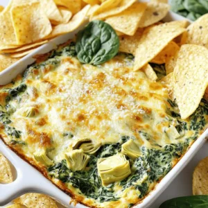 To make this tasty dip, gather these ingredients: - 1 cup fresh spinach, finely chopped - 1 cup canned artichoke hearts, drained and roughly chopped - 1 cup cream cheese, softened to room temperature - ½ cup sour cream - ½ cup mayonnaise - 1 cup shredded mozzarella cheese - ½ cup grated Parmesan cheese - 2 cloves garlic, minced - Salt and freshly ground black pepper to taste - ½ teaspoon red pepper flakes (optional, for added heat) - Tortilla chips or slices of a freshly baked baguette for serving You can easily swap some ingredients to fit your diet. Here are some options: - Use Greek yogurt instead of sour cream for a lighter dip. - Replace cream cheese with a dairy-free version for a vegan option. - If you're gluten-free, make sure your chips or bread are certified gluten-free. - For a lower-fat option, use reduced-fat cream cheese and mayonnaise. Choosing between fresh and canned ingredients can affect the dip's taste and texture. - Fresh spinach gives a vibrant flavor and bright color. It wilts down well when mixed. - Canned artichoke hearts are convenient and still packed with flavor. Just make sure to drain them well. - For cheeses, fresh mozzarella creates a beautiful melt, but shredded works just fine too. - Using fresh garlic gives a stronger taste, while jarred minced garlic is a quick alternative. This mix of fresh and canned ingredients leads to a creamy and delicious Spinach Artichoke Dip. For the complete details, check the Full Recipe. Making spinach artichoke dip is simple and fun. You mix creamy cheeses with tasty veggies. Start by prepping your oven and ingredients. Then, blend your mix and bake until bubbly. This dip is perfect for any gathering and always a hit! 1. Preheat your oven to 350°F (175°C). This step is key for a nice bake. 2. In a medium bowl, mix cream cheese, sour cream, and mayonnaise. Use an electric mixer or spatula for a smooth blend. 3. Add spinach, artichokes, and garlic to the bowl. Stir well to combine everything. 4. Fold in mozzarella and Parmesan cheese. Make sure it's evenly mixed. 5. Season the mix with salt, pepper, and red pepper flakes if you want heat. 6. Transfer the creamy mix into a baking dish. Spread it out evenly. 7. Bake for 25-30 minutes. Look for a golden top and bubbly edges. 8. Let it cool slightly before serving. This helps the flavors come together. To get that perfect dip texture, use softened cream cheese. This makes mixing easier. Don’t skip the baking time. It allows the cheese to melt and flavors to blend. If it’s too thick, add a splash of cream or milk. For a lighter dip, try using Greek yogurt instead of sour cream. These tips will help you create a dip that's creamy and delicious. To create the best spinach artichoke dip, start with room-temperature cream cheese. This makes it easier to blend. Use a mixer or spatula to ensure smoothness. Mix the cream cheese, sour cream, and mayonnaise until creamy. Then, gently fold in the spinach and artichokes. This keeps the dip light and fluffy. When baking, spread the mixture evenly in the dish. This helps it cook evenly. Watch it closely as it bakes. You want a golden brown top, which shows it’s ready. Let it cool for a few minutes before serving to help the flavors meld. Serve the dip warm for the best taste. It pairs well with tortilla chips or slices of a freshly baked baguette. For a colorful touch, sprinkle some extra Parmesan cheese on top. Add a few fresh spinach leaves for a pop of color. This not only looks great but also adds freshness. You can also serve it with veggie sticks. Carrots, celery, and bell peppers make excellent dippers. They add crunch and a healthy twist to your party platter. Spinach artichoke dip goes well with many drinks. A crisp white wine like Sauvignon Blanc complements its creamy texture. If you prefer beer, a light lager or pale ale works nicely, too. For food pairings, consider serving some light appetizers. Shrimp cocktails or bruschetta can balance the dip's richness. If you're feeling adventurous, try serving it alongside a charcuterie board. The flavors of cured meats and cheeses can enhance your experience. For detailed steps and ingredient guidance, refer to the Full Recipe. Enjoy your culinary adventure! {{image_4}} To make a vegan version, replace cream cheese with cashew cream. Soak cashews in water for a few hours. Blend them until smooth. Use a dairy-free sour cream and mayonnaise too. This way, you’ll keep the creaminess while being plant-based. The flavor stays rich and satisfying without any animal products. For a gluten-free dip, just focus on your dippers. Use fresh veggies or gluten-free chips. The dip itself is naturally gluten-free. All the ingredients, like cheese and artichokes, are safe to enjoy. Just check labels for any hidden gluten in processed items. Want some heat? Add in more red pepper flakes or diced jalapeños. You can also mix in diced green chiles for a different spice level. If you enjoy smokiness, try smoked paprika. These changes add depth and excitement to your dip. Customize it to suit your taste buds! To keep leftover spinach artichoke dip fresh, let it cool first. Then, transfer it to an airtight container. Make sure the lid seals tightly. Store it in the fridge for up to three days. Label your container with the date. This way, you know when to eat it by. When you're ready to enjoy your dip again, reheat it gently. Preheat your oven to 350°F (175°C). Place the dip in an oven-safe dish. Cover it with foil to keep it moist. Bake for about 15-20 minutes until hot. You can also use the microwave for quick reheating. Heat it in short bursts, stirring in between. This ensures it warms evenly without drying out. Yes, you can freeze spinach artichoke dip! First, let it cool completely. Then, place it in a freezer-safe container, leaving some space for expansion. Seal it tightly and label it with the date. It can last in the freezer for up to three months. To thaw, move it to the fridge overnight. Reheat it as mentioned before to restore its deliciousness. Enjoy every creamy bite! Spinach Artichoke Dip lasts about 3 to 5 days in the fridge. Store it in an airtight container. This helps keep it fresh and tasty. If you see any mold or bad smell, throw it away. Yes, you can make Spinach Artichoke Dip ahead of time. Prepare it a day or two before your event. Just keep it covered in the fridge. When you’re ready, bake it before serving. This saves time and lets the flavors blend well. You can use many things as dippers for Spinach Artichoke Dip. Here are some ideas: - Slices of fresh baguette - Pita chips - Veggie sticks like carrots or celery - Crackers - Pretzels All these options add fun and flavor to your dip experience. Spinach Artichoke Dip can be part of a healthy diet. It has spinach, which is full of vitamins. Artichokes have fiber, too. However, it also has cream and cheese, which are high in fat. Enjoy it in moderation to keep it balanced. For the full recipe, check out the Creamy Spinach Artichoke Delight section above. You’ll find all the ingredients and steps you need to create this tasty dish. In this post, I covered homemade spinach artichoke dip, from ingredients to serving. You learned about ingredient swaps and how to choose fresh or canned options. I shared easy steps for perfect consistency and useful tips for mixing and baking. You also discovered fun variations, storage methods, and answers to common questions. Spinach artichoke dip is versatile and easy to make. Whether you serve it at a party or enjoy it at home, it’s sure to please everyone.