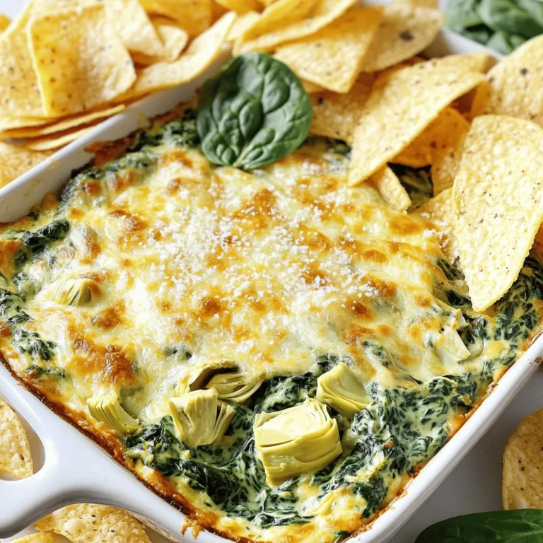 To make this tasty dip, gather these ingredients: - 1 cup fresh spinach, finely chopped - 1 cup canned artichoke hearts, drained and roughly chopped - 1 cup cream cheese, softened to room temperature - ½ cup sour cream - ½ cup mayonnaise - 1 cup shredded mozzarella cheese - ½ cup grated Parmesan cheese - 2 cloves garlic, minced - Salt and freshly ground black pepper to taste - ½ teaspoon red pepper flakes (optional, for added heat) - Tortilla chips or slices of a freshly baked baguette for serving You can easily swap some ingredients to fit your diet. Here are some options: - Use Greek yogurt instead of sour cream for a lighter dip. - Replace cream cheese with a dairy-free version for a vegan option. - If you're gluten-free, make sure your chips or bread are certified gluten-free. - For a lower-fat option, use reduced-fat cream cheese and mayonnaise. Choosing between fresh and canned ingredients can affect the dip's taste and texture. - Fresh spinach gives a vibrant flavor and bright color. It wilts down well when mixed. - Canned artichoke hearts are convenient and still packed with flavor. Just make sure to drain them well. - For cheeses, fresh mozzarella creates a beautiful melt, but shredded works just fine too. - Using fresh garlic gives a stronger taste, while jarred minced garlic is a quick alternative. This mix of fresh and canned ingredients leads to a creamy and delicious Spinach Artichoke Dip. For the complete details, check the Full Recipe. Making spinach artichoke dip is simple and fun. You mix creamy cheeses with tasty veggies. Start by prepping your oven and ingredients. Then, blend your mix and bake until bubbly. This dip is perfect for any gathering and always a hit! 1. Preheat your oven to 350°F (175°C). This step is key for a nice bake. 2. In a medium bowl, mix cream cheese, sour cream, and mayonnaise. Use an electric mixer or spatula for a smooth blend. 3. Add spinach, artichokes, and garlic to the bowl. Stir well to combine everything. 4. Fold in mozzarella and Parmesan cheese. Make sure it's evenly mixed. 5. Season the mix with salt, pepper, and red pepper flakes if you want heat. 6. Transfer the creamy mix into a baking dish. Spread it out evenly. 7. Bake for 25-30 minutes. Look for a golden top and bubbly edges. 8. Let it cool slightly before serving. This helps the flavors come together. To get that perfect dip texture, use softened cream cheese. This makes mixing easier. Don’t skip the baking time. It allows the cheese to melt and flavors to blend. If it’s too thick, add a splash of cream or milk. For a lighter dip, try using Greek yogurt instead of sour cream. These tips will help you create a dip that's creamy and delicious. To create the best spinach artichoke dip, start with room-temperature cream cheese. This makes it easier to blend. Use a mixer or spatula to ensure smoothness. Mix the cream cheese, sour cream, and mayonnaise until creamy. Then, gently fold in the spinach and artichokes. This keeps the dip light and fluffy. When baking, spread the mixture evenly in the dish. This helps it cook evenly. Watch it closely as it bakes. You want a golden brown top, which shows it’s ready. Let it cool for a few minutes before serving to help the flavors meld. Serve the dip warm for the best taste. It pairs well with tortilla chips or slices of a freshly baked baguette. For a colorful touch, sprinkle some extra Parmesan cheese on top. Add a few fresh spinach leaves for a pop of color. This not only looks great but also adds freshness. You can also serve it with veggie sticks. Carrots, celery, and bell peppers make excellent dippers. They add crunch and a healthy twist to your party platter. Spinach artichoke dip goes well with many drinks. A crisp white wine like Sauvignon Blanc complements its creamy texture. If you prefer beer, a light lager or pale ale works nicely, too. For food pairings, consider serving some light appetizers. Shrimp cocktails or bruschetta can balance the dip's richness. If you're feeling adventurous, try serving it alongside a charcuterie board. The flavors of cured meats and cheeses can enhance your experience. For detailed steps and ingredient guidance, refer to the Full Recipe. Enjoy your culinary adventure! {{image_4}} To make a vegan version, replace cream cheese with cashew cream. Soak cashews in water for a few hours. Blend them until smooth. Use a dairy-free sour cream and mayonnaise too. This way, you’ll keep the creaminess while being plant-based. The flavor stays rich and satisfying without any animal products. For a gluten-free dip, just focus on your dippers. Use fresh veggies or gluten-free chips. The dip itself is naturally gluten-free. All the ingredients, like cheese and artichokes, are safe to enjoy. Just check labels for any hidden gluten in processed items. Want some heat? Add in more red pepper flakes or diced jalapeños. You can also mix in diced green chiles for a different spice level. If you enjoy smokiness, try smoked paprika. These changes add depth and excitement to your dip. Customize it to suit your taste buds! To keep leftover spinach artichoke dip fresh, let it cool first. Then, transfer it to an airtight container. Make sure the lid seals tightly. Store it in the fridge for up to three days. Label your container with the date. This way, you know when to eat it by. When you're ready to enjoy your dip again, reheat it gently. Preheat your oven to 350°F (175°C). Place the dip in an oven-safe dish. Cover it with foil to keep it moist. Bake for about 15-20 minutes until hot. You can also use the microwave for quick reheating. Heat it in short bursts, stirring in between. This ensures it warms evenly without drying out. Yes, you can freeze spinach artichoke dip! First, let it cool completely. Then, place it in a freezer-safe container, leaving some space for expansion. Seal it tightly and label it with the date. It can last in the freezer for up to three months. To thaw, move it to the fridge overnight. Reheat it as mentioned before to restore its deliciousness. Enjoy every creamy bite! Spinach Artichoke Dip lasts about 3 to 5 days in the fridge. Store it in an airtight container. This helps keep it fresh and tasty. If you see any mold or bad smell, throw it away. Yes, you can make Spinach Artichoke Dip ahead of time. Prepare it a day or two before your event. Just keep it covered in the fridge. When you’re ready, bake it before serving. This saves time and lets the flavors blend well. You can use many things as dippers for Spinach Artichoke Dip. Here are some ideas: - Slices of fresh baguette - Pita chips - Veggie sticks like carrots or celery - Crackers - Pretzels All these options add fun and flavor to your dip experience. Spinach Artichoke Dip can be part of a healthy diet. It has spinach, which is full of vitamins. Artichokes have fiber, too. However, it also has cream and cheese, which are high in fat. Enjoy it in moderation to keep it balanced. For the full recipe, check out the Creamy Spinach Artichoke Delight section above. You’ll find all the ingredients and steps you need to create this tasty dish. In this post, I covered homemade spinach artichoke dip, from ingredients to serving. You learned about ingredient swaps and how to choose fresh or canned options. I shared easy steps for perfect consistency and useful tips for mixing and baking. You also discovered fun variations, storage methods, and answers to common questions. Spinach artichoke dip is versatile and easy to make. Whether you serve it at a party or enjoy it at home, it’s sure to please everyone.