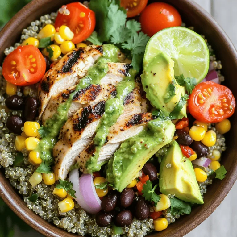 Salsa Verde Chicken Bowls are a bright, tasty meal. They mix chicken with fresh veggies and quinoa. Each bowl is healthy and filling. You can find the full recipe at the end of this section. - 2 boneless, skinless chicken breasts - 1 cup salsa verde - 1 tablespoon extra virgin olive oil - 1 cup cooked quinoa - 1 cup black beans, rinsed and drained - 1 ripe avocado, sliced - 1 cup cherry tomatoes, halved - 1 cup corn (fresh or canned, drained if canned) - 1/2 medium red onion, finely diced - 1 cup fresh cilantro, roughly chopped - Salt and freshly cracked pepper, to taste - Juice of 1 lime (about 2 tablespoons) These ingredients come together to create a great balance of protein, fiber, and vitamins. The chicken gives you lean protein. The quinoa adds whole grains. Beans and veggies bring fiber and nutrients. Each bite is not only tasty but also good for you. Start by marinating the chicken. Take a mixing bowl and add the chicken breasts. Pour in the salsa verde, covering the chicken well. This adds so much flavor. Cover the bowl with plastic wrap and place it in the fridge for at least 30 minutes. This helps the chicken soak up all that tasty salsa. Next, we need to cook the quinoa. Rinse the quinoa under cold water. This removes a bitter coating called saponin. In a pot, combine 1 cup of quinoa and 2 cups of water. Bring the water to a boil. Then, reduce the heat to low, cover the pot, and let it simmer for about 15 minutes. Once the water is absorbed, remove the pot from heat and let it sit for 5 minutes. Fluff the quinoa with a fork, and it's ready! Now it's time to cook the chicken. Heat a tablespoon of olive oil in a skillet over medium heat. Once the oil is hot, take the chicken from the marinade. Discard any leftover marinade. Place the chicken in the skillet and cook it for about 6-7 minutes on each side. The chicken should be golden brown and reach 165°F inside. After cooking, let it rest for a few minutes before you slice it thinly. In a large mixing bowl, combine the cooked quinoa, black beans, corn, halved cherry tomatoes, diced red onion, and half of the chopped cilantro. Drizzle lime juice over this mix. Season it with salt and freshly cracked pepper to taste. Toss everything gently until it’s all mixed well. To assemble the bowls, divide the quinoa and black bean mixture evenly among four bowls. Top each bowl with sliced chicken. Place the avocado slices on top of the chicken, and sprinkle the rest of the cilantro over each bowl. For a little extra flavor, you can drizzle more salsa verde on top. Serve the bowls right away. Add lime wedges on the side for a zesty touch. Enjoy your healthy and flavorful meal! For the full recipe, check out Salsa Verde Chicken Bowls . When picking salsa verde, look for freshness and flavor. Choose a brand made with real ingredients. Check for bright green color and a balance of spice. If you like heat, find one with jalapeños. A milder salsa works for those who prefer less spice. You can also make your own at home. Blend tomatillos, cilantro, lime juice, and garlic for a fresh twist. For juicy chicken, marinate it well. Salsa verde adds flavor and keeps the chicken moist. Use medium heat when cooking. This helps cook the chicken evenly without burning. Flip the chicken only once to get a nice sear. Use a meat thermometer to check for doneness. Chicken should reach 165°F. Let it rest before slicing to keep juices inside. Quinoa can taste bitter if not rinsed. Rinse it under cold water before cooking. This removes saponin, the coating that causes bitterness. Use a ratio of 1 part quinoa to 2 parts water. Bring it to a boil, then simmer. Fluff with a fork after cooking for a great texture. Cooked quinoa should be light and fluffy. Salsa verde chicken bowls are fun to customize! Add your favorite toppings like cheese, sour cream, or hot sauce. You can swap quinoa for brown rice or cauliflower rice. Try different beans like pinto or kidney beans. Add veggies like bell peppers or zucchini for extra crunch. Mix and match to suit your taste! {{image_4}} You can easily make this dish vegetarian. Replace the chicken with grilled zucchini or mushrooms. These options add great texture and flavor. Use the same salsa verde to keep it vibrant. You can also add more beans or chickpeas to boost protein. This way, you keep the meal filling and nutritious. If you prefer rice, swap quinoa for brown or white rice. Both options work well and absorb flavors nicely. Brown rice adds a nutty taste and more fiber. White rice gives a soft, fluffy texture. Cook the rice according to package instructions for best results. Try adding toppings for a personal touch. Crumbled feta cheese or Greek yogurt adds creaminess. Fresh jalapeños give a spicy kick. You can also include pickled red onions for tang. Serve with tortilla chips or a fresh salad on the side. These extras make the meal more exciting and flavorful. Feel free to mix and match to find your favorite combination! You can keep leftovers in an airtight container. Make sure to let the bowl cool before sealing it. Store the chicken and quinoa mixture separately from the avocado. This keeps the avocado fresh and green. Leftovers will stay good for up to three days in the fridge. To reheat, warm up the chicken and quinoa mixture in a skillet over medium heat. Stir it often. You can also use the microwave. Heat in short bursts of 30 seconds until warm. Be careful not to overheat, or the chicken may dry out. Add fresh avocado after reheating for the best taste. You can freeze the chicken and quinoa mixture for later. Use a freezer-safe container or bag. It will keep for up to three months. When you're ready to eat, thaw it in the fridge overnight. Reheat it gently, and then add fresh toppings. This will help keep your bowl vibrant and tasty. For the full recipe, check out the details above. You can serve many tasty sides with Salsa Verde Chicken Bowls. I suggest: - Tortilla chips for crunch. - A fresh garden salad for extra greens. - Greek yogurt or sour cream for creaminess. - Fresh lime wedges for added zest. - Extra salsa verde for more flavor. These options add variety and balance to your meal. Cooked chicken stays good in the fridge for about 3 to 4 days. Make sure to store it in an airtight container. If you want it to last longer, freeze it. Frozen chicken can stay safe for up to 4 months. Yes, you can make parts of this recipe ahead of time. Marinate the chicken a day before. You can also cook the quinoa and store it in the fridge. Just keep everything in separate containers. This way, you save time when you’re ready to eat. Quinoa is very healthy! It is a complete protein. This means it has all nine essential amino acids. It’s high in fiber, which is good for digestion. Quinoa also has vitamins and minerals, like magnesium and iron. Adding quinoa to your meals boosts nutrition and keeps you full longer. In this article, we covered making delicious Salsa Verde Chicken Bowls. You learned about all the key ingredients, step-by-step cooking tips, and even how to customize your bowls. Remember to choose the best salsa and marinate the chicken well for great flavor. These bowls are versatile and perfect for any meal. Feel free to adjust toppings and sides to suit your taste. Enjoy your cooking adventure and delight your family with this healthy dish!