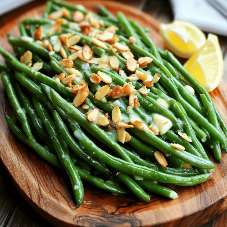 - 1 pound fresh green beans, trimmed - 4 tablespoons unsalted butter - 4 cloves garlic, finely minced - 1 teaspoon fresh lemon zest - 1 tablespoon fresh lemon juice - 1/2 teaspoon red pepper flakes (optional for heat) - Salt and freshly ground black pepper to taste - 1/4 cup sliced almonds, toasted (for garnish) Fresh green beans are key for this dish. Look for bright, crisp beans without blemishes. The unsalted butter lets you control the salt level. Garlic adds a strong, savory taste, so use fresh cloves when possible. Lemon zest and juice brighten the dish, adding a nice tang. Red pepper flakes give a little kick, but you can skip them if you want a milder flavor. Toasted almonds add a crunchy finish, so don’t skip them! If you can’t find fresh green beans, frozen ones work too. Just thaw and drain them first. For a dairy-free option, use olive oil instead of butter. You can swap garlic for shallots for a milder taste. If you don’t like lemon, try lime juice or vinegar for acidity. Instead of almonds, use walnuts or pine nuts for a different crunch. Feel free to mix and match these options to fit your taste! For the full recipe, check out the step-by-step guide to make these tasty Garlic Butter Green Beans. 1. Boil Water: Start by filling a large pot with water. Add salt and bring it to a boil. 2. Trim Beans: While waiting, trim the ends of the green beans. This simple step makes them easier to eat. 3. Ice Bath Ready: Prepare a bowl with ice water. This will help stop the cooking later. 1. Blanch the Beans: Once the water is boiling, add the green beans. Cook them for 3-4 minutes. They should be bright green and crisp-tender. 2. Cool Down: Quickly move the beans to the ice bath. Let them cool for about 5 minutes. Drain the beans and set them aside. 3. Melt Butter: In a large skillet, add butter over medium heat. Wait until it melts and bubbles. 4. Add Garlic: Put in the minced garlic. Sauté for about 30 seconds. Be careful not to brown the garlic. It can turn bitter. 5. Combine Beans: Add the blanched green beans to the skillet. Toss them gently in the garlic butter. Cook for 4-5 minutes until heated through. 6. Finish with Flavor: Stir in lemon zest, lemon juice, and optional red pepper flakes. Season with salt and pepper. Mix well. 1. Serving Dish: Carefully transfer the green beans to a serving dish. 2. Garnish: Sprinkle toasted almond slices on top. This adds crunch and looks lovely. 3. Presentation: Arrange the green beans neatly. Place lemon wedges on the side for extra flair. Enjoy your Garlic Butter Green Beans! You can find the Full Recipe linked here. To make the best garlic butter green beans, start with fresh green beans. Look for beans that are bright green and firm. Trim the ends for a clean look. Blanching is key. It keeps the beans bright and crisp. Use a large pot of salted water for boiling. An ice bath helps stop the cooking. This gives you that perfect crunch! To add more flavor, try using garlic oil instead of butter. This gives a nice twist to the dish. Adding lemon zest brightens the taste too. If you like spice, sprinkle in red pepper flakes. For extra crunch, toast almond slices before adding them on top. These small steps really boost the flavor and texture. One common mistake is overcooking the beans. They should be crisp-tender, not mushy. Be careful with the garlic; it can burn quickly. If it turns brown, it will taste bitter. Also, don’t skip the ice bath after blanching. It keeps your beans looking fresh and vibrant. Following these tips will help you create a stunning side dish. For a full recipe, check out the complete details above. {{image_4}} You can change the flavor of garlic butter green beans easily. Try adding herbs like thyme or basil for a fresh twist. If you prefer a spicy kick, use diced jalapeños instead of red pepper flakes. For a unique taste, mix in some soy sauce or balsamic vinegar. These additions bring out different flavors and keep the dish exciting. Want to make your green beans a full meal? Consider adding protein. Cooked chicken or shrimp pairs well with the garlic butter. Just toss them in the skillet with the green beans. For a plant-based option, add chickpeas or tofu. These ingredients not only enhance flavor but also make the dish heartier. Switching ingredients based on the season can elevate your green beans. In spring, consider adding fresh peas for sweetness. During summer, cherry tomatoes add a burst of flavor. In fall, roasted butternut squash brings warmth. Winter calls for crispy Brussels sprouts for a crunchy contrast. These swaps keep your dish fresh and interesting all year round. For the complete recipe, check out the [Full Recipe]. To store leftover Garlic Butter Green Beans, place them in an airtight container. Make sure they are completely cool before sealing. This helps keep them fresh. Store the container in the fridge for up to three days. When you want to enjoy your leftovers, you can reheat them easily. You can use the microwave or a skillet. For the microwave, heat for about 30 seconds. Stir and check if they are warm enough. If using a skillet, add a little butter and heat on low. Stir until hot, about 3-4 minutes. You can freeze Garlic Butter Green Beans, but they may lose some crunch. To freeze, first, blanch the beans as in the recipe. Cool them in ice water, then drain well. Place the beans in a freezer-safe bag. Remove as much air as possible before sealing. They can freeze for up to three months. When you are ready to use them, thaw overnight in the fridge before reheating. For the full recipe, check out the details above. To make Garlic Butter Green Beans vegan, swap the butter for vegan butter or olive oil. Use the same amount for a rich flavor. The garlic and lemon will still shine through. This change keeps the dish tasty while meeting vegan needs. The best ways to prepare green beans include blanching, steaming, or sautéing. Blanching keeps them bright and crisp. Sautéing with garlic, like in this recipe, adds great flavor. You can also roast them for a lovely char. Each method brings out the green beans' natural sweetness. Yes, you can make Garlic Butter Green Beans ahead of time. Cook them fully and let them cool. Store in an airtight container in the fridge for up to three days. When ready to serve, reheat in a pan. This keeps the flavors fresh and vibrant. For the full recipe, check out the details above. You learned about the key ingredients for Garlic Butter Green Beans and how to use them. I shared tips to make your dish better, avoid common mistakes, and add variety. You'll know how to store leftovers, reheat, and even freeze them. Remember to tweak the recipe based on your taste or what you have on hand. Cooking should be fun, so feel free to try new things. Enjoy making this dish and impressing your family or friends!