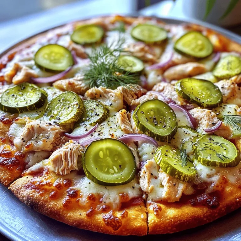 To create a delicious Pickle Ranch Chicken Pizza, gather these simple ingredients: - 1 pre-made pizza dough - 1 cup cooked chicken, shredded - 1/2 cup ranch dressing - 1 cup shredded mozzarella cheese - 1 cup dill pickles, sliced - 1/2 red onion, thinly sliced - 1/4 teaspoon garlic powder - 1/4 teaspoon black pepper - Fresh dill, for garnish (optional) These ingredients blend together to create a unique flavor. The ranch dressing adds creaminess, while the dill pickles bring tang and crunch. The mozzarella cheese melts beautifully, creating a comforting layer. Each bite bursts with flavor, making this pizza a favorite at any table. You can find the full recipe to guide you through the cooking process. Enjoy making this easy dish! - Preheat your oven to 475°F (245°C) or follow your package instructions. - In a bowl, mix shredded chicken with ranch dressing, garlic powder, and black pepper. Stir it well. - Spread the chicken mixture on the dough. Layer it with mozzarella cheese. Top with dill pickles and red onions. - Bake for 12-15 minutes until the crust is golden brown and the cheese bubbles. Keep an eye on it to avoid burning. For the full recipe, you can refer back to the ingredients listed above. This pizza is fun to make and even better to eat! For a great crust, aim for a thickness of about 1/4 inch. This strikes a nice balance between crispy edges and a soft center. Roll the dough evenly to avoid any thick spots. If you want extra crunch, bake it for a few minutes before adding toppings. This helps the base set and keeps it from getting soggy. To elevate your Pickle Ranch Chicken Pizza, think about adding spices. A pinch of smoked paprika or cayenne can add warmth. You can also try different cheeses. Blend mozzarella with cheddar for a tasty twist. Experiment with feta for a sharp flavor or gouda for a rich, creamy touch. Serve your pizza on a wooden cutting board for a rustic look. Add extra dill pickles on the side for crunch. A small bowl of ranch dressing makes a fun dip. You can also slice fresh herbs like parsley or chives to sprinkle on top. This adds color and freshness to each slice. Enjoy your masterpiece with friends or family for a fun dinner night! {{image_4}} You can switch up the pizza dough for fun flavors and textures. Here are some options: - Cauliflower crust: This is a great low-carb choice. It adds a nice crunch and veggie goodness. - Gluten-free dough: Perfect for those with gluten allergies. Look for pre-made options in stores. - Whole wheat dough: This gives you a hearty base. It also packs in extra fiber. Feel free to get creative with your dough choice! Each option gives a new taste to your pizza. Adding different toppings can make your pizza unique. Here are some ideas to try: - Bacon: Crispy bacon bits add a savory twist. They bring extra flavor and crunch. - Different vegetables: Think bell peppers, mushrooms, or even jalapeños. They add color and freshness. - Cheese types: Swap mozzarella for cheddar or gouda. Each cheese has a distinct flavor that can change your pizza. Mix and match these toppings to suit your taste! Ranch dressing is the star of this pizza. You can easily make it your own: - Add herbs: Fresh herbs like chives or parsley can brighten the flavor. - Spice it up: Add a pinch of cayenne or hot sauce for a kick. - Creamy twists: Mix in sour cream or Greek yogurt for a thicker texture. Experiment with these ranch dressing ideas to add a personal touch to your pizza. For the full recipe, check out the details above! To keep your Pickle Ranch Chicken Pizza fresh, store it in the fridge. Place the leftovers in an airtight container. If you don't have one, wrap the pizza tightly in plastic wrap or aluminum foil. This method helps prevent the pizza from drying out. It can last for about three days in the fridge. For the best taste, enjoy it within the first two days. When it's time to reheat, avoid the microwave if possible. Microwaving can make the crust soggy. Instead, use an oven or a skillet. Preheat your oven to 350°F (175°C). Place the pizza on a baking sheet for about 10-12 minutes. This method keeps the crust crispy and the cheese melty. If using a skillet, heat it over medium. Place the pizza in the skillet, cover it, and heat for about 5-7 minutes. If you want to save your pizza for later, freezing is a great option. First, let the pizza cool completely. Then, wrap it tightly in plastic wrap. After that, place it in a freezer-safe bag or container. Make sure to squeeze out any air to avoid freezer burn. It can be frozen for up to three months. When you’re ready to enjoy it, thaw the pizza in the fridge overnight. Then, reheat it in the oven for the best results. Pickle Ranch Chicken Pizza is a fun and tasty meal. It blends chicken, ranch dressing, and dill pickles on pizza. The ranch dressing adds a creamy texture. The pickles give a crunchy, tangy flavor. This dish is unique and exciting. You will love the mix of savory and tangy tastes. Yes, you can make ranch dressing at home. Here’s a simple recipe: - 1 cup buttermilk - 1/2 cup mayonnaise - 1 teaspoon garlic powder - 1 teaspoon onion powder - 1 teaspoon dried dill - Salt and pepper to taste Mix all the ingredients in a bowl. Adjust the salt and pepper as needed. Use this dressing on your pizza for a fresh taste. Pickle Ranch Chicken Pizza pairs well with many sides. Here are some ideas: - A fresh garden salad - Crunchy carrot sticks - Celery with ranch dip - Sweet potato fries These sides add color and flavor to your meal. Yes, this recipe is great for meal prep. You can prepare the chicken mixture ahead of time. Store it in the fridge for up to three days. The pizza dough can also be prepped. Roll it out and keep it in the fridge. When you're ready, just assemble and bake. This makes dinner quick and easy. This blog post shared a simple recipe for Pickle Ranch Chicken Pizza. You learned about the key ingredients, how to prep and bake the pizza, and tips to make it even better. I also covered variations and how to store leftovers. Remember, cooking should be fun and creative. Use your favorite toppings and enjoy the process. This pizza is not just tasty; it's easy to customize. Try it out and impress your friends with a unique dish!