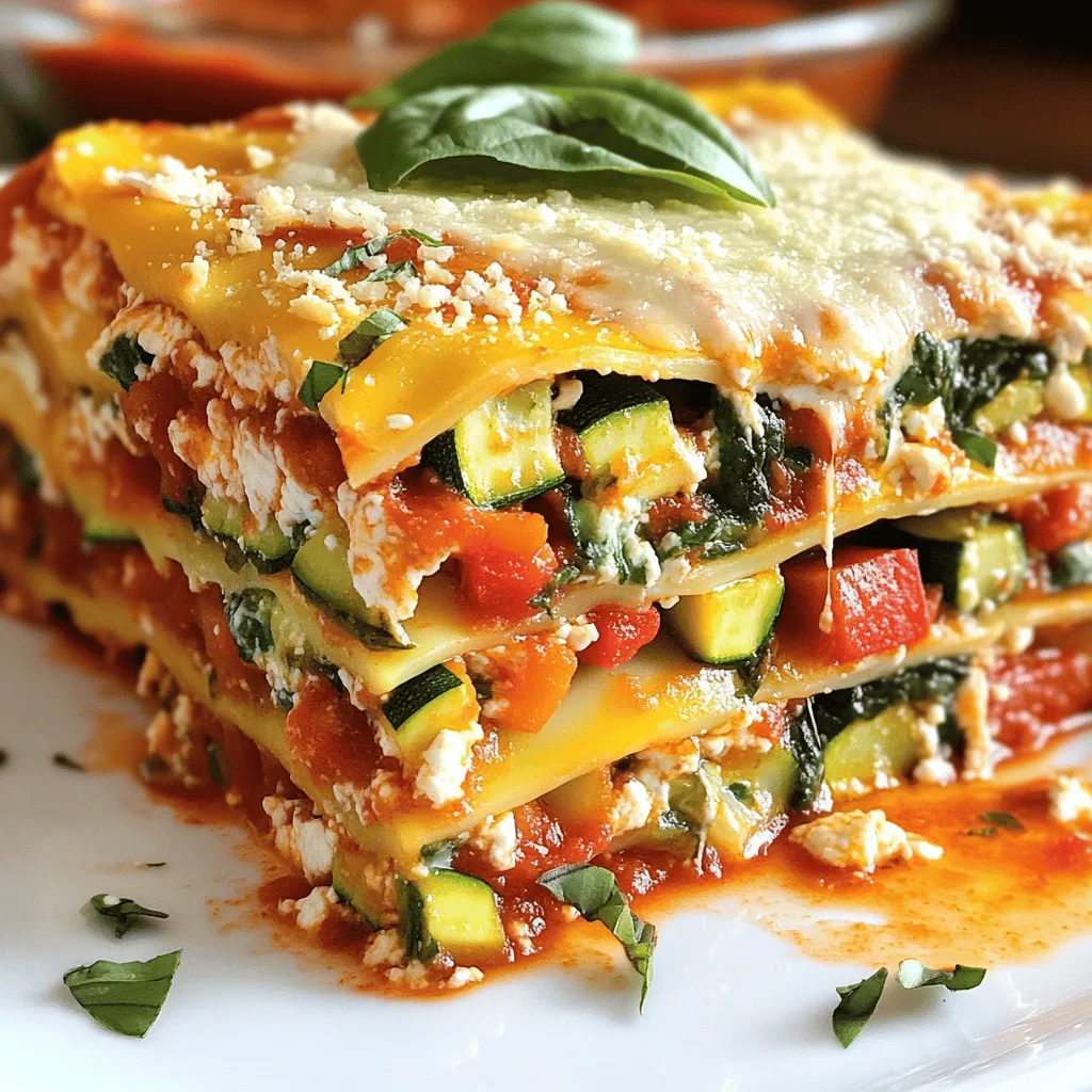 - Main ingredients - 9 lasagna noodles - 2 cups ricotta cheese - 2 cups shredded mozzarella cheese - 1 cup grated Parmesan cheese - 1 medium zucchini, diced - 1 medium red bell pepper, diced - 1 cup chopped spinach (fresh or frozen) - 2 cups marinara sauce - 1 teaspoon dried oregano - 1 teaspoon dried basil - 2 cloves garlic, minced - Salt and pepper to taste - 1 tablespoon olive oil These ingredients create a tasty veggie lasagna. Each layer brings flavor and texture. - Common substitutions - Swap zucchini for eggplant or mushrooms. - Use cottage cheese instead of ricotta. - Try a blend of cheeses based on your taste. These swaps keep the dish delicious and fresh. - Additional seasoning options - Add a pinch of crushed red pepper for heat. - Use fresh herbs like basil or parsley for aroma. - Try Italian seasoning for an extra flavor boost. These options allow you to customize the taste. Feel free to get creative! 1. Preheat the oven and prepare baking dish: Set your oven to 375°F (190°C). Grab a 9x13 inch baking dish and lightly grease it. This helps the lasagna come out easily. 2. Cooking the lasagna noodles: In a large pot, bring salted water to a rolling boil. Add 9 lasagna noodles. Cook them for about 8-10 minutes until they are al dente. Drain the noodles and lay them flat on a clean kitchen towel to keep them from sticking. 3. Sautéing the vegetables: In a skillet, heat 1 tablespoon of olive oil over medium heat. Add the diced zucchini and red bell pepper. Sauté for about 5 minutes until they soften. Then, stir in the minced garlic and chopped spinach. Cook for another 2 minutes until the spinach wilts. Season with salt, pepper, oregano, and basil. Remove from heat and let cool slightly. 1. Mixing the ricotta cheese blend: In a medium bowl, combine 2 cups of ricotta cheese with half of the grated Parmesan (1/2 cup). Add a pinch of salt and pepper. Mix well until smooth. Set aside. 2. Layering the ingredients: In your prepared baking dish, spread about 1 cup of marinara sauce evenly on the bottom. Place 3 lasagna noodles on top of the sauce. Spoon half of the ricotta mixture over the noodles, followed by half of the sautéed vegetables. Then, sprinkle one-third of the shredded mozzarella cheese on top. Repeat this layer: another layer of marinara sauce, 3 noodles, the remaining ricotta mix, the remaining vegetables, and another third of mozzarella. Lastly, add the final 3 noodles, drizzle with the remaining marinara, and sprinkle the rest of the mozzarella and Parmesan on top. 1. Covering and baking instructions: Cover the baking dish tightly with aluminum foil. Place it in the preheated oven and bake for 25 minutes. After that, remove the foil and bake for another 15-20 minutes until the cheese is bubbly and golden brown. 2. Cooling and serving tips: Let the lasagna cool for about 10 minutes before slicing. This helps set the layers and makes it easier to serve. For a special touch, drizzle each slice with extra marinara sauce and garnish with fresh basil or grated Parmesan. Enjoy your layered veggie delight! For the full recipe, visit the main article. Ensuring perfect noodle texture To get great lasagna noodles, cook them just until they are al dente. This means they should be firm but not hard. When you drain them, lay them flat on a clean towel. This keeps them from sticking together. If you want an easier option, you can use no-boil noodles. They save time and work well in this dish. Avoiding watery lasagna To keep your lasagna from being watery, make sure your veggies are dry. Sauté them well to remove excess moisture. Also, don’t overload the layers with too much sauce. Use just enough marinara to keep it flavorful without making it soggy. Ideal accompaniments Serve your veggie lasagna with a fresh green salad. A simple mix of greens with olive oil and vinegar is perfect. You can also add garlic bread on the side. It adds a nice crunch and helps scoop up any extra sauce. Presentation ideas When serving, cut neat slices for a clean look. Drizzle a bit of marinara sauce on each slice. A sprinkle of fresh basil or grated Parmesan cheese on top makes it look fancy. This little touch makes a big difference in how it feels on the plate. For more ideas, check out the Full Recipe. {{image_4}} Gluten-Free Options You can make this lasagna gluten-free with a few simple swaps. Use gluten-free lasagna noodles instead of regular ones. Many brands offer tasty alternatives made from rice or quinoa. Always check the packaging for cooking times, as they can vary. Vegan Modifications To create a vegan lasagna, substitute ricotta cheese with a vegan version made from cashews or tofu. Use a plant-based mozzarella cheese for that stretchy texture. Check your marinara sauce to ensure it's vegan-friendly. This way, everyone can enjoy your delicious dish. Additional Veggies to Incorporate Feel free to get creative with your veggies. Carrots, mushrooms, and eggplant work great in this dish. You can also add chopped kale or shredded carrots for added nutrition. Mix and match to suit your taste or what you have on hand. Alternative Sauces to Try Switch up your sauce for an exciting twist. Instead of marinara, try a pesto sauce for a burst of flavor. A white sauce, like béchamel, can also add a creamy touch. Use your favorite sauce to make this dish uniquely yours. To keep your veggie lasagna fresh, store leftovers properly. Place any leftover lasagna in an airtight container. This helps keep it moist and prevents it from absorbing other smells in the fridge. - Refrigeration tips: You can store it in the fridge for up to 4 days. Make sure it cools down before sealing it up. - Freezing guidelines: If you want to store it longer, freeze the lasagna. Wrap it tightly in plastic wrap and then in foil. It can last in the freezer for about 3 months. For best taste, label the package with the date. When you're ready to enjoy the leftovers, reheating is easy. Here are the best methods: - Best methods for reheating: Use the oven for the best results. Preheat your oven to 350°F (175°C). Place the lasagna in an oven-safe dish. Cover it with foil to keep it moist. Bake for about 20-25 minutes, or until it's heated through. If you’re in a hurry, you can use the microwave. Put a slice on a microwave-safe plate. Cover it with a damp paper towel. Heat it for 1-2 minutes, checking to see if it's hot. Following these tips will keep your classic veggie lasagna delicious, whether fresh or stored. For the full recipe, check the details above. Can I use no-boil lasagna noodles? Yes, you can use no-boil lasagna noodles. They save time and effort. Just layer them directly in the dish with sauce. The moisture from the sauce cooks them as they bake. How to make lasagna ahead of time? To make lasagna ahead, simply assemble it in a baking dish. Cover it well with plastic wrap or foil. Refrigerate it for up to 24 hours. When ready to bake, remove the cover and bake as usual. You may need to add a few extra minutes to the cooking time. What can I substitute for ricotta cheese? If you need a ricotta substitute, try cottage cheese or cream cheese. Both options work well. You can blend them for a smooth texture. Why is my lasagna watery? Watery lasagna usually happens when there is too much moisture. Make sure to drain your vegetables well before adding them. Also, avoid using too much sauce. How to ensure a flavorful lasagna? To boost flavor, season each layer as you go. Use fresh or dried herbs like basil and oregano. Don't forget to add garlic and a pinch of salt. These simple steps will enhance your dish. For a complete guide and more details, check the Full Recipe. This blog covered everything you need to make a great lasagna. We explored the main ingredients, tasty substitutions, and seasoning options. You learned the step-by-step process, from prep to baking. Tips on texture and serving helped you perfect your dish. We also discussed variations for different diets and flavor enhancements. Remember to store leftovers correctly for future meals. With these insights, you can create delicious lasagna every time. I hope you feel ready to try your hand at this classic dish!
