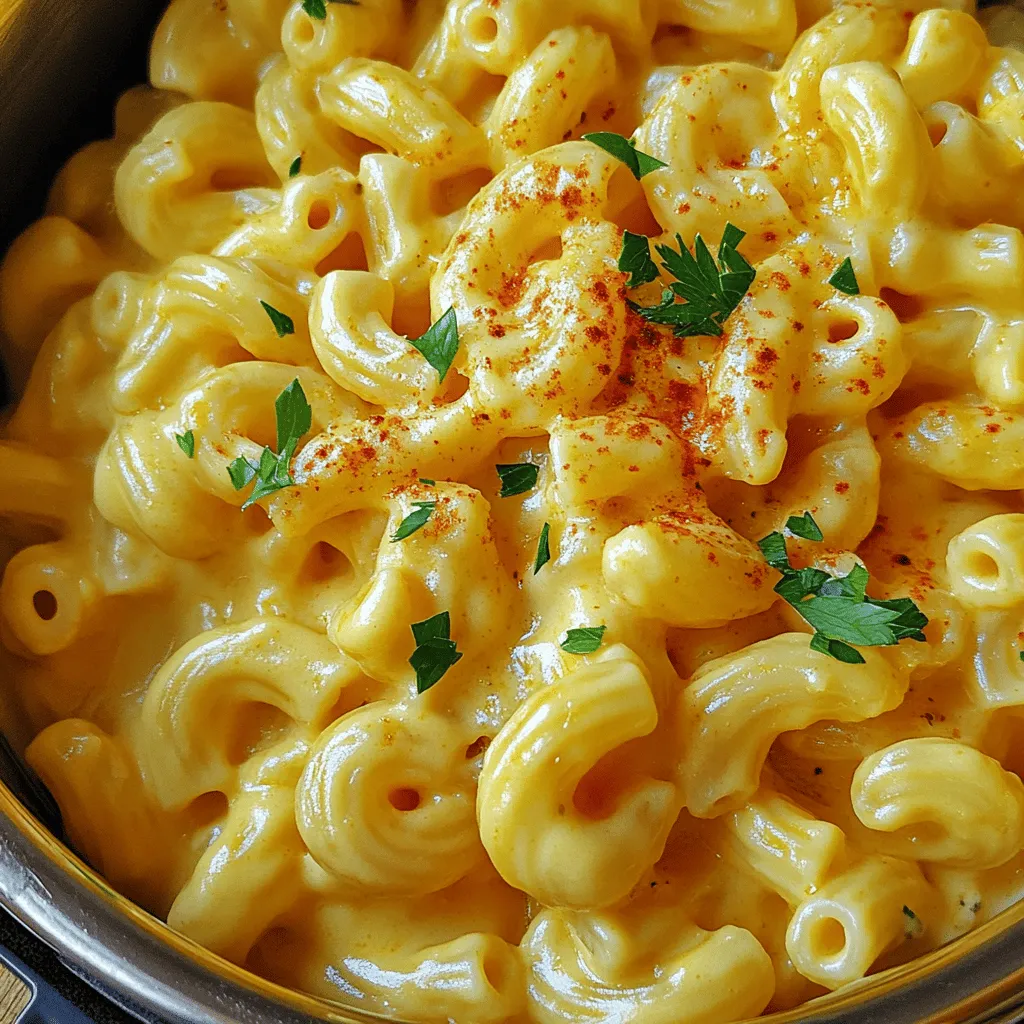- 2 cups elbow macaroni - 4 cups water - 1 teaspoon salt - 2 tablespoons unsalted butter - 1 cup sharp cheddar cheese, shredded - 1 cup Monterey Jack cheese, shredded - 1/2 cup cream cheese, softened - 1 teaspoon garlic powder - 1 teaspoon onion powder - 1/4 teaspoon black pepper - 1/4 teaspoon smoked paprika - Fresh parsley, chopped - Chives, chopped To make delicious Instant Pot mac and cheese, you need a few key ingredients. First, the elbow macaroni is your base. It holds the sauce well and cooks up perfectly. Water helps cook the pasta and creates steam. The salt adds flavor to the mix. Unsalted butter enriches the dish, making it creamy. Next, the cheese! Cheddar cheese gives that classic flavor, while Monterey Jack adds creaminess. Cream cheese helps bind everything together. For seasonings, garlic powder and onion powder bring depth. Black pepper adds a bit of heat. Smoked paprika gives a nice smoky touch. Finally, if you want to garnish, fresh parsley and chives add color and flavor. These ingredients come together to create a comforting dish that feels like a hug in a bowl. You can find the full recipe [here]. Start by adding the elbow macaroni into the Instant Pot. Next, pour in 4 cups of water. Sprinkle in 1 teaspoon of salt for flavor. Make sure all the macaroni is covered in water. Secure the lid tightly on the Instant Pot. Set the pressure release valve to the sealing position. Select the manual high-pressure setting. Adjust the timer to cook for 4 minutes. When the cooking cycle ends, do a quick pressure release. Carefully turn the valve to venting. Wait until the pressure is fully released. Open the lid slowly, being cautious of steam. Stir the noodles gently to separate any that are stuck together. Add 2 tablespoons of butter right away. Then, mix in 1 cup of sharp cheddar cheese, 1 cup of Monterey Jack cheese, and 1/2 cup of softened cream cheese. Next, add 1 teaspoon of garlic powder, 1 teaspoon of onion powder, 1/4 teaspoon of black pepper, and 1/4 teaspoon of smoked paprika. Stir well until the cheese melts into a creamy sauce. If your mac and cheese is too thick, add a splash of water or milk. Stir until it reaches your desired creamy consistency. Taste your mac and cheese and adjust the seasoning as needed. You can add a pinch more salt or pepper if you want. Serve your dish hot and enjoy the creamy comfort of this Instant Pot mac and cheese. For the full recipe, check the details above. To make your mac and cheese shine, choose a mix of cheeses. I love sharp cheddar for its bold taste and Monterey Jack for creaminess. Together, they create a rich flavor that sings. For a twist, add a bit of gouda or parmesan for depth. Preventing sticking is key. Make sure to stir the pasta before cooking. Adding a touch of oil helps too. This keeps the macaroni from clumping together in the pot. Cook in larger batches to save time. The Instant Pot can handle it! You can double the recipe easily. This way, you have leftovers for quick meals later. Just store them in the fridge. Clean-up can be quick if you act fast. Rinse the pot right after use. Soaking it for a few minutes also helps. Use a soft sponge to keep it scratch-free. For a stunning display, serve your mac and cheese in a beautiful bowl. Top it with extra cheese or crispy breadcrumbs for texture. Fresh herbs like parsley or chives add color and flavor too. Pair your dish with a simple salad or garlic bread. This makes a balanced meal that everyone will enjoy. {{image_4}} You can switch up the cheese for fun. Try using Gouda for a rich taste. It melts well and adds creaminess. Parmesan also works great. It gives a salty, nutty kick. If you're dairy-free, nut cheese is a good choice. It can make your dish creamy while keeping it plant-based. Want to make your mac and cheese more exciting? Add veggies! Broccoli or spinach mixes in nicely. They boost both flavor and nutrition. You can also throw in proteins like chicken or bacon. These ingredients add heartiness and make the dish more filling. If you like heat, spice it up! Add jalapeños for a fresh kick. Hot sauce can also bring the heat. Another fun idea is using smoky chipotle. It gives a deep, smoky flavor that pairs well with cheese. These spicy twists can take your mac and cheese to the next level. For the full recipe, check out the instructions above. Enjoy creating your perfect bowl of mac and cheese! After you make your Instant Pot mac and cheese, let it cool down first. This helps keep the creamy texture. Once cooled, place it in an airtight container. I like to use glass containers for easy reheating. Store it in the fridge for up to three days for the best taste. When it’s time to enjoy those leftovers, you can reheat them in two ways. The microwave is quick and easy. Just place a portion in a bowl and cover it. Heat for one minute, stir, and heat again if needed. The stovetop method keeps the texture nice. Add a splash of milk to a pan, stir in the mac and cheese, and heat on medium until hot. You can freeze mac and cheese for later! Let it cool completely, then spoon it into freezer-safe bags. Press out as much air as possible before sealing. It can stay fresh for about three months. To thaw, move it to the fridge overnight. After thawing, reheat it using the stovetop method for a creamy finish. To make Instant Pot Mac and Cheese, you start by adding elbow macaroni to the pot. Pour in water and add salt. Then, secure the lid and cook on high pressure for 4 minutes. After that, release the pressure quickly. Open the lid and stir the pasta. Add butter and mix in your cheeses. Finally, stir in the seasonings until smooth. You can find the full recipe for more details. Yes, you can use gluten-free macaroni. Just substitute regular pasta with gluten-free options. The cooking time may stay the same, but check the package for specific instructions. Some gluten-free pasta might need a little less time, so watch closely. This way, you can enjoy a creamy dish without gluten. If your mac and cheese is too thick, don’t worry! You can fix it easily. Add a splash of water or milk to the pot. Stir well until it reaches your desired creaminess. If it still seems thick, add a bit more liquid. This will help create that perfect velvety texture. You learned how to make Instant Pot mac and cheese with ease. We covered ingredients, cooking steps, and tips for perfect flavor. You can customize your dish with different cheeses and add-ins. Remember to store leftovers properly to enjoy later. Now it’s your turn to create a creamy, cheesy delight. Experiment with flavors and share your results! Enjoy your cooking journey.