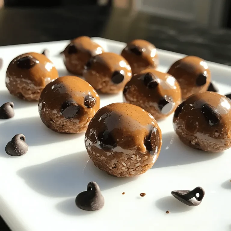 This delicious treat combines peanut butter and chocolate. It's easy to make, fun to eat, and healthy too. The protein bites are great for a quick snack or dessert. To make Peanut Butter Chocolate Protein Bites, you need the following ingredients: - 1 cup natural peanut butter - 1/2 cup honey or maple syrup (for a vegan option) - 1 cup rolled oats - 1/2 cup chocolate protein powder - 1/4 cup dark chocolate chips - 1/4 cup ground flaxseed - 1 teaspoon vanilla extract - A pinch of sea salt Each ingredient plays a key role. Natural peanut butter gives a creamy base. Honey or maple syrup adds sweetness and binds everything. Rolled oats add texture and fiber, while chocolate protein powder boosts the protein content. Dark chocolate chips provide delicious bursts of flavor. Ground flaxseed adds healthy fats. Vanilla extract enhances the overall taste, and sea salt balances the sweetness. These bites are packed with nutrients. Each serving offers a good mix of protein, fiber, and healthy fats. They provide energy without causing a sugar crash. - Calories: Approximately 100 per bite - Protein: 5g - Carbohydrates: 12g - Fat: 4g - Fiber: 2g This snack fits well into any diet. It’s a great choice for athletes or busy people. You can enjoy these bites guilt-free, knowing they are good for you. For the complete recipe, check out the Full Recipe section above. To get started, gather your ingredients. You need natural peanut butter, honey or maple syrup, rolled oats, chocolate protein powder, dark chocolate chips, ground flaxseed, vanilla extract, and sea salt. This recipe is quick and easy, perfect for a snack or energy boost. First, take a large mixing bowl. Combine the peanut butter and honey (or maple syrup) in this bowl. Use a spatula or spoon to mix them until smooth and creamy. Next, add the rolled oats, chocolate protein powder, ground flaxseed, and a pinch of sea salt. Stir well until everything is mixed and thick. It should feel slightly sticky. Now it’s time for the fun part! Fold in the dark chocolate chips gently. This step ensures you get a burst of chocolate in every bite. With clean hands, take about a tablespoon of this mixture. Roll it into a ball shape. Keep going until you form all the mixture into bite-sized balls. Place them on a parchment-lined tray or plate as you go. Once all the bites are shaped, transfer the tray to an airtight container. Put it in the fridge for at least 30 minutes. This will help the bites firm up nicely. After they chill, they are ready to eat! For serving, arrange the protein bites on a nice platter. You can sprinkle extra dark chocolate chips or crushed nuts on top for a great look. Pair these bites with a glass of your favorite plant-based milk for a tasty treat. Enjoy your Peanut Butter Chocolate Protein Bites! For the full recipe, check back in the ingredients section. To get that perfect bite, use natural peanut butter. It keeps the bites creamy. If it's too thick, add a little honey. This will help create a smoother texture. Mixing in rolled oats gives a nice chewiness. Make sure to measure them right. Too many oats can make them dry. If the mixture is too sticky, wet your hands. This keeps the mixture from sticking to your fingers. You can also use a little oil on your hands. This helps form nice balls without a mess. If you find it too sticky, chill the mixture for about 10 minutes before rolling. Always use a dry measuring cup for oats and protein powder. This ensures accuracy. If you want to change flavors, try almond butter instead of peanut butter. For sweetness, you can use agave or maple syrup. They work great in this recipe. Just remember to adjust the amount based on your taste preference. For more details, check the Full Recipe. {{image_4}} You can make these protein bites even more fun! Add shredded coconut for a tropical twist. Just mix in about 1/4 cup of it. Want some crunch? Toss in chopped nuts like almonds or walnuts. About 1/4 cup works well here too. These add-ins will change the taste and texture, making each bite a surprise! You can swap honey or maple syrup for a different sweetener. Try using mashed avocado for a creamy texture. This adds healthy fats and keeps it smooth. You can also use agave syrup for a lighter sweetness. Both options work great and keep the bites delicious! Not a fan of chocolate protein powder? You can easily switch it out. Use vanilla protein powder for a sweeter flavor. If you want something different, try pea or hemp protein. These options still give you the protein boost you need without losing taste. Store your peanut butter chocolate protein bites in an airtight container. This keeps them fresh and prevents them from drying out. You can use a glass jar or a plastic container. If you place parchment paper between layers, it helps to avoid sticking. These bites last about a week in the fridge. For longer storage, freeze them. They can stay fresh in the freezer for up to three months. To freeze, place them in a single layer on a tray. Once frozen, transfer them to a freezer-safe bag. You don’t need to reheat these bites. They’re great cold or at room temperature. If you prefer a warm treat, heat them for just a few seconds in the microwave. Serve them as a snack or a quick breakfast. Enjoy them with a glass of milk or your favorite smoothie! Yes, you can use crunchy peanut butter. It adds a nice texture. You will enjoy the extra crunch in each bite. Just remember, it may change the consistency a bit. The bites might be less smooth but still tasty. These protein bites can last about one week in the fridge. Store them in an airtight container to keep them fresh. If you want to keep them longer, you can freeze them. They will last for up to three months in the freezer. Yes, you can make nut-free protein bites. Use sun butter or soy nut butter instead of peanut butter. These options work great and keep the flavor. Just ensure you check for allergies when serving to others. If you want a different flavor, try using pumpkin seed butter. We covered the key ingredients and steps for making tasty protein bites. You learned about flavors, storage tips, and answers to common questions. With these tips, you can create bites that fit your taste and needs. Remember, you can mix flavors and make this recipe your own. Don't hesitate to experiment and adjust, as that's the fun part. Enjoy making these bites, and share them with friends!