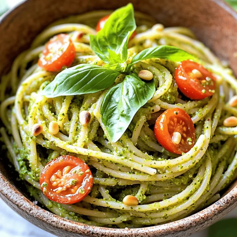 For this vegan creamy pesto pasta, you will need: - 8 oz whole wheat pasta (spaghetti or fusilli) - 2 cups fresh basil leaves, packed - 1/4 cup pine nuts (or walnuts) - 2 tablespoons nutritional yeast - 3 cloves of garlic, minced - 1/2 cup raw cashews, soaked for 2 hours - 1/4 cup extra virgin olive oil - Juice of 1 fresh lemon - Salt and pepper, to taste - 1 cup cherry tomatoes, halved (for garnish) - Extra fresh basil leaves (for garnish) You can adjust the recipe to your taste. Here are some ideas: - Swap pine nuts for sunflower seeds for a nut-free option. - Add spinach or arugula for more greens. - Include red pepper flakes for spice. - Mix in cooked chickpeas for added protein. To get the best flavor, choose fresh basil that is vibrant and fragrant. Look for basil leaves without any yellow or brown spots. For nuts, check that they are fresh and not stale. Store nuts in an airtight container to keep them crunchy. If you can, buy from local sources to get the best quality. For a great flavor, toast the nuts lightly before using them in the pesto. This will bring out their natural oils and enhance the taste. You can find the full recipe in the earlier section. Enjoy your cooking! To start, fill a large pot with water. Add a good amount of salt to the water. Bring the water to a rolling boil over high heat. Once it boils, add 8 oz of whole wheat pasta. Cook the pasta according to the package instructions. It usually takes 8-10 minutes to become al dente. Before draining, reserve 1/2 cup of the starchy pasta water. Drain the pasta in a colander and set it aside. Next, grab a high-speed blender or food processor. Add 2 cups of fresh basil leaves, packed. Then, add 1/4 cup of pine nuts, or walnuts if you prefer. Toss in 2 tablespoons of nutritional yeast for a cheesy flavor. Add 3 cloves of minced garlic and 1/2 cup of soaked raw cashews. Pour in 1/4 cup of extra virgin olive oil and the juice of 1 lemon. Season with salt and pepper. Blend on high until smooth and creamy. If the pesto is too thick, add the reserved pasta water slowly until you reach the right texture. Now, return the drained pasta to the pot over low heat. Pour the creamy pesto sauce over the pasta. Gently toss the pasta in the sauce until all the strands are coated. If the pesto is still thick, stir in more reserved pasta water, 1 tablespoon at a time. Taste the pasta and adjust the seasoning as you like. You can add more salt, pepper, or lemon juice for a brighter flavor. To serve, divide the creamy pesto pasta into bowls. Top with halved cherry tomatoes for color and extra fresh basil leaves for garnish. Enjoy your delicious vegan creamy pesto pasta! For the full recipe, check back to the ingredients section. To make your vegan creamy pesto pasta smooth, you need the right balance. Soak the cashews for at least two hours. This softens them, making it easy to blend. When you blend, start with only a little water. You can add more later if needed. This helps you control the creaminess. If your pesto feels thick, just add the reserved pasta water slowly. This way, you can keep the right texture without losing flavor. One mistake is not seasoning enough. Always taste your pesto before serving. If it lacks flavor, add more salt, pepper, or lemon juice. Another common error is overcooking the pasta. Make sure to check the package time and cook until al dente. This way, the pasta stays firm and absorbs the sauce better. Lastly, don’t skip the nutritional yeast. It gives the dish a cheesy flavor that enhances the whole meal. To boost the taste of your vegan creamy pesto pasta, try adding fresh lemon zest. It brightens the dish and adds freshness. You can also mix in roasted cherry tomatoes or sautéed veggies. They add texture and extra flavor. If you want some heat, sprinkle in red pepper flakes for a spicy kick. Experiment with herbs too! Fresh parsley or arugula can create new flavor layers. For the full recipe, check out the detailed instructions above. {{image_4}} You can easily swap different pasta types in this recipe. Whole wheat pasta gives a nutty taste. However, you can use any pasta you like. Spaghetti and fusilli are great choices for this vegan creamy pesto. You may also try penne, farfalle, or even zoodles (zucchini noodles) for a fun twist. For a protein boost, add chickpeas or tofu. Chickpeas add a lovely texture and flavor. Just rinse and drain a can of chickpeas, then toss them in with the pasta and pesto. Tofu is another great option. Use firm tofu, cut it into cubes, and pan-fry until golden. Stir it into the pasta for a filling meal. If gluten-free is your goal, choose gluten-free pasta. Many brands offer options made from rice or quinoa. These pastas cook well and taste great in this dish. You can also use lentil pasta for an extra protein kick. Just follow the cooking instructions on the package for the best results. For the complete recipe, check out the [Full Recipe]. After enjoying your vegan creamy pesto pasta, store leftovers in an airtight container. Let the pasta cool down before sealing. This keeps the flavor fresh. In the fridge, it lasts up to three days. If you want to keep it longer, consider freezing. When reheating, use a skillet over low heat. Add a splash of water or vegetable broth to keep it moist. Stir gently until warm. You can also use the microwave, but cover the dish to avoid drying out the pasta. Heat in short bursts and stir in between. To freeze homemade pesto, scoop the sauce into ice cube trays. This way, you can take out just what you need later. Once frozen, pop the cubes into a zip-top bag and store in the freezer for up to three months. When ready to use, thaw in the fridge or add directly to hot pasta. This method keeps the flavor vibrant and fresh. Yes, you can make this recipe nut-free. Instead of cashews, use silken tofu. It gives a creamy texture without nuts. You can also skip the pine nuts or use seeds like sunflower seeds. They add a nice crunch and flavor. I recommend whole wheat pasta for this dish. Spaghetti and fusilli are great choices. They hold the creamy pesto well. You can also try gluten-free pasta if needed. Just cook it according to the package instructions for the best results. The creamy pesto sauce lasts 3 to 5 days in the fridge. Store it in an airtight container. If you see any browning, just stir it before using. You can also freeze it for up to 3 months. Just thaw it in the fridge before using. For the full recipe, check the earlier section. This blog post covered how to create a creamy pesto dish. We discussed key ingredients, cooking pasta, and making the sauce. I shared tips for texture and flavor, and we explored variations like using different pasta or adding protein. Finally, I offered advice on storing your leftovers. Keep these ideas in mind for a tasty meal any day. Enjoy your cooking and have fun with your flavors!