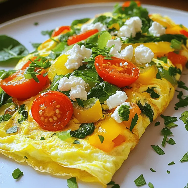 - 3 large eggs - 2 tablespoons milk - 1/4 cup bell peppers (mixed colors) - 1/4 cup fresh spinach - 1/4 cup cherry tomatoes - 1/4 cup onion - 2 tablespoons feta cheese - 1 tablespoon extra virgin olive oil - Salt and pepper - Fresh herbs (parsley or chives) - Side suggestions (mixed greens, whole-grain toast) The main ingredients in this veggie omelette are simple yet colorful. You start with three large eggs and add two tablespoons of milk. This mix makes the omelette fluffy and soft. Next, you toss in a quarter cup of bell peppers, which can be red, yellow, or green. They add a nice crunch. Then, add a quarter cup of fresh spinach and cherry tomatoes. The spinach wilts down, while the tomatoes burst with juice. Don't forget the onion, which gives great flavor. A quarter cup is just right. Now, for a tasty twist, sprinkle two tablespoons of feta cheese. It melts beautifully into the omelette. Use one tablespoon of extra virgin olive oil to cook it all up. Finally, season with salt and pepper to taste. For optional garnishes, consider fresh herbs like parsley or chives to brighten the dish. You can also serve your omelette with mixed greens or whole-grain toast for a fuller breakfast experience. This colorful veggie delight is not just quick; it’s also a great way to start your day! Check out the Full Recipe for more details. 1. In a medium bowl, crack the eggs and add the milk. 2. Whisk the mixture until it is frothy and mixed well. 3. Season with salt and pepper to taste. 1. Heat the olive oil in a non-stick frying pan over medium heat. 2. Add the diced onion and sauté for 2-3 minutes until soft. 3. Next, add the bell peppers and cook for 2 more minutes. 4. Stir in the spinach and cherry tomatoes, cooking for 1 minute. 5. Pour the egg mixture over the veggies and gently swirl the pan. 6. Let the omelette cook for 3-4 minutes until the edges firm up. 7. Sprinkle feta cheese on one half of the omelette. 8. Fold the omelette over the cheese and cook for another minute. 9. Carefully slide the omelette onto a plate and garnish with herbs. - Prep Time: 10 mins - Cook Time: 5 mins For the complete recipe, check out the Full Recipe section! - Choosing the right pan: Use a non-stick pan. It helps the omelette slide out easily. - Tips for even cooking: Keep the heat at medium. This way, the eggs cook slowly and gently. - How to prevent sticking: Use enough oil. Coat the pan well before adding the eggs. - Alternative cheeses: Try goat cheese or cheddar. Both add a nice twist to your dish. - Adding spices and herbs: A pinch of paprika or fresh basil works wonders. Experiment with different herbs to find your favorite. - Suggested vegetable substitutions: Swap bell peppers for mushrooms or broccoli. Use what you have on hand for a unique flavor. For a complete guide on making this delicious omelette, check the Full Recipe. {{image_4}} You can have fun with your veggie omelette by trying different flavors. Here are some ideas: - Spring: Use fresh asparagus and sweet peas. These bright veggies add crunch and color. - Summer: Try adding zucchini and corn. They bring a sweet, tender bite to your breakfast. - Fall: Look for mushrooms and kale. This combo gives a hearty taste and rich texture. You can switch up the cheese for new flavors. Consider: - Cheddar: Adds a sharp taste. - Mozzarella: Brings a mild, creamy texture. - Goat cheese: Offers a tangy kick. For a more filling meal, add protein to your omelette. Options include: - Tofu: Crumble firm tofu for a light, plant-based protein. - Tempeh: This adds a nutty flavor and chewy texture. - Beans: Black beans or chickpeas can boost fiber and taste. Experiment with these suggestions to make your omelette unique. For the full recipe, check out the Colorful Veggie Delight Omelette! After you make your veggie omelette, you may want to save some for later. To do this, let the omelette cool down first. Then, wrap it tightly in plastic wrap or place it in an airtight container. Store it in the fridge. Leftovers can stay fresh for about 3 days. When you're ready to eat the leftover omelette, there are a few great ways to heat it up. The best method is to use a skillet. Place the omelette in a non-stick pan over low heat. Cover it with a lid. This helps to warm it through without burning. You can also use the microwave. Heat it for 30 seconds at a time until warm. But, it may not taste as good as from the skillet. You can freeze omelettes if you want to save them for a longer time. To freeze, let the omelette cool completely. Then, wrap it in plastic wrap and place it in a freezer bag. Try to remove as much air as you can. This helps prevent freezer burn. Omelettes can last up to 2 months in the freezer. When you want to eat one, thaw it in the fridge overnight before reheating. Enjoy the ease of having a quick meal ready! If you want to make your own omelette, check out the Full Recipe. How do I make a fluffier omelette? To make a fluffier omelette, whisk the eggs well. Adding milk or cream helps too. This adds air, making your omelette light. Cook it on low heat to avoid browning too much. Can I make this recipe vegan? Yes, you can! Use plant-based eggs instead of real eggs. Substitute milk with almond or soy milk. You can also skip the feta or use a vegan cheese. What vegetables work best in an omelette? Great veggies include bell peppers, spinach, tomatoes, and onions. You can also use mushrooms, zucchini, or broccoli. Use your favorites for a tasty mix! Can I prepare the omelette in advance? You can prepare the filling ahead of time. Just store it in the fridge. When you are ready, cook the eggs fresh. This keeps your omelette tasty and fluffy. Caloric content of the omelette This veggie omelette has about 300 calories. This can vary based on the cheese and oil you use. It’s a filling option for breakfast or brunch. Protein and other nutrient breakdown Each serving has about 20 grams of protein. Eggs are a great protein source. The veggies add vitamins and fiber, making it a healthy choice. What to serve with a veggie omelette? You can serve your omelette with mixed greens or whole-grain toast. These sides add color and nutrients to your meal. A side of fruit is also a nice touch. Ideal breakfast pairings for better nutrition Pair your omelette with fresh fruit, yogurt, or a smoothie. These options boost your meal’s vitamins and keep you full longer. Enjoy a balanced breakfast! This post shared a simple veggie omelette recipe. You learned about ingredients, cooking steps, and tips to make it perfect. I highlighted variations and storage options too. Making an omelette lets you be creative with flavors and veggies. Don't hesitate to try new things. Enjoy your tasty, nutritious meal! Remember, practice makes perfect. So, keep cooking and have fun!