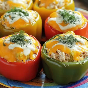 - 4 large bell peppers (red, yellow, green, or orange) - 2 cups cooked shredded chicken - 1/2 cup dill pickles, finely chopped - 1/2 cup cream cheese, softened - 1/4 cup ranch dressing - 1 cup shredded cheddar cheese (divided) - 1/4 teaspoon garlic powder - 1/4 teaspoon onion powder - Salt and pepper, to taste - Fresh dill for garnish These ingredients make a tasty meal. I love using fresh bell peppers for color and crunch. You can use chicken from a rotisserie for ease. The cream cheese adds a nice creaminess to the filling. Dill pickles bring a tangy bite that surprises the taste buds. - Try turkey or tofu as protein options. - Substitute mozzarella or pepper jack cheese for a twist. - For heat, add jalapeños or hot sauce to the filling. Feel free to mix and match these ideas! You can create your own version of Pickle Ranch Chicken Stuffed Peppers. For the full recipe, check the earlier section. - Preheat the oven to 375°F (190°C). - Prepare the bell peppers by cutting the tops off and removing the seeds. Start by preheating your oven. This step helps the peppers cook evenly. While the oven warms up, choose four large bell peppers. You can pick any color you like: red, yellow, green, or orange. Cut off the tops of the peppers carefully. Make sure to remove all the seeds and white membranes inside. This keeps the filling from getting bitter. Stand the peppers up in a baking dish. They should fit snugly to avoid tipping over. - Combine chicken, pickles, cream cheese, ranch dressing, cheddar, and seasonings. In a large mixing bowl, add two cups of cooked shredded chicken. You can use rotisserie chicken for ease. Next, finely chop half a cup of dill pickles and add them to the bowl. Then, add half a cup of softened cream cheese. Pour in a quarter cup of ranch dressing. This adds great flavor! Next, add half of the shredded cheddar cheese, one-fourth teaspoon of garlic powder, one-fourth teaspoon of onion powder, and salt and pepper to taste. Mix all the ingredients until you get a creamy and well-blended filling. - Fill peppers with the mixture. - Cover and bake for 25 minutes; remove foil and bake for an additional 10-15 minutes. Now it's time to stuff the peppers! Use a spoon to fill each hollowed pepper with the creamy mixture. Pack the filling tightly so each bite is full of flavor. After that, sprinkle the remaining shredded cheddar cheese on top of each pepper. This will create a cheesy crust when baked. Cover your baking dish with aluminum foil. This keeps the peppers moist while they bake. Place the dish in the oven and bake for 25 minutes. After that, remove the foil and bake for another 10-15 minutes. Watch for the cheese to melt and turn golden brown. Enjoy the delicious aroma wafting through your kitchen! - Tips for shredding chicken easily: Use a fork to pull apart cooked chicken. Rotisserie chicken works well and saves time. You can also use two forks for better control. If you chill the chicken first, it shreds easier. - Ensuring even cooking: Cut the tops off the peppers evenly. Remove all seeds and membranes. This helps them cook well. Pack the filling tightly into each pepper for better flavor. Make sure they stand upright in the baking dish. - How to properly stuff peppers for maximum flavor: Fill each pepper generously with the chicken mixture. Press down lightly to pack it in. This helps the flavors mix well as they bake. Leaving a little space at the top allows cheese to melt nicely. - Baking tips for achieving a golden crust: Bake covered with foil for the first part. This keeps the filling moist. Remove the foil for the last 10-15 minutes. This allows the cheese to melt and brown, giving you that golden crust. - Creative plating ideas: Place stuffed peppers on a colorful plate. Drizzle extra ranch dressing on top for a fun touch. Scatter some chopped pickles around the peppers for added color and crunch. - Pairing recommendations (sides and drinks): Serve with a simple green salad for freshness. You can also pair it with crispy potato wedges or garlic bread. For drinks, try a light lemonade or iced tea to balance the meal. For the complete list of ingredients and steps, check the Full Recipe. {{image_4}} You can make Pickle Ranch Chicken Stuffed Peppers even more fun. Try using different dressings like blue cheese or Caesar. Each one gives a unique taste. You can also mix up the cheese. Creamy mozzarella or spicy pepper jack can change the flavor a lot. Adding vegetables can boost taste and nutrition. Consider onions for sweetness or corn for a bit of crunch. You could even add some diced tomatoes for extra flavor. These fun additions will make your dish stand out. If you want a low-carb version, try using zucchini or eggplant instead of bell peppers. These vegetables make great substitutes and taste delicious. Just slice them in half and scoop out a bit of the center. This keeps the filling intact. For those who follow a vegan or dairy-free diet, you can easily adapt this recipe. Use plant-based chicken and vegan cream cheese. You can replace ranch dressing with a vegan version too. These tweaks will still give you a tasty dish without the animal products. Embrace the seasons by using fresh ingredients. In summer, add ripe tomatoes and fresh basil. This gives a bright flavor that shines. In fall, consider using roasted butternut squash or pumpkin. They add warmth and sweetness to each bite. Using seasonal ingredients keeps your dish fresh and exciting. To keep your Pickle Ranch Chicken Stuffed Peppers fresh, store them properly. If you plan to eat them soon, place them in the fridge. Use airtight containers to keep them safe. This method keeps them tasty for up to four days. If you want to save them for longer, use the freezer. Wrap each pepper in plastic wrap, then place them in a freezer-safe container. This way, they can last for about three months. When you want to enjoy your stuffed peppers again, reheating is key. The best way is to use the oven. Preheat it to 350°F (175°C). Place the stuffed peppers in a baking dish and cover them with foil. Bake for about 20 minutes. This keeps the peppers warm and the cheese melty. You can also microwave them. Put a pepper on a microwave-safe plate and cover it. Heat for two to three minutes, checking every minute. This method is quick but may not keep the texture as nice. To enjoy the best flavor, you might consider adding a sprinkle of fresh cheese before reheating. Can I use frozen chicken? Yes, you can use frozen chicken. Just make sure to fully cook it first. I recommend using a slow cooker or pressure cooker to make this easy. How long will the stuffed peppers last? Stuffed peppers will last about 3 to 5 days in the fridge. Keep them in an airtight container to maintain freshness. Can I prepare the filling ahead of time? Absolutely! You can mix the filling a day before. Just store it in the fridge. It saves time and makes cooking easier. What is the best way to cut peppers for stuffing? To cut peppers, first, slice off the top. Remove seeds and membranes. This makes it easy to fill them with the tasty mixture. Caloric content per serving Each serving has around 400 calories. This can vary based on the cheese and chicken used. Breakdown of macros (protein, fats, carbs) - Protein: 30 grams - Fats: 20 grams - Carbs: 15 grams For the full recipe, check out the Pickle Ranch Chicken Stuffed Peppers. These stuffed peppers are easy and fun to make. We covered the ingredients, steps, and tips to help you succeed. You can mix up flavors with different proteins, cheeses, and more. Don’t hesitate to get creative with your own twists. Store any leftovers properly for future meals. Enjoy your delicious creation! You'll impress everyone with your cooking skills.