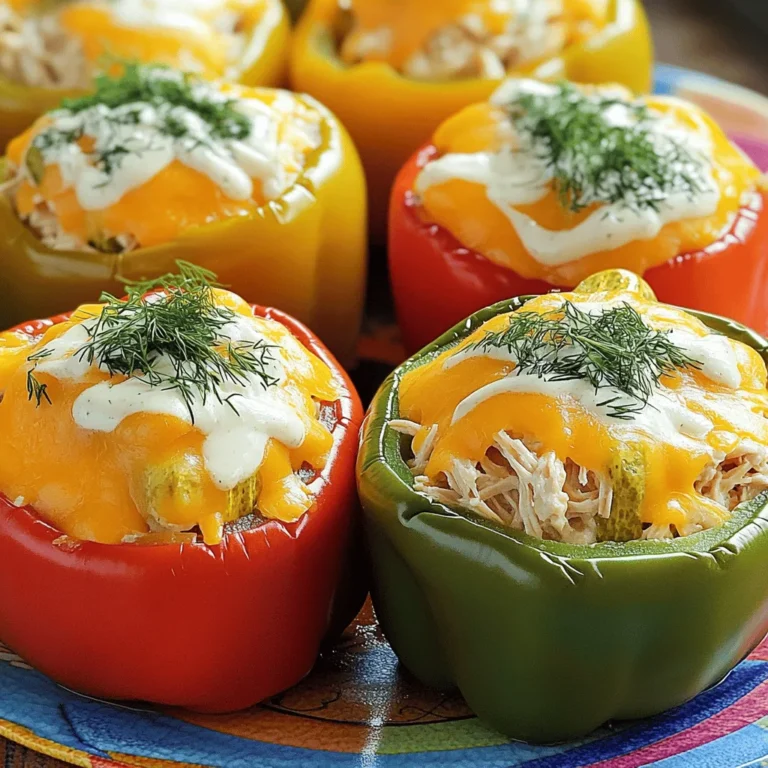 - 4 large bell peppers (red, yellow, green, or orange) - 2 cups cooked shredded chicken - 1/2 cup dill pickles, finely chopped - 1/2 cup cream cheese, softened - 1/4 cup ranch dressing - 1 cup shredded cheddar cheese (divided) - 1/4 teaspoon garlic powder - 1/4 teaspoon onion powder - Salt and pepper, to taste - Fresh dill for garnish These ingredients make a tasty meal. I love using fresh bell peppers for color and crunch. You can use chicken from a rotisserie for ease. The cream cheese adds a nice creaminess to the filling. Dill pickles bring a tangy bite that surprises the taste buds. - Try turkey or tofu as protein options. - Substitute mozzarella or pepper jack cheese for a twist. - For heat, add jalapeños or hot sauce to the filling. Feel free to mix and match these ideas! You can create your own version of Pickle Ranch Chicken Stuffed Peppers. For the full recipe, check the earlier section. - Preheat the oven to 375°F (190°C). - Prepare the bell peppers by cutting the tops off and removing the seeds. Start by preheating your oven. This step helps the peppers cook evenly. While the oven warms up, choose four large bell peppers. You can pick any color you like: red, yellow, green, or orange. Cut off the tops of the peppers carefully. Make sure to remove all the seeds and white membranes inside. This keeps the filling from getting bitter. Stand the peppers up in a baking dish. They should fit snugly to avoid tipping over. - Combine chicken, pickles, cream cheese, ranch dressing, cheddar, and seasonings. In a large mixing bowl, add two cups of cooked shredded chicken. You can use rotisserie chicken for ease. Next, finely chop half a cup of dill pickles and add them to the bowl. Then, add half a cup of softened cream cheese. Pour in a quarter cup of ranch dressing. This adds great flavor! Next, add half of the shredded cheddar cheese, one-fourth teaspoon of garlic powder, one-fourth teaspoon of onion powder, and salt and pepper to taste. Mix all the ingredients until you get a creamy and well-blended filling. - Fill peppers with the mixture. - Cover and bake for 25 minutes; remove foil and bake for an additional 10-15 minutes. Now it's time to stuff the peppers! Use a spoon to fill each hollowed pepper with the creamy mixture. Pack the filling tightly so each bite is full of flavor. After that, sprinkle the remaining shredded cheddar cheese on top of each pepper. This will create a cheesy crust when baked. Cover your baking dish with aluminum foil. This keeps the peppers moist while they bake. Place the dish in the oven and bake for 25 minutes. After that, remove the foil and bake for another 10-15 minutes. Watch for the cheese to melt and turn golden brown. Enjoy the delicious aroma wafting through your kitchen! - Tips for shredding chicken easily: Use a fork to pull apart cooked chicken. Rotisserie chicken works well and saves time. You can also use two forks for better control. If you chill the chicken first, it shreds easier. - Ensuring even cooking: Cut the tops off the peppers evenly. Remove all seeds and membranes. This helps them cook well. Pack the filling tightly into each pepper for better flavor. Make sure they stand upright in the baking dish. - How to properly stuff peppers for maximum flavor: Fill each pepper generously with the chicken mixture. Press down lightly to pack it in. This helps the flavors mix well as they bake. Leaving a little space at the top allows cheese to melt nicely. - Baking tips for achieving a golden crust: Bake covered with foil for the first part. This keeps the filling moist. Remove the foil for the last 10-15 minutes. This allows the cheese to melt and brown, giving you that golden crust. - Creative plating ideas: Place stuffed peppers on a colorful plate. Drizzle extra ranch dressing on top for a fun touch. Scatter some chopped pickles around the peppers for added color and crunch. - Pairing recommendations (sides and drinks): Serve with a simple green salad for freshness. You can also pair it with crispy potato wedges or garlic bread. For drinks, try a light lemonade or iced tea to balance the meal. For the complete list of ingredients and steps, check the Full Recipe. {{image_4}} You can make Pickle Ranch Chicken Stuffed Peppers even more fun. Try using different dressings like blue cheese or Caesar. Each one gives a unique taste. You can also mix up the cheese. Creamy mozzarella or spicy pepper jack can change the flavor a lot. Adding vegetables can boost taste and nutrition. Consider onions for sweetness or corn for a bit of crunch. You could even add some diced tomatoes for extra flavor. These fun additions will make your dish stand out. If you want a low-carb version, try using zucchini or eggplant instead of bell peppers. These vegetables make great substitutes and taste delicious. Just slice them in half and scoop out a bit of the center. This keeps the filling intact. For those who follow a vegan or dairy-free diet, you can easily adapt this recipe. Use plant-based chicken and vegan cream cheese. You can replace ranch dressing with a vegan version too. These tweaks will still give you a tasty dish without the animal products. Embrace the seasons by using fresh ingredients. In summer, add ripe tomatoes and fresh basil. This gives a bright flavor that shines. In fall, consider using roasted butternut squash or pumpkin. They add warmth and sweetness to each bite. Using seasonal ingredients keeps your dish fresh and exciting. To keep your Pickle Ranch Chicken Stuffed Peppers fresh, store them properly. If you plan to eat them soon, place them in the fridge. Use airtight containers to keep them safe. This method keeps them tasty for up to four days. If you want to save them for longer, use the freezer. Wrap each pepper in plastic wrap, then place them in a freezer-safe container. This way, they can last for about three months. When you want to enjoy your stuffed peppers again, reheating is key. The best way is to use the oven. Preheat it to 350°F (175°C). Place the stuffed peppers in a baking dish and cover them with foil. Bake for about 20 minutes. This keeps the peppers warm and the cheese melty. You can also microwave them. Put a pepper on a microwave-safe plate and cover it. Heat for two to three minutes, checking every minute. This method is quick but may not keep the texture as nice. To enjoy the best flavor, you might consider adding a sprinkle of fresh cheese before reheating. Can I use frozen chicken? Yes, you can use frozen chicken. Just make sure to fully cook it first. I recommend using a slow cooker or pressure cooker to make this easy. How long will the stuffed peppers last? Stuffed peppers will last about 3 to 5 days in the fridge. Keep them in an airtight container to maintain freshness. Can I prepare the filling ahead of time? Absolutely! You can mix the filling a day before. Just store it in the fridge. It saves time and makes cooking easier. What is the best way to cut peppers for stuffing? To cut peppers, first, slice off the top. Remove seeds and membranes. This makes it easy to fill them with the tasty mixture. Caloric content per serving Each serving has around 400 calories. This can vary based on the cheese and chicken used. Breakdown of macros (protein, fats, carbs) - Protein: 30 grams - Fats: 20 grams - Carbs: 15 grams For the full recipe, check out the Pickle Ranch Chicken Stuffed Peppers. These stuffed peppers are easy and fun to make. We covered the ingredients, steps, and tips to help you succeed. You can mix up flavors with different proteins, cheeses, and more. Don’t hesitate to get creative with your own twists. Store any leftovers properly for future meals. Enjoy your delicious creation! You'll impress everyone with your cooking skills.