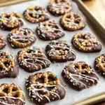 - 2 cups pretzel sticks - 1 cup semi-sweet chocolate chips - 1 cup creamy white chocolate chips - 1/2 cup finely crushed nuts (such as almonds, peanuts, or walnuts) - 1/4 cup fun sprinkles (optional) - Flaky sea salt, to taste For best flavor, use high-quality semi-sweet and white chocolate. They melt better and taste richer. If you need substitutes, you can use gluten-free pretzels or omit nuts for a nut-free version. You can also swap in different nuts like pecans or cashews. Make sure your nuts are finely crushed to spread evenly. - Prepare the baking sheet: Take a baking sheet and line it with parchment paper. Make sure to cover the whole surface. This helps when you need to lift the bark later. - Melt the chocolates separately: In a microwave-safe bowl, add the semi-sweet chocolate chips. Heat them in 30-second bursts. Stir after each round until smooth. Do the same for the white chocolate chips in a different bowl. - Combine pretzels and melted semi-sweet chocolate: In a large bowl, pour the melted semi-sweet chocolate over the pretzel sticks. Gently mix with a spatula. Make sure each pretzel gets coated well. - Spread pretzel mixture on the baking sheet: Transfer the chocolate-covered pretzel mix onto the lined baking sheet. Spread it out evenly. Avoid clustering the pretzels too much in one spot. - Drizzle white chocolate and add toppings: With a spoon or piping bag, drizzle the melted white chocolate in a zigzag pattern over the pretzel mix. This adds a fun design. - Chill until set and break into pieces: Place the baking sheet in the fridge for about 30 minutes. Wait until the chocolate hardens. Once set, remove it from the fridge and break it into uneven pieces for a rustic look. How to melt chocolate without burning: To melt chocolate, use a microwave-safe bowl. Place semi-sweet chocolate chips in the bowl. Microwave them for 30 seconds. Stir well, then microwave again. Repeat until smooth. For white chocolate, follow the same steps. This method helps keep the chocolate silky and avoids burning. Tips for even coating of pretzels: To coat the pretzels, pour the melted semi-sweet chocolate over them. Use a spatula to fold and stir gently. Make sure every pretzel gets chocolate. This way, each bite is delicious. Serving suggestions for parties or snacks: For a fun party treat, serve your bark on a colorful platter. Choose a plate that matches your theme. Guests will love the look and taste. You can also break the bark into smaller pieces for easy snacking. Creative ways to package as gifts: If you want to gift the bark, package each piece in small bags. Use clear bags for a nice view of the pretzel bark. Tie them with colorful ribbons. This adds a personal touch and makes great party favors. Overcrowding the baking sheet: When spreading the chocolate-covered pretzels, give them space. If they are too close, they may stick together. This makes it hard to break them apart later. Aim for an even layer on the baking sheet. Not allowing chocolate to set properly: After you finish, chill the bark for about 30 minutes. This step is key for a nice crunch. If you skip it, the chocolate might not set well. Make sure to wait until it is firm before breaking the bark into pieces. {{image_4}} You can make your chocolate-covered pretzel bark more fun with add-ins. Try mixing in dried fruits like cranberries or cherries. Toffee bits add a sweet crunch. Crushed cookies, like Oreos, can add a delightful twist. Don’t forget to play with different types of chocolate. Dark chocolate gives a rich taste. Milk chocolate is sweeter and loved by many. You can even try flavored chocolates, like mint or caramel. The options are endless! Let your creativity shine with themed toppings. For Halloween, use spooky sprinkles like ghosts or pumpkins. At Christmas, go for red and green colors. You can even use pastel colors for spring or bright shades for summer. For added crunch, sprinkle crushed pretzels on top. This gives extra texture and a salty kick. You can mix and match themes and textures to suit any occasion. If you have dietary needs, don’t worry! You can make vegan bark using dairy-free chocolate. Look for gluten-free pretzels for a tasty treat. For those with nut allergies, skip the nuts altogether. Add more sprinkles or try seeds like pumpkin or sunflower instead. This way, everyone can enjoy the bark without worry! To keep your chocolate-covered pretzel bark fresh, store it in an airtight container. This helps to keep moisture out and flavor in. Use a container that fits the bark well, so it does not break apart. You can keep the bark at room temperature for up to two weeks. If you want it to last longer, consider refrigerating it. If you wish to extend the life of your bark, freezing is a great option. First, cut the bark into pieces. Then, wrap each piece in plastic wrap or place them in a freezer-safe bag. This prevents freezer burn and keeps the taste intact. You can freeze the bark for up to three months. When you're ready to enjoy it, take the pieces out and let them thaw in the fridge for about an hour. This keeps the texture smooth and tasty. You can melt chocolate in two ways: the microwave or a double boiler. - Microwave Method: Place chocolate chips in a bowl. Heat in short bursts of 30 seconds. Stir between each burst until smooth. This method is fast and easy. - Double Boiler Method: Heat water in a pot. Place a heat-safe bowl on top. Add chocolate chips to the bowl. Stir until melted. This method gives you more control and helps prevent burning. Using either method works well. Just be patient and keep stirring! Yes, you can use different pretzels. The choice adds fun and flavor. - Flavors: Try chocolate-covered pretzels for a sweet twist. Honey wheat pretzels add a nice touch too. - Sizes: Mini pretzels work great for bite-sized pieces. Rod-shaped pretzels give a crunchy, longer shape. Feel free to mix and match to find your favorite! Check for a few signs to know when your bark is ready. - Firmness: Lightly touch the surface. If it feels solid and cool, it’s set. - Shiny Appearance: The chocolate should look smooth and glossy. - Time: Usually, it takes about 30 minutes in the fridge. If it passes these checks, you can break it into pieces! Absolutely! Adding more toppings can make your bark even better. - Nuts: Use different nuts like pistachios or hazelnuts for variety. - Fruits: Dried fruits like cranberries or apricots add sweetness. - Candy: Crushed candy bars or toffee bits give extra crunch. Get creative! Mix and match toppings for a unique treat. Now you know how to make a tasty chocolate bark. We covered the key ingredients, step-by-step instructions, and handy tips for a great finish. You can customize it with different flavors and toppings as you like. Remember, the right texture and storing method keep your bark fresh. If you follow these steps, you’ll impress friends and family with your treats. Get creative and enjoy this simple recipe!