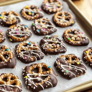 - 2 cups pretzel sticks - 1 cup semi-sweet chocolate chips - 1 cup creamy white chocolate chips - 1/2 cup finely crushed nuts (such as almonds, peanuts, or walnuts) - 1/4 cup fun sprinkles (optional) - Flaky sea salt, to taste For best flavor, use high-quality semi-sweet and white chocolate. They melt better and taste richer. If you need substitutes, you can use gluten-free pretzels or omit nuts for a nut-free version. You can also swap in different nuts like pecans or cashews. Make sure your nuts are finely crushed to spread evenly. - Prepare the baking sheet: Take a baking sheet and line it with parchment paper. Make sure to cover the whole surface. This helps when you need to lift the bark later. - Melt the chocolates separately: In a microwave-safe bowl, add the semi-sweet chocolate chips. Heat them in 30-second bursts. Stir after each round until smooth. Do the same for the white chocolate chips in a different bowl. - Combine pretzels and melted semi-sweet chocolate: In a large bowl, pour the melted semi-sweet chocolate over the pretzel sticks. Gently mix with a spatula. Make sure each pretzel gets coated well. - Spread pretzel mixture on the baking sheet: Transfer the chocolate-covered pretzel mix onto the lined baking sheet. Spread it out evenly. Avoid clustering the pretzels too much in one spot. - Drizzle white chocolate and add toppings: With a spoon or piping bag, drizzle the melted white chocolate in a zigzag pattern over the pretzel mix. This adds a fun design. - Chill until set and break into pieces: Place the baking sheet in the fridge for about 30 minutes. Wait until the chocolate hardens. Once set, remove it from the fridge and break it into uneven pieces for a rustic look. How to melt chocolate without burning: To melt chocolate, use a microwave-safe bowl. Place semi-sweet chocolate chips in the bowl. Microwave them for 30 seconds. Stir well, then microwave again. Repeat until smooth. For white chocolate, follow the same steps. This method helps keep the chocolate silky and avoids burning. Tips for even coating of pretzels: To coat the pretzels, pour the melted semi-sweet chocolate over them. Use a spatula to fold and stir gently. Make sure every pretzel gets chocolate. This way, each bite is delicious. Serving suggestions for parties or snacks: For a fun party treat, serve your bark on a colorful platter. Choose a plate that matches your theme. Guests will love the look and taste. You can also break the bark into smaller pieces for easy snacking. Creative ways to package as gifts: If you want to gift the bark, package each piece in small bags. Use clear bags for a nice view of the pretzel bark. Tie them with colorful ribbons. This adds a personal touch and makes great party favors. Overcrowding the baking sheet: When spreading the chocolate-covered pretzels, give them space. If they are too close, they may stick together. This makes it hard to break them apart later. Aim for an even layer on the baking sheet. Not allowing chocolate to set properly: After you finish, chill the bark for about 30 minutes. This step is key for a nice crunch. If you skip it, the chocolate might not set well. Make sure to wait until it is firm before breaking the bark into pieces. {{image_4}} You can make your chocolate-covered pretzel bark more fun with add-ins. Try mixing in dried fruits like cranberries or cherries. Toffee bits add a sweet crunch. Crushed cookies, like Oreos, can add a delightful twist. Don’t forget to play with different types of chocolate. Dark chocolate gives a rich taste. Milk chocolate is sweeter and loved by many. You can even try flavored chocolates, like mint or caramel. The options are endless! Let your creativity shine with themed toppings. For Halloween, use spooky sprinkles like ghosts or pumpkins. At Christmas, go for red and green colors. You can even use pastel colors for spring or bright shades for summer. For added crunch, sprinkle crushed pretzels on top. This gives extra texture and a salty kick. You can mix and match themes and textures to suit any occasion. If you have dietary needs, don’t worry! You can make vegan bark using dairy-free chocolate. Look for gluten-free pretzels for a tasty treat. For those with nut allergies, skip the nuts altogether. Add more sprinkles or try seeds like pumpkin or sunflower instead. This way, everyone can enjoy the bark without worry! To keep your chocolate-covered pretzel bark fresh, store it in an airtight container. This helps to keep moisture out and flavor in. Use a container that fits the bark well, so it does not break apart. You can keep the bark at room temperature for up to two weeks. If you want it to last longer, consider refrigerating it. If you wish to extend the life of your bark, freezing is a great option. First, cut the bark into pieces. Then, wrap each piece in plastic wrap or place them in a freezer-safe bag. This prevents freezer burn and keeps the taste intact. You can freeze the bark for up to three months. When you're ready to enjoy it, take the pieces out and let them thaw in the fridge for about an hour. This keeps the texture smooth and tasty. You can melt chocolate in two ways: the microwave or a double boiler. - Microwave Method: Place chocolate chips in a bowl. Heat in short bursts of 30 seconds. Stir between each burst until smooth. This method is fast and easy. - Double Boiler Method: Heat water in a pot. Place a heat-safe bowl on top. Add chocolate chips to the bowl. Stir until melted. This method gives you more control and helps prevent burning. Using either method works well. Just be patient and keep stirring! Yes, you can use different pretzels. The choice adds fun and flavor. - Flavors: Try chocolate-covered pretzels for a sweet twist. Honey wheat pretzels add a nice touch too. - Sizes: Mini pretzels work great for bite-sized pieces. Rod-shaped pretzels give a crunchy, longer shape. Feel free to mix and match to find your favorite! Check for a few signs to know when your bark is ready. - Firmness: Lightly touch the surface. If it feels solid and cool, it’s set. - Shiny Appearance: The chocolate should look smooth and glossy. - Time: Usually, it takes about 30 minutes in the fridge. If it passes these checks, you can break it into pieces! Absolutely! Adding more toppings can make your bark even better. - Nuts: Use different nuts like pistachios or hazelnuts for variety. - Fruits: Dried fruits like cranberries or apricots add sweetness. - Candy: Crushed candy bars or toffee bits give extra crunch. Get creative! Mix and match toppings for a unique treat. Now you know how to make a tasty chocolate bark. We covered the key ingredients, step-by-step instructions, and handy tips for a great finish. You can customize it with different flavors and toppings as you like. Remember, the right texture and storing method keep your bark fresh. If you follow these steps, you’ll impress friends and family with your treats. Get creative and enjoy this simple recipe!