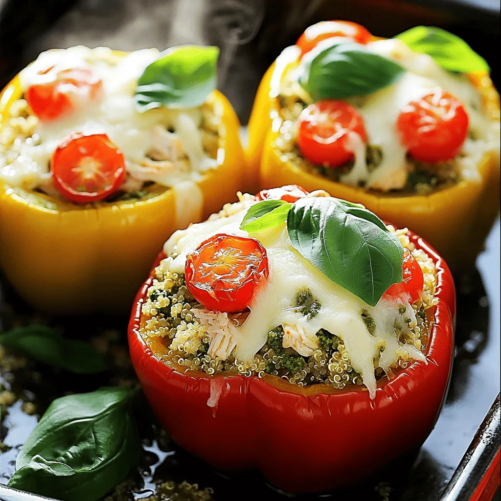 - 4 large bell peppers (any color works well) - 2 cups cooked chicken, shredded - 1 cup fresh basil pesto - 1 cup cooked quinoa or rice - 1 cup cherry tomatoes, halved - 1 cup mozzarella cheese, shredded - 1/4 cup grated Parmesan cheese - Salt and black pepper to taste - Fresh basil leaves for garnish (optional) If you want to mix things up, here are some ideas: - Use rotisserie chicken instead of cooking your own. - Swap quinoa or rice for couscous or farro. - Try using spinach or arugula pesto for a twist. - Replace mozzarella with cheddar or feta cheese. - Use zucchini or eggplant instead of bell peppers for a low-carb option. Fresh ingredients make a big difference in flavor. - Choose firm bell peppers without blemishes. - Use freshly cooked chicken for the best taste. - Opt for homemade or high-quality pesto for rich flavor. - Fresh basil should smell sweet and look bright green. - Always check the expiration dates on cheeses for peak freshness. Start by preheating your oven to 375°F (190°C). This gets it hot and ready for baking. Next, take four large bell peppers. You can pick any color you like. Cut off the tops carefully. Then, remove the seeds and membranes inside. Stand the peppers upright in a baking dish. Make sure they are stable so they won't tip over. In a large mixing bowl, add 2 cups of cooked chicken. Shred it into small pieces for easy mixing. Next, add 1 cup of fresh basil pesto. Then, pour in 1 cup of cooked quinoa or rice—your choice! Add 1 cup of halved cherry tomatoes. Now, mix in half of the shredded mozzarella cheese and 1/4 cup of grated Parmesan cheese. Stir everything gently until well combined. Season with salt and black pepper to taste. Now it’s time to stuff the peppers! Use a spoon to fill each bell pepper with the chicken and pesto mix. Pack it down gently but don’t overflow. Sprinkle the remaining mozzarella cheese on top of each pepper for extra flavor. Pour about 1/4 cup of water into the bottom of the baking dish. This will help steam the peppers. Cover the dish tightly with aluminum foil. Place the baking dish in the oven and bake for 25 minutes. After that, carefully take off the foil. Bake for another 10 to 15 minutes. You want the peppers to be fork-tender and the cheese to be bubbly and golden. Once they are done, take them out and let them cool for a few minutes. If you want, add fresh basil leaves on top for a beautiful finish! Timing is key for perfect stuffed peppers. Bake them at 375°F (190°C) for a total of 35-40 minutes. Start by covering the dish with foil for the first 25 minutes. This traps steam and helps cook the peppers evenly. Afterward, remove the foil to brown the cheese. Check the peppers with a fork; they should be soft, but not mushy. Season your filling well. Add salt and black pepper to taste. You can also mix in garlic powder for depth. A splash of lemon juice brightens the dish. Consider adding red pepper flakes for a kick. Fresh herbs like parsley or thyme can add a nice touch. Don't forget to top with fresh basil before serving for a burst of freshness. Stuffing peppers can be tricky, but here are some tips. Use a spoon to pack the filling firmly, but don't overfill. Leave a little space at the top. This helps the cheese melt nicely without spilling over. Make sure the peppers stand upright in the baking dish. You can add a bit of water to the bottom to keep them moist while baking. {{image_4}} You can easily make a vegetarian version of pesto chicken stuffed peppers. Replace the chicken with black beans or lentils. This change keeps the dish hearty and filling. Use the same amount of pesto. You can also add some diced zucchini or spinach for extra veggies. This option is great for meat-free meals. For a spicy kick, add red pepper flakes to the chicken mixture. You can also mix in diced jalapeños for more heat. This will make your dish bold and fun. Top the peppers with pepper jack cheese instead of mozzarella. It gives a creamy texture and a spicy flavor boost. Cheese can change the flavor of your stuffed peppers. Try using feta cheese for a tangy taste. You can also use goat cheese for a creamier texture. If you love strong flavors, blue cheese is a great choice. Mix and match cheeses to find your perfect blend. This way, you can make each meal unique and exciting. To store your leftover pesto chicken stuffed peppers, first let them cool. Place the peppers in an airtight container. This keeps them fresh and tasty. You can store them in the fridge for up to three days. If you want to enjoy them later, freezing is a good option. When you're ready to eat the leftovers, preheat your oven to 350°F (175°C). Cover the stuffed peppers with aluminum foil to keep them moist. Bake them for about 20 minutes or until they are heated through. You can also microwave them for 2-3 minutes, but the oven gives better results. If you want to freeze the stuffed peppers, do it right after they cool. Wrap each pepper in plastic wrap and then place them in a freezer-safe bag. They will keep well for up to three months. When you're ready to eat, thaw them in the fridge overnight before reheating. This way, they stay delicious and full of flavor. Yes, you can use different types of peppers. Bell peppers are great, but you can try poblano, jalapeño, or even banana peppers for a fun twist. Just remember to adjust the filling based on the size of the peppers you choose. Smaller peppers will hold less filling, while larger ones will need more. This allows you to experiment with flavors and spice levels to match your taste. You can prepare this dish in advance easily. First, mix the filling and stuff the peppers as usual. Then, cover them and refrigerate for up to 24 hours. When you are ready to bake, just pop them in the oven straight from the fridge. You may need to add an extra few minutes to the baking time since they will be cold. This makes it convenient for busy nights or meal prep. Stuffed peppers are versatile and pair well with many sides. Here are some great options: - A simple green salad with a light vinaigrette - Garlic bread to soak up the delicious juices - Steamed broccoli or green beans for a healthy crunch - A side of quinoa or rice for extra grains These sides enhance the meal and make it feel complete. Enjoy mixing and matching to find your favorite combinations! We explored the key ingredients for stuffed peppers, including fresh choices and substitutions. I shared clear steps for prepping, mixing, and baking. You learned tips for timing, seasoning, and best practices for stuffing. I offered tasty variations and useful storage advice. This recipe is adaptable and makes meals easy. Stuffed peppers are fun to make, and you can enjoy them anytime. Embrace your creativity in the kitchen and have fun cooking!