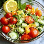 To make a tasty Lemon Herb Quinoa Salad, you'll need these key ingredients: - 1 cup quinoa, thoroughly rinsed under cold water - 2 cups vegetable broth (or water) - 1 cup cherry tomatoes, halved - 1 cucumber, diced into bite-sized pieces - 1 bell pepper (choose red or yellow for sweetness), diced - 1/4 cup red onion, finely chopped - 1/4 cup fresh parsley, roughly chopped - 1/4 cup fresh mint, roughly chopped - 3 tablespoons extra virgin olive oil - 2 tablespoons fresh lemon juice - Zest of 1 medium lemon - Salt and black pepper, to taste These ingredients bring bright flavors and colors to the dish. The quinoa serves as a great base, while the fresh herbs add a burst of taste. The lemon juice and zest give it a refreshing zing. Want to boost the flavor? Here are some fun add-ins to try: - 1/4 cup feta cheese, crumbled (for creaminess) - 1/4 cup olives, sliced (for a briny touch) - 1 avocado, diced (for creaminess and healthy fats) - 1/2 cup cooked chickpeas (for added protein) Feel free to mix and match these extras. They can enhance the taste and texture, making the salad even better. Let’s look at the nutrition of some main ingredients: - Quinoa: Packed with protein and fiber. It's gluten-free and full of vitamins. - Vegetables: Cherry tomatoes, cucumber, and bell pepper add vitamins A and C. - Herbs: Parsley and mint give antioxidants and fresh flavor. - Olive Oil: A heart-healthy fat that helps absorb nutrients. This salad is not just tasty; it’s also good for your body. Each ingredient plays a role in your health, making this dish a smart choice for meals. To start, rinse 1 cup of quinoa under cold water. This step helps remove any bitter taste. Next, combine the rinsed quinoa with 2 cups of vegetable broth in a medium saucepan. Bring this mixture to a boil over high heat. Once it boils, lower the heat and cover the pan. Let it simmer for about 15 minutes. The quinoa should become fluffy and absorb all the liquid. After that, remove it from heat and let it cool for about 5 to 10 minutes. While the quinoa cools, take a large mixing bowl. In this bowl, add 1 cup of halved cherry tomatoes, 1 diced cucumber, and 1 diced bell pepper. I suggest using red or yellow bell peppers for their sweetness. Next, toss in 1/4 cup of finely chopped red onion, 1/4 cup of roughly chopped fresh parsley, and 1/4 cup of roughly chopped fresh mint. These ingredients add color and flavor. Once the quinoa is cool, add it to this colorful mix. Gently fold everything together to combine the flavors. Now, let's make a zesty dressing. In a small bowl, whisk together 3 tablespoons of extra virgin olive oil, 2 tablespoons of fresh lemon juice, and the zest of 1 medium lemon. Don't forget to add salt and black pepper to taste. This dressing brings everything together. Pour it over the quinoa salad. Toss gently to coat all the ingredients evenly. If you love cheese, sprinkle 1/4 cup of crumbled feta on top. Give it another gentle toss to mix. Taste the salad and adjust the seasoning if needed. Enjoy the fresh and vibrant flavors! To cook quinoa perfectly, start with rinsing it well. Rinsing removes the bitter coating called saponin. Use two cups of vegetable broth or water for every cup of quinoa. Bring it to a boil, then lower the heat. Cover the pot and let it simmer for about 15 minutes. The quinoa will absorb all the liquid and become fluffy. Let it cool for a bit before mixing it with the other ingredients. Herbs add fresh flavor to your salad. For this dish, I suggest using parsley and mint. Chop them roughly and mix them in. Fresh herbs give a bright taste that pairs well with lemon. You can also try basil or cilantro for a different twist. Remember, add herbs at the end to keep their flavors strong. Serve your Lemon Herb Quinoa Salad in a clear bowl. This way, the colorful ingredients shine. For a creamy touch, sprinkle feta cheese on top. You can also pair this salad with grilled chicken or fish. It makes a great side dish for a summer barbecue. Enjoy it on its own for a healthy lunch. {{image_4}} You can easily make this salad vegetarian or vegan. For a vegetarian option, simply add feta cheese. It gives a creamy touch that many love. If you want it vegan, just skip the cheese. The salad stays fresh and tasty without it. Use plant-based dressings if you want more flavor. This recipe is very flexible. You can swap in seasonal veggies. In summer, try adding fresh corn or zucchini. In the fall, diced butternut squash brings warmth. You can also use roasted vegetables for a richer flavor. Each swap gives the salad a new twist, keeping it exciting. To make this salad more filling, add protein. Chickpeas are a great choice. They add fiber and texture. You can also use black beans or lentils. For meat lovers, grilled chicken or shrimp works well too. These additions make the salad a complete meal. Enjoy mixing and matching for your perfect dish! To keep your Lemon Herb Quinoa Salad fresh, store it in an airtight container. Make sure the salad is cool before sealing it. This helps prevent moisture build-up, which can make it soggy. Place the container in the fridge. It will stay crisp and tasty for a few days. If you have leftovers, reheating is simple. Warm the salad in the microwave for about 30 seconds. Stir it halfway through to avoid hot spots. You can also enjoy it cold. The flavors blend well when served chilled. Just add a bit more dressing to freshen it up. Your salad will last for about 3 to 5 days in the fridge. After that, it may lose its flavor and texture. For longer storage, you can freeze the quinoa base. Just make sure to leave out the fresh veggies and dressing. When ready to eat, thaw it in the fridge overnight. Add fresh ingredients and dressing before serving. It takes about 30 minutes to make this salad. You spend 15 minutes prepping the ingredients. The cooking takes another 15 minutes. This is a quick and easy dish to whip up. Yes, you can make this salad ahead of time. It tastes even better after sitting for a few hours. Just store it in the fridge. This lets the flavors blend nicely. If you add feta, do so just before serving. If you don’t have quinoa, you can use other grains. Brown rice or farro work well. Both add unique flavors and textures. You could also use couscous, which cooks faster. Choose a grain that you enjoy. Each option offers a tasty twist to your salad. In this post, we explored the key ingredients for a tasty lemon herb quinoa salad. You learned how to prepare the quinoa, mix the salad, and create a fresh dressing. I shared tips to cook quinoa perfectly and enhance flavors with herbs. You also discovered fun variations and storage tips to keep your salad fresh. Lemon herb quinoa salad is a healthy, delicious choice. It’s easy to make and great for meals. Enjoy mixing different ingredients to make it your own!