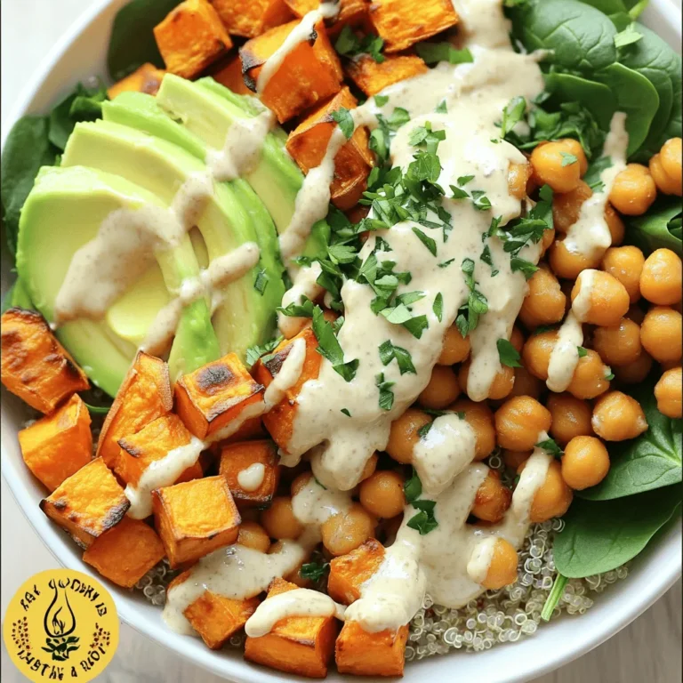 - 1 large sweet potato, peeled and diced into 1-inch cubes - 1 can (15 oz) chickpeas, thoroughly drained and rinsed - 2 cups cooked quinoa (white, red, or a mix for color) - 1 cup baby spinach, roughly chopped - 1 ripe avocado, carefully sliced - 2 tablespoons olive oil, divided - 1 teaspoon smoked paprika for depth of flavor - 1 teaspoon ground cumin for a warm spice note - 2 tablespoons tahini, for creaminess - 1 tablespoon freshly squeezed lemon juice for brightness - Salt and freshly cracked black pepper to taste - Chopped fresh parsley for a vibrant garnish The sweet potato shines in this bowl. Its natural sweetness pairs well with chickpeas. Chickpeas add protein and a nice texture. Quinoa serves as a fluffy base, making the dish filling. For fresh greens, I like baby spinach. It adds color and a slight crunch. Avocado brings creaminess and healthy fats. Olive oil enhances the dish with richness. Seasonings matter. Smoked paprika gives depth and warmth. Cumin brings a hint of spice. Tahini and lemon juice create a creamy dressing with bright flavor. Each ingredient plays a role in this Buddha bowl. Together, they create a colorful and tasty meal. The balance of flavors makes this dish a delight to eat. - Preheat your oven to 425°F (220°C). - Peel and dice the large sweet potato into 1-inch cubes. - In a bowl, toss the sweet potatoes with 1 tablespoon of olive oil. - Add smoked paprika, ground cumin, salt, and pepper. - Spread the sweet potato cubes on a baking sheet. - Roast for 25-30 minutes, flipping halfway, until golden and tender. - Heat 1 tablespoon of olive oil in a skillet on medium heat. - Add the drained and rinsed chickpeas. - Season with salt and pepper. - Sauté for 5-7 minutes until slightly crisp and golden. - In a small bowl, whisk together tahini, lemon juice, and a splash of water. - Adjust the thickness to your liking. - Taste and add salt if needed. - Start with an even layer of cooked quinoa at the base of each bowl. - Neatly arrange the roasted sweet potatoes, sautéed chickpeas, fresh spinach, and avocado slices on top. - Drizzle the tahini dressing over everything. - Finish with chopped parsley for a fresh touch. - Ensuring even cooking: Cut your sweet potato into evenly sized cubes. This helps them cook at the same rate. Remember to flip them halfway through roasting. This gives them a nice caramel color. - Flavor enhancements: For a deeper taste, mix in smoked paprika and ground cumin. This adds warmth and a hint of smoke. Don’t forget to season with salt and pepper for balance. - Getting the right crisp: Sauté your chickpeas in a hot pan. Use a little olive oil and let them sit. This creates a crunchy outside that contrasts well with your soft sweet potatoes. - Alternative preparation methods: You can roast chickpeas for an even crispier texture. Just toss them with olive oil and spices, then bake at 425°F (220°C) for about 20 minutes. - Adjusting consistency and flavors: Whisk tahini with lemon juice and a splash of water. This helps achieve a creamy dressing. If it’s too thick, add more water until you reach your desired consistency. - Adding spices for a twist: Try adding garlic powder or cayenne pepper to your dressing. This can give it an extra kick. You can also mix in fresh herbs for added flavor. {{image_4}} You can switch up the base of your Buddha bowl with different grains. Brown rice is a great option. It adds a nutty flavor and chewiness. Farro or barley can also work well. They both offer a hearty texture and pair nicely with sweet potatoes and chickpeas. Using seasonal ingredients can make your Buddha bowl even better. Try adding fresh vegetables based on what’s in season. Roasted carrots, zucchini, or bell peppers can add great taste and color. You can also mix in different greens. Kale or arugula can offer a spicy kick and a nutrient boost. If you want more protein, consider adding other legumes. Black beans or lentils can be great choices. They add depth and flavor to your bowl. You can also add tempeh or tofu for a heartier meal. Both options take on flavors well and enhance the overall dish. Store your leftovers in airtight containers. Glass or BPA-free plastic containers work best. Place your Buddha bowl in the fridge within two hours after cooking. This helps keep it fresh. It will stay good for up to three days. Make sure to keep the dressing separate to avoid soggy ingredients. For quick reheating, the microwave is easy. Place the bowl in the microwave for about 1-2 minutes. Stir halfway through for even heat. If you prefer a crisp texture, use the oven. Preheat it to 350°F (175°C) and warm the bowl for about 10-15 minutes. This helps maintain quality and flavor. Freezing portions makes meals easy. Use freezer-safe containers or bags. Label them with the date for easy tracking. Freeze the Buddha bowl for up to three months. To thaw, place it in the fridge overnight. For reheating, use the microwave or oven, just like before, to enjoy the same great taste. A Buddha bowl is a colorful, nourishing meal. It combines grains, vegetables, protein, and a tasty dressing. The goal is to create a balanced dish. The name comes from the idea of a bowl that is as full as Buddha's belly. This dish draws inspiration from many cultures. It celebrates fresh, healthy ingredients in one bowl. Yes, this recipe is already vegan! All the ingredients are plant-based. Sweet potatoes, chickpeas, and quinoa are great sources of protein. If you want to add more flavor, try using different seasonings. You can also swap tahini for other vegan dressings. Just make sure any added sauces are vegan-friendly. The Sweet Potato Chickpea Buddha Bowl lasts about 4 days in the fridge. Store it in an airtight container. If the ingredients start to smell off or look slimy, it's time to toss them. Freshness is key to enjoying this bowl! Absolutely! You can add proteins like tofu, tempeh, or even nuts. Just cook them separately and toss them in. Chickpeas are great, but you can mix it up. Adding different proteins can change the flavor and texture. Enjoy experimenting with new combinations! This blog post shared a tasty Buddha bowl recipe, focusing on key ingredients like sweet potatoes, chickpeas, and quinoa. I provided step-by-step instructions to guide you through roasting, cooking, and assembling. Tips and variations help you customize the dish. Remember to store leftovers properly and enjoy them later. A Buddha bowl is versatile and forgiving. You can add your favorite ingredients or proteins. Enjoy creating your healthy meal, and share your results!