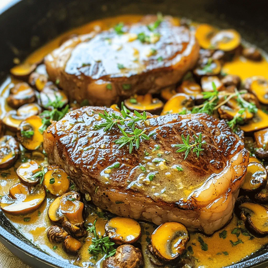 - 2 ribeye steaks (approximately 1-inch thick) - 8 oz cremini mushrooms, thinly sliced - 4 cloves of garlic, finely minced - 4 tablespoons unsalted butter - 2 tablespoons extra virgin olive oil - Salt and black pepper - Fresh thyme - Fresh parsley Gathering the right ingredients is key to making this dish shine. First, select two ribeye steaks. They should be about one inch thick for the best sear and flavor. Ribeye has a rich taste due to its marbling. Next, grab eight ounces of cremini mushrooms. These mushrooms add depth and a lovely earthiness to your dish. You will also need four cloves of garlic. Mince them finely to release their strong flavor. Don't forget the unsalted butter— you will want four tablespoons to create that creamy garlic sauce. Extra virgin olive oil helps with the sear, so keep two tablespoons on hand. For seasoning, use salt and freshly cracked black pepper. They will enhance the natural flavors of the steak and mushrooms. Fresh thyme adds a nice herbal note, while freshly chopped parsley brightens the dish and makes it visually appealing. These simple ingredients come together to create a flavorful delight that will impress anyone at your table. To start, take the ribeye steaks out of the fridge. Let them sit for about 30 minutes. This helps them cook evenly. Pat them dry with a paper towel. Dry steaks sear better. Next, season both sides well with salt and freshly cracked black pepper. Don't be shy with the seasoning! Grab a large skillet and heat olive oil over medium-high heat. Wait until the oil shimmers. Carefully place the seasoned steaks in the skillet. Sear the first side for 4-5 minutes. You want a nice golden crust. Flip the steaks and cook for another 3-4 minutes for medium-rare. Adjust the time if you want them more done. Once finished, remove the steaks and cover them with foil to keep warm. In the same skillet, lower the heat to medium. Add the sliced cremini mushrooms to the pan. Sauté them for about 5 minutes. Stir occasionally to ensure even cooking. You're looking for them to soften and release their moisture. This step adds great flavor. Now, push the mushrooms to one side of the skillet. On the other side, add the butter and minced garlic. Let the butter melt until it bubbles. Mix the garlic with the mushrooms. This will make everything taste amazing. Sprinkle thyme over the mixture. Cook for another 2-3 minutes until the garlic is aromatic and lightly golden. Transfer the seared steaks to serving plates. Spoon the garlic butter mushroom mix over the top. This adds richness and depth. Finish by garnishing with freshly chopped parsley. The green adds vibrancy to the dish. Serve it with creamy mashed potatoes or seasonal veggies for a complete meal. Enjoy the delight of flavors! Resting the meat is key. After cooking, let the steak sit for five minutes. This allows the juices to redistribute. You’ll get a juicier bite. Also, use a sharp knife for even cuts. This helps each piece cook the same way. To avoid soggy mushrooms, cook them over medium heat. Don’t crowd the pan. This lets them brown nicely. For the best flavor, choose cremini mushrooms. They have a rich, earthy taste that pairs well with steak. Add extra spices like smoked paprika or cayenne for a kick. Fresh herbs like rosemary or oregano can also boost flavor. Pair your dish with creamy mashed potatoes or a fresh salad. These sides balance the richness of the steak and mushrooms. {{image_4}} If you want to switch things up, try different cuts of steak. Options like sirloin or filet mignon can work well. Sirloin offers a leaner bite, while filet mignon is tender and buttery. Each cut gives a unique flavor and texture that can change your dish. Ribeye is rich and marbled, but experimenting can lead to delicious surprises. While cremini mushrooms shine in this recipe, you can explore other types too. Try using shiitake or portobello mushrooms for a different taste. Shiitakes have a meaty flavor, and portobellos add a nice texture. Mixing various mushrooms can create a fun blend of flavors. Just remember to adjust cooking times for different mushrooms, as they can vary in moisture. If you need a gluten-free option, this recipe is easy to adapt. Ensure your butter and olive oil are gluten-free. For lower fat alternatives, choose leaner cuts of steak. You can also use less butter or olive oil. This way, you still enjoy a tasty meal while watching your fat intake. Always feel free to customize to your dietary needs! To store leftover Garlic Butter Mushroom Steak Skillet, let it cool first. Place the dish in an airtight container. This keeps the flavors fresh and prevents drying out. You can store it in the fridge for up to three days. Always check for any signs of spoilage before eating leftovers. If it smells off or looks strange, it's best to toss it. You can freeze this dish for a longer shelf life. First, let it cool completely. Then, transfer it to a freezer-safe container. Make sure to leave some space for expansion when it freezes. This dish can last in the freezer for about three months. When you're ready to enjoy it again, thaw it in the fridge overnight. For reheating, use a skillet over medium heat. This helps maintain the steak’s tenderness and the mushrooms' flavor. You can also add a splash of butter or broth while reheating for extra moisture. Enjoy your flavorful delight! For medium-rare ribeye, cook it for about 4-5 minutes on one side and 3-4 minutes on the other. Use a meat thermometer to check. The internal temperature should reach 130-135°F. This gives you a juicy and tender steak, just how I like it! Yes, you can use pre-sliced mushrooms. They save time and are easy to find. However, fresh mushrooms have better flavor and texture. Pre-sliced mushrooms may also be less firm. I often prefer slicing my own for that extra taste. This dish pairs well with creamy mashed potatoes or seasonal vegetables. You can also serve it with a crisp salad. These sides add balance to the rich flavors of the steak and mushrooms. Try a rustic wooden board for a stylish presentation! This blog covered how to make a delicious Garlic Butter Mushroom Steak Skillet. You learned about essential ingredients, cooking techniques, and how to present your dish nicely. Remember to choose fresh thyme and parsley for added flavor. Don’t rush the cooking process; let the steak rest for best results. With these tips and variations, you can adapt the recipe to your taste. Experiment with different mushrooms and steak cuts. Now it’s time for you to enjoy making this dish and impress your friends or family!