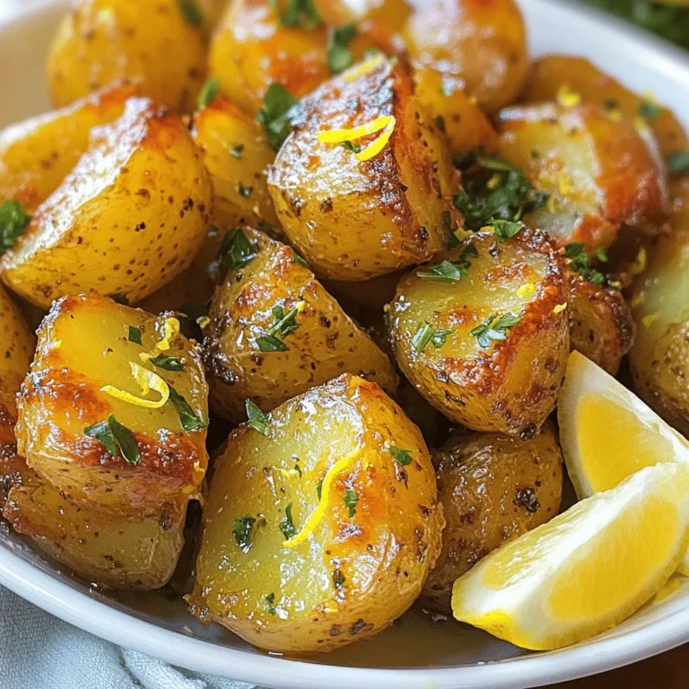 - 2 pounds baby potatoes, halved or quartered - 1/4 cup extra virgin olive oil - 4 cloves garlic, finely minced - Juice and zest of 2 large, juicy lemons - 1 teaspoon dried oregano, preferably Greek - 1 teaspoon dried thyme - 1 teaspoon sea salt - 1/2 teaspoon freshly ground black pepper - Fresh parsley, chopped (for garnish) - Lemon wedges (for serving) Greek lemon potatoes are simple yet full of flavor. You start with baby potatoes. They should be small and tender. Halve or quarter them for even cooking. Next, you need extra virgin olive oil. This oil gives the dish richness. The garlic adds a nice kick. Use fresh garlic for the best taste. Fresh lemons are a must. The juice and zest brighten the dish. Dried oregano and thyme bring in that classic Greek taste. Sea salt and black pepper enhance all the flavors. For garnish, use fresh parsley. It adds a pop of color and freshness. Lemon wedges are perfect for serving. You can squeeze them over the potatoes before eating. These ingredients work together to make a tasty side dish. Each bite is a burst of flavor. Start by preheating your oven to 400°F (200°C). This heat helps the potatoes get crispy and golden. A hot oven makes a big difference in cooking. In a large mixing bowl, add 2 pounds of baby potatoes. Cut them in half or quarters to help them cook faster. Pour in 1/4 cup of extra virgin olive oil. Add 4 cloves of finely minced garlic, the juice and zest of 2 large lemons, 1 teaspoon of dried oregano, 1 teaspoon of dried thyme, 1 teaspoon of sea salt, and 1/2 teaspoon of freshly ground black pepper. Toss everything together gently. Make sure each potato piece is well coated in this zesty mix. Grab a large baking sheet and spread the seasoned potatoes in a single layer. Avoid overcrowding, as this can make them steam instead of roast. This step is key for achieving that nice crispy texture. Now, place the baking sheet in your preheated oven. Roast the potatoes for about 30 to 35 minutes. Halfway through, stir them to ensure even cooking. They should be golden brown and tender when you poke them with a fork. Once done, take the potatoes out and let them rest for a few minutes. Taste one to see if it needs more salt or pepper. Adjust if needed. Transfer the warm potatoes to a serving dish and sprinkle with freshly chopped parsley. Serve with lemon wedges on the side for a fresh squeeze of citrus right before eating. Enjoy your delicious Greek lemon potatoes! To get crispy Greek lemon potatoes, start with baby potatoes. They have a great taste and texture. Cut them into halves or quarters for even cooking. Use extra virgin olive oil to coat the potatoes well. The oil helps them crisp up nicely. Spread the potatoes in a single layer on the baking sheet. This way, they roast evenly. Stir them halfway through cooking for even browning. Lemon juice and zest add bright flavor to these potatoes. Fresh garlic brings a tasty kick. Dried oregano and thyme give a nice herbal touch. Feel free to add more herbs if you like! You can also sprinkle some paprika for heat. A dash of fresh lemon juice right before serving brightens the dish even more. One common mistake is overcrowding the baking sheet. If too many potatoes are close together, they steam instead of roast. Always place them in a single layer. Another mistake is not seasoning enough. Be sure to taste and adjust the seasoning before serving. Lastly, don’t skip the resting time after roasting. This helps keep the potatoes tender and juicy. {{image_4}} You can change the herbs in Greek lemon potatoes for extra flavor. Rosemary and basil work great. Simply swap the oregano or thyme with these herbs. Both bring a nice twist. Fresh herbs add brightness. If you love a strong taste, try fresh rosemary. It pairs well with lemon. Mix in veggies for more color and taste. Bell peppers and onions can be great choices. Chop them up and toss them with the potatoes. They will roast nicely together. You can also add carrots or zucchini. This adds nutrition and makes the dish more colorful. You can cook Greek lemon potatoes in different ways. An air fryer gives you crispy potatoes in less time. Just toss them in the air fryer for about 20 minutes. Stir them halfway for even cooking. You can also boil the potatoes first, then roast them. This method makes them soft inside and crispy outside. Choose the method you like best! To store your Greek lemon potatoes, let them cool first. Once they are cool, place them in an airtight container. You can keep them in the fridge for up to three days. If you want to keep them longer, consider freezing them. Just make sure to use a freezer-safe container or bag. When you're ready to enjoy your leftovers, preheat your oven to 350°F (175°C). Spread the potatoes on a baking sheet. Heat them for about 15–20 minutes until they are warm and crispy. You can also use a microwave. Just heat them for 1–2 minutes, but they may not be as crispy. Greek lemon potatoes last about three days in the fridge. For freezing, they can last for up to three months. To freeze, portion them out into smaller bags. Label each bag with the date. When you want to eat them, thaw them in the fridge overnight before reheating. I prefer using baby potatoes. They are small, tender, and cook evenly. Their thin skin adds a nice texture. You can use red or yellow baby potatoes for great results. Yes, this recipe is already vegan! Just use vegetable broth instead of chicken broth if you choose to add more flavor. The garlic and lemon provide plenty of taste on their own. To add spice, try including red pepper flakes or cayenne pepper. You can mix a pinch into the potato mixture. Start small, then taste and adjust as needed. Absolutely! Fresh herbs will add a vibrant flavor. Use about three times more fresh herbs than dried. For example, use three teaspoons of fresh oregano instead of one teaspoon of dried. These potatoes pair well with grilled meats, fish, or a fresh salad. They also make a great side for Mediterranean dishes like gyros or souvlaki. Greek lemon potatoes can last about three to five days in the fridge. Store them in an airtight container to keep them fresh. Reheat in the oven or microwave when ready to eat. Greek lemon potatoes are easy and fun to make. You learned about key ingredients, step-by-step instructions, and helpful tips. Variations let you get creative, while storage info ensures you enjoy leftovers later. Remember, using fresh herbs and trying different cooking methods can enhance your dish. Enjoy making the best Greek lemon potatoes and impress your family and friends. Get ready to savor the crispy texture and zesty taste!