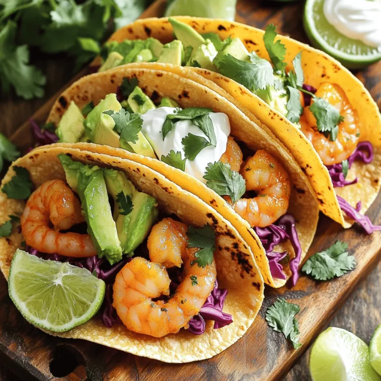 - 1 lb large shrimp, peeled and deveined - 2 tablespoons extra virgin olive oil - 3 tablespoons freshly squeezed lime juice - Zest of 1 lime - 2 cloves garlic, finely minced - 1 teaspoon ground cumin - 1 teaspoon smoked paprika - Salt and freshly ground black pepper to taste - ½ cup fresh cilantro, roughly chopped - 8 corn or flour tortillas (your choice) These ingredients create a bright and zesty flavor in your tacos. The shrimp, marinated in olive oil, lime juice, and spices, become the star of the dish. Remember to choose fresh shrimp for the best taste. - 1 ripe avocado, sliced - 1 cup red cabbage, finely shredded - ½ cup sour cream or Greek yogurt (for a healthier twist) - Lime wedges, for serving These toppings add texture and creaminess. Avocado brings a rich flavor, while red cabbage offers a nice crunch. Sour cream or Greek yogurt gives a cool touch, balancing the spices. - Mexican rice - Black beans - Grilled corn on the cob - Fresh salsa or guacamole Pairing your tacos with these sides enhances the meal. Mexican rice and black beans offer hearty flavors, while grilled corn adds a sweet crunch. Salsa or guacamole will give an extra burst of freshness. To start, grab a large mixing bowl. Add 2 tablespoons of extra virgin olive oil. Next, squeeze in 3 tablespoons of fresh lime juice. Don’t forget the zest of 1 lime for extra flavor. Now, finely mince 2 cloves of garlic and add them to the bowl. Sprinkle in 1 teaspoon of ground cumin and 1 teaspoon of smoked paprika. Season with salt and black pepper. Whisk everything together until it’s smooth and fragrant. This marinade is key for juicy, tasty shrimp. After the shrimp has marinated for 15-30 minutes, heat a skillet over medium-high heat. Once the skillet is hot, add the shrimp carefully. Cook for about 2-3 minutes on each side. Keep an eye on them; they should turn pink and opaque. Overcooked shrimp can become tough, so take them off the heat when they look just right. Now it’s time to build your tacos! Warm your tortillas in the skillet or microwave. Place a warm tortilla on your plate. Add a generous amount of sautéed shrimp in the center. Top it with slices of ripe avocado and a handful of finely shredded red cabbage. Drizzle some sour cream or Greek yogurt on top for creaminess. Finally, sprinkle fresh cilantro for a burst of flavor. Serve with lime wedges on the side for those who want a tangy kick. Enjoy your fresh and flavorful dish! When picking shrimp, look for a few key things. Choose shrimp that feel firm and look shiny. They should smell like the ocean, not fishy. For the best flavor, buy shrimp that are fresh or frozen. Large shrimp work best for tacos, as they hold up well. If you can, buy shrimp that are wild-caught for great taste and quality. Cooking shrimp can be tricky. Overcooked shrimp become tough and rubbery. To avoid this, pay close attention while cooking. Sauté shrimp for only 2-3 minutes on each side. They should turn pink and opaque when done. If you see them curling tightly, they’re overcooked. Remove them from the heat as soon as they look perfect. The marinade makes the shrimp shine. Use fresh lime juice and zest for a bright taste. Ground cumin and smoked paprika add warmth and depth. Fresh cilantro gives a nice herbal note. Don't forget to add salt and pepper, as they enhance all the flavors. For a tasty twist, try adding diced jalapeños or a splash of hot sauce. These small changes can make a big difference in your tacos. {{image_4}} To make Cilantro Lime Shrimp Tacos gluten-free, choose corn tortillas. They are safe and tasty. For a dairy-free option, swap sour cream with Greek yogurt or a vegan alternative. You can use cashew cream or avocado instead. These swaps keep the dish fresh and flavorful. You can easily switch shrimp for fish or chicken. For fish, I recommend using white fish like tilapia or cod. Season and cook it just like the shrimp. If you prefer chicken, use boneless, skinless breasts. Slice them thin and marinate as you would the shrimp. Cook until no longer pink. For a vegetarian version, skip the shrimp altogether. Use black beans or grilled veggies like bell peppers and zucchini. Marinate them in lime juice and spices for flavor. These options give you a hearty and satisfying taco without meat. Enjoy the same fresh toppings for color and taste. If you have leftover shrimp, store it in an airtight container. Place it in the fridge. It will stay fresh for about two days. Make sure the shrimp cools down before you store it. This helps keep the flavors intact. If you notice any strong smells, it’s best to toss it. To reheat shrimp, I suggest using a skillet. Heat the skillet over medium-low heat. Add a splash of olive oil to keep it moist. Cook for a few minutes until it’s warm. Avoid high heat; this can make the shrimp tough. You can also microwave it, but be careful not to overdo it. Heat in short bursts of 20 seconds. If you want to freeze tacos, wrap them tightly in plastic wrap first. Then, place them in a freezer bag. They can last up to three months. When ready to eat, thaw them in the fridge overnight. Reheat in the oven or on a skillet for the best taste. Fresh toppings can be added when serving. You can prepare the shrimp marinade ahead. Mix the olive oil, lime juice, garlic, cumin, paprika, salt, and pepper in a bowl. Store it in the fridge for up to a day. When ready to cook, just add the shrimp to the marinade. Let them soak for 15 to 30 minutes before cooking. You can also chop the veggies and slice the avocado ahead of time. Just keep everything covered in the fridge. Corn tortillas work well for these tacos. They add a nice texture and flavor. Flour tortillas can also work if you prefer them. Choose what you like best. Warm them before filling to keep them soft and pliable. This makes them easier to fold without tearing. Yes, you can use frozen shrimp. Just make sure to thaw them first. You can do this by placing them in a bowl of cold water for about 15-20 minutes. Once thawed, peel and devein them if needed. Then, follow the recipe as usual. These tacos are not very spicy. The recipe uses smoked paprika and cumin for flavor, not heat. If you want more spice, you can add diced jalapeños or a pinch of cayenne pepper. Adjust to your taste, and enjoy the burst of fresh flavors! Cilantro Lime Shrimp Tacos are quick and fun to make. We covered key ingredients, step-by-step instructions, and helpful tips. You can even switch things up with different proteins or store leftovers easily. These tacos are great for any meal and super tasty. Experiment with toppings and sides to make them your own. Enjoy your cooking, and share your delicious results with friends!