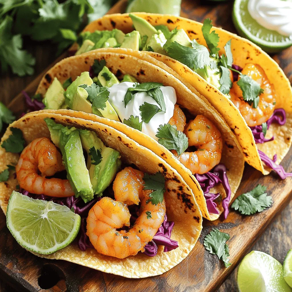 - 1 lb large shrimp, peeled and deveined - 2 tablespoons extra virgin olive oil - 3 tablespoons freshly squeezed lime juice - Zest of 1 lime - 2 cloves garlic, finely minced - 1 teaspoon ground cumin - 1 teaspoon smoked paprika - Salt and freshly ground black pepper to taste - ½ cup fresh cilantro, roughly chopped - 8 corn or flour tortillas (your choice) These ingredients create a bright and zesty flavor in your tacos. The shrimp, marinated in olive oil, lime juice, and spices, become the star of the dish. Remember to choose fresh shrimp for the best taste. - 1 ripe avocado, sliced - 1 cup red cabbage, finely shredded - ½ cup sour cream or Greek yogurt (for a healthier twist) - Lime wedges, for serving These toppings add texture and creaminess. Avocado brings a rich flavor, while red cabbage offers a nice crunch. Sour cream or Greek yogurt gives a cool touch, balancing the spices. - Mexican rice - Black beans - Grilled corn on the cob - Fresh salsa or guacamole Pairing your tacos with these sides enhances the meal. Mexican rice and black beans offer hearty flavors, while grilled corn adds a sweet crunch. Salsa or guacamole will give an extra burst of freshness. To start, grab a large mixing bowl. Add 2 tablespoons of extra virgin olive oil. Next, squeeze in 3 tablespoons of fresh lime juice. Don’t forget the zest of 1 lime for extra flavor. Now, finely mince 2 cloves of garlic and add them to the bowl. Sprinkle in 1 teaspoon of ground cumin and 1 teaspoon of smoked paprika. Season with salt and black pepper. Whisk everything together until it’s smooth and fragrant. This marinade is key for juicy, tasty shrimp. After the shrimp has marinated for 15-30 minutes, heat a skillet over medium-high heat. Once the skillet is hot, add the shrimp carefully. Cook for about 2-3 minutes on each side. Keep an eye on them; they should turn pink and opaque. Overcooked shrimp can become tough, so take them off the heat when they look just right. Now it’s time to build your tacos! Warm your tortillas in the skillet or microwave. Place a warm tortilla on your plate. Add a generous amount of sautéed shrimp in the center. Top it with slices of ripe avocado and a handful of finely shredded red cabbage. Drizzle some sour cream or Greek yogurt on top for creaminess. Finally, sprinkle fresh cilantro for a burst of flavor. Serve with lime wedges on the side for those who want a tangy kick. Enjoy your fresh and flavorful dish! When picking shrimp, look for a few key things. Choose shrimp that feel firm and look shiny. They should smell like the ocean, not fishy. For the best flavor, buy shrimp that are fresh or frozen. Large shrimp work best for tacos, as they hold up well. If you can, buy shrimp that are wild-caught for great taste and quality. Cooking shrimp can be tricky. Overcooked shrimp become tough and rubbery. To avoid this, pay close attention while cooking. Sauté shrimp for only 2-3 minutes on each side. They should turn pink and opaque when done. If you see them curling tightly, they’re overcooked. Remove them from the heat as soon as they look perfect. The marinade makes the shrimp shine. Use fresh lime juice and zest for a bright taste. Ground cumin and smoked paprika add warmth and depth. Fresh cilantro gives a nice herbal note. Don't forget to add salt and pepper, as they enhance all the flavors. For a tasty twist, try adding diced jalapeños or a splash of hot sauce. These small changes can make a big difference in your tacos. {{image_4}} To make Cilantro Lime Shrimp Tacos gluten-free, choose corn tortillas. They are safe and tasty. For a dairy-free option, swap sour cream with Greek yogurt or a vegan alternative. You can use cashew cream or avocado instead. These swaps keep the dish fresh and flavorful. You can easily switch shrimp for fish or chicken. For fish, I recommend using white fish like tilapia or cod. Season and cook it just like the shrimp. If you prefer chicken, use boneless, skinless breasts. Slice them thin and marinate as you would the shrimp. Cook until no longer pink. For a vegetarian version, skip the shrimp altogether. Use black beans or grilled veggies like bell peppers and zucchini. Marinate them in lime juice and spices for flavor. These options give you a hearty and satisfying taco without meat. Enjoy the same fresh toppings for color and taste. If you have leftover shrimp, store it in an airtight container. Place it in the fridge. It will stay fresh for about two days. Make sure the shrimp cools down before you store it. This helps keep the flavors intact. If you notice any strong smells, it’s best to toss it. To reheat shrimp, I suggest using a skillet. Heat the skillet over medium-low heat. Add a splash of olive oil to keep it moist. Cook for a few minutes until it’s warm. Avoid high heat; this can make the shrimp tough. You can also microwave it, but be careful not to overdo it. Heat in short bursts of 20 seconds. If you want to freeze tacos, wrap them tightly in plastic wrap first. Then, place them in a freezer bag. They can last up to three months. When ready to eat, thaw them in the fridge overnight. Reheat in the oven or on a skillet for the best taste. Fresh toppings can be added when serving. You can prepare the shrimp marinade ahead. Mix the olive oil, lime juice, garlic, cumin, paprika, salt, and pepper in a bowl. Store it in the fridge for up to a day. When ready to cook, just add the shrimp to the marinade. Let them soak for 15 to 30 minutes before cooking. You can also chop the veggies and slice the avocado ahead of time. Just keep everything covered in the fridge. Corn tortillas work well for these tacos. They add a nice texture and flavor. Flour tortillas can also work if you prefer them. Choose what you like best. Warm them before filling to keep them soft and pliable. This makes them easier to fold without tearing. Yes, you can use frozen shrimp. Just make sure to thaw them first. You can do this by placing them in a bowl of cold water for about 15-20 minutes. Once thawed, peel and devein them if needed. Then, follow the recipe as usual. These tacos are not very spicy. The recipe uses smoked paprika and cumin for flavor, not heat. If you want more spice, you can add diced jalapeños or a pinch of cayenne pepper. Adjust to your taste, and enjoy the burst of fresh flavors! Cilantro Lime Shrimp Tacos are quick and fun to make. We covered key ingredients, step-by-step instructions, and helpful tips. You can even switch things up with different proteins or store leftovers easily. These tacos are great for any meal and super tasty. Experiment with toppings and sides to make them your own. Enjoy your cooking, and share your delicious results with friends!
