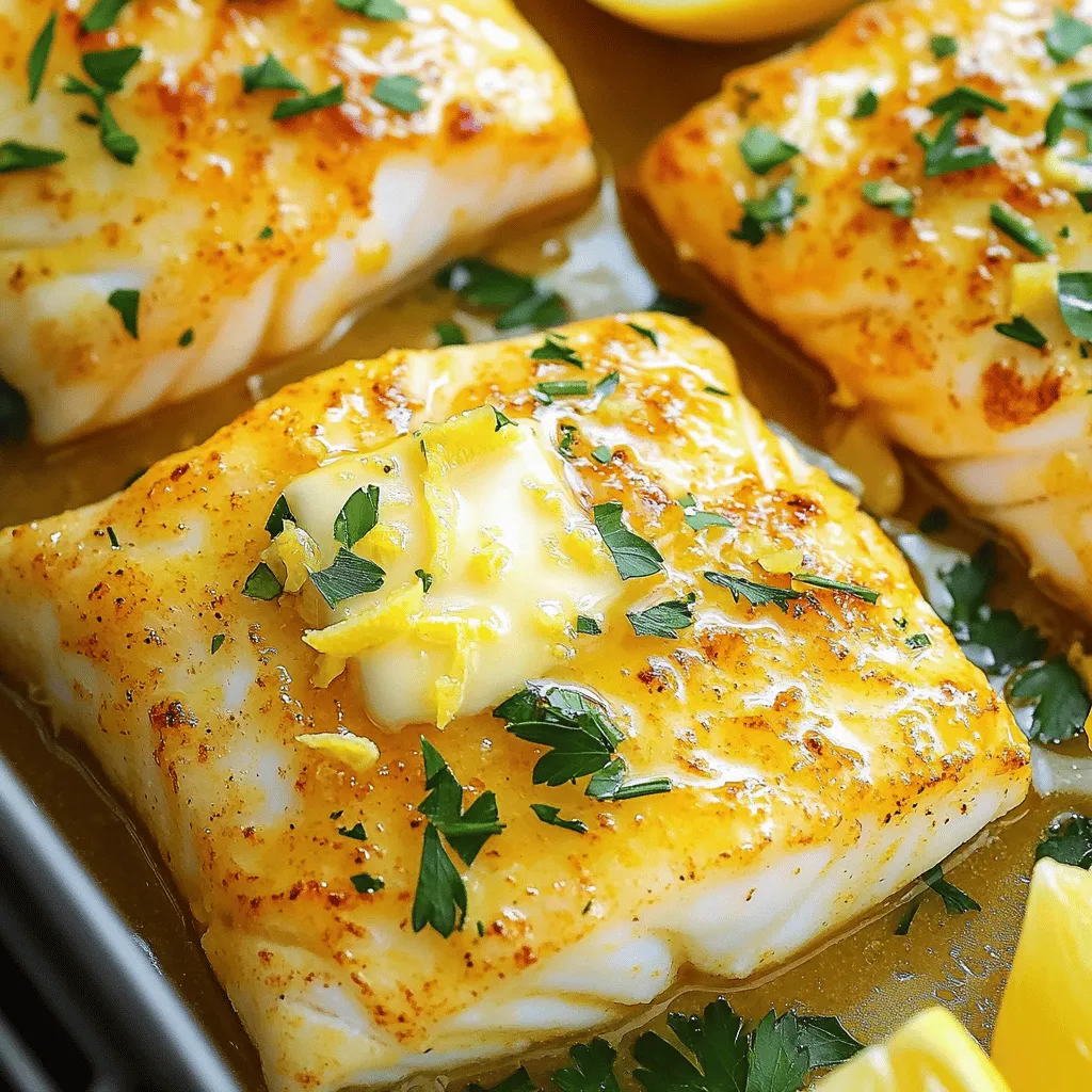 - 4 cod fillets (approximately 6 oz each) - 3 tablespoons unsalted butter, melted - 3 cloves garlic, minced finely - 1 lemon (zested and juiced) - 1 teaspoon dried oregano - 1 teaspoon paprika - Salt and freshly cracked pepper to taste - Fresh parsley, chopped (for garnish) - Lemon wedges (for serving) You need fresh cod fillets for this recipe. Each fillet should weigh around 6 ounces. This size ensures even cooking and a nice texture. Unsalted butter plays a key role in this dish. It adds richness and helps the fish stay moist. The butter also binds the flavors in the marinade. Garlic gives this meal a great flavor boost. Minced garlic releases a strong, savory taste that pairs well with cod. Lemon zest and juice add brightness. The zest gives a strong lemon flavor, while the juice brings in a nice acidity. Together, they wake up the fish's taste. Dried oregano adds a hint of earthiness. It complements the lemon and garlic well. Paprika brings warmth and a slight smokiness, making the dish even more appealing. Don't forget to season with salt and pepper. This enhances all the flavors in the dish. For garnish, use fresh parsley. It adds a pop of color and freshness. Lemon wedges make a great serving suggestion. They let you add more lemon flavor as you eat. Each ingredient plays a part in creating a delicious and vibrant dish. Enjoy every bite of your air fryer lemon garlic butter cod! 1. Start by mixing the marinade. In a small bowl, combine: - 3 tablespoons unsalted butter, melted - 3 cloves garlic, minced finely - Zest and juice of 1 lemon - 1 teaspoon dried oregano - 1 teaspoon paprika - Salt and freshly cracked pepper to taste. Whisk these ingredients together until they blend well. You want a vibrant mix that smells great. 2. Next, take your cod fillets. Pat them dry with a paper towel. This step helps the marinade stick better. Place the dried fillets in a shallow dish. Pour the marinade over them. Make sure each fillet is coated well. Let them marinate for 15-20 minutes. This wait helps the flavors soak in. 1. While the cod marinates, preheat your air fryer to 390°F (200°C). Do this for about 3-5 minutes. A hot air fryer cooks the fish evenly. 2. Lightly spray the air fryer basket with cooking spray. This step prevents sticking. After that, carefully place the marinated cod fillets in the basket. Make sure they don’t overlap. Spacing helps them cook nicely. 1. Now, air fry the cod for 8-10 minutes. Keep an eye on it. The fish is done when it flakes easily with a fork and is opaque throughout. If your fillets are thicker, you might need to adjust the time. 2. When cooked, use tongs to remove the cod from the air fryer. Let them rest for a minute. This rest time enhances the flavors. 3. Plate the cod fillets and garnish with chopped parsley. Serve with lemon wedges. Your guests can squeeze fresh lemon juice over the cod for extra flavor. Enjoy your delicious meal! To get the best texture for your cod, start by drying the fillets. Use a paper towel to gently pat them dry. This helps the marinade stick better and gives a nice crisp when cooking. For that perfect crunch, make sure your air fryer is preheated. This step helps the fish cook evenly and creates a delightful crust. You can boost the flavor of your dish with more herbs. Try adding thyme or dill for a fresh twist. If you love heat, a pinch of red pepper flakes can make it pop. To enhance your marinade, let it sit for a few minutes before using it. This allows the flavors to blend and develop a richer taste. Cooking times can vary based on the thickness of your cod fillets. If your fillets are thicker, add a minute or two to the cooking time. Keep an eye on them to avoid overcooking. Cod is done when it flakes easily with a fork. If you overcook it, it may become dry. To prevent this, use a meat thermometer. Aim for an internal temperature of 145°F (63°C) for perfectly cooked fish. {{image_4}} You can bake cod in the oven if you don't have an air fryer. Preheat your oven to 400°F (200°C). Place the marinated cod on a baking sheet and cook for 12-15 minutes. This method gives a lovely, tender fish. Broiling is another option for a different texture. Set your broiler to high and place the cod on a broiler pan. Broil for about 5-7 minutes. This will create a nice char on top while keeping the inside moist. If you can't find cod, use other fish like tilapia or haddock. These options also work well with the marinade. They will absorb the flavors just like cod. You can switch the herbs or sauces too. Try dill instead of oregano for a fresh twist. You can also use soy sauce for a different flavor profile. Just adjust the salt since soy sauce can be salty. Want some heat? Add chili flakes to your marinade. This will give your cod a spicy kick that many will enjoy. You can also try citrus variations. Use orange or lime zest and juice instead of lemon. These fruits add a unique taste that brightens up the dish. To keep your cooked cod fresh, store it in the fridge. Let it cool down first. Then, place it in an airtight container. This will help keep the flavor and texture. Use glass or plastic containers with tight lids. You can also wrap the cod tightly in plastic wrap. Store it for up to three days. Reheating cod can be tricky. You want it warm, not dry. The best way is to use the air fryer. Set it to 350°F (175°C). Place the cod in for about 5 minutes. Check it often to avoid overcooking. You can also use a microwave. Heat it in short bursts of 30 seconds. This helps keep the cod moist. You can freeze cod, but there are rules. For uncooked cod, wrap it tightly in plastic wrap. Then place it in a freezer bag. You can freeze it for up to three months. For cooked cod, let it cool and then do the same. To thaw, move it to the fridge overnight. For quick thawing, place it in a bowl of cold water. Change the water every 30 minutes until it’s thawed. You cook cod in an air fryer for 8-10 minutes at 390°F (200°C). The cod is done when it flakes easily with a fork and looks opaque. Cooking time may change based on how thick your fillets are. Always check early to avoid overcooking. You can marinate cod overnight, but it might get too salty. I suggest marinating for 15-20 minutes for the best taste. This allows the flavors to soak in without overpowering the fish. If you want to marinate longer, use less salt. I recommend serving your cod with a light salad or steamed veggies. Quinoa or rice also pairs well. These sides balance the rich flavors of the cod. Fresh lemon wedges make a great addition, too! Now you have all the steps to create a delicious air fryer lemon garlic butter cod. We covered the key ingredients, from cod fillets to herbs and spices. You learned how to marinate and cook the cod for a crispy, tasty meal. We also shared tips for perfect texture and alternative cooking methods. Remember, whether you serve it with lemon wedges or enjoy it solo, this dish is easy and tasty. With these methods, cooking cod becomes simple. Enjoy your cooking and share this recipe with others!