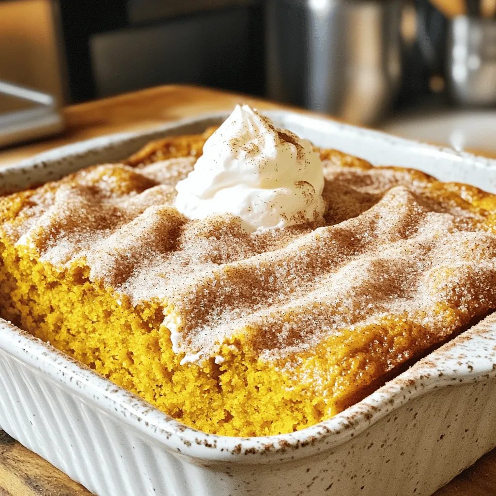 To make the Pumpkin Snickerdoodle Coffee Cake, you need a few simple ingredients that bring great flavor. Here is the list: - 1 ½ cups pumpkin puree - ½ cup vegetable oil - 1 cup brown sugar, packed tightly - ½ cup granulated sugar - 3 large eggs, at room temperature - 1 teaspoon vanilla extract - 2 cups all-purpose flour - 1 teaspoon baking powder - 1 teaspoon baking soda - 1 teaspoon ground cinnamon - ½ teaspoon ground nutmeg - ½ teaspoon salt - ¼ teaspoon cream of tartar - ¼ cup granulated sugar (for topping) - 1 tablespoon ground cinnamon (for topping) Each ingredient plays a special role in creating a soft, flavorful cake. The pumpkin puree adds moisture and a rich taste. The mix of brown and granulated sugars gives the cake a lovely sweetness. The spices like cinnamon and nutmeg bring warmth and comfort. Using room temperature eggs helps the batter blend better. The baking powder and baking soda will make your cake rise perfectly. Finally, the cinnamon-sugar topping gives a delightful crunch and sweet finish. This cake is perfect for any gathering, and it fills your kitchen with a warm aroma that everyone will love. - Preheat oven to 350°F (175°C) - Grease and flour a 9x13-inch baking pan To start, I preheat my oven. I set it to 350°F. This helps the cake bake evenly. Next, I grab a 9x13-inch baking pan. I grease it with some butter or oil. Then, I sprinkle in flour to coat the pan. This step keeps the cake from sticking. - Combine pumpkin puree, vegetable oil, sugars, eggs, and vanilla In a large bowl, I add pumpkin puree. It gives the cake moisture and flavor. Then, I pour in vegetable oil for richness. Next, I add both brown sugar and granulated sugar. The brown sugar adds depth. I crack in three large eggs for binding. Lastly, I splash in vanilla extract for sweetness. I whisk everything until smooth and well mixed. - Sift and mix dry ingredients carefully In another bowl, I sift together the dry ingredients. I use all-purpose flour, baking powder, and baking soda. Each helps the cake rise. Next, I add ground cinnamon, nutmeg, and salt for flavor. Sifting is key; it makes the dry mix light. I then fold this dry mix into the wet mix gently. I stop when I see a few lumps. Overmixing can make the cake tough. - Layering batter and cinnamon-sugar topping Now it’s time to assemble the cake. I pour half of the batter into the greased pan. I spread it out evenly with a spatula. Then, I sprinkle half of the cinnamon-sugar mix over this layer. This adds a sweet crunch. Next, I add the rest of the batter on top, smoothing it out again. Finally, I top it with the remaining cinnamon-sugar mix. - Baking duration and doneness test I place the pan in the preheated oven. I set a timer for 30 to 40 minutes. To check if it’s done, I insert a toothpick in the center. If it comes out clean, the cake is ready. Once it’s baked, I take it out and let it cool for about 10 minutes. Then, I slice it up and enjoy! To get a great texture, do not overmix the batter. Overmixing can lead to a dense cake. Just stir until you see no dry flour. It’s okay to have some lumps. Using room temperature eggs helps the batter blend better. Cold eggs can make the batter lumpy and uneven. You can boost the flavor with extra spices. Try adding ginger or allspice for warmth. A splash of maple extract can add a nice twist. You might even consider a touch of almond extract for a nutty flavor. These little tweaks can make your cake stand out. Serve your coffee cake warm for the best taste. Top each slice with a dollop of whipped cream. A sprinkle of cinnamon adds a nice touch. You can also add a few pumpkin seeds for crunch and color. This makes your cake look inviting and festive. {{image_4}} You can easily make this coffee cake gluten-free. Use a gluten-free flour blend instead of all-purpose flour. Look for blends that include xanthan gum for better texture. You may also try almond flour or coconut flour, but adjust the liquid as needed. To make a vegan coffee cake, replace eggs with flax eggs. Mix one tablespoon of flaxseed meal with three tablespoons of water for each egg. For dairy, use plant-based milk and oil instead of vegetable oil. This keeps the cake moist and delicious. Want to change up the flavor? Add chocolate chips for a sweet touch. You can also mix in nuts, such as walnuts or pecans, for crunch. These additions will give your cake a new and exciting taste. To keep your pumpkin snickerdoodle coffee cake fresh, store it in an airtight container. This helps keep moisture in and keeps the cake soft. If you don't have a container, wrap the cake tightly in plastic wrap. Store it in the fridge, where it can last up to five days. When you want to enjoy your coffee cake again, reheat it in the oven or microwave. For the oven, preheat it to 350°F (175°C) and warm the cake for about 10 minutes. This method helps restore the cake’s soft texture. If you use the microwave, heat a slice for about 20 seconds. This gets it warm without drying it out. You can freeze pumpkin snickerdoodle coffee cake for longer storage. First, slice the cake and wrap each piece in plastic wrap. Then, place the wrapped slices in a freezer-safe bag. They can stay in the freezer for up to three months. To defrost, take out a slice and let it thaw in the fridge overnight or on the counter for a few hours. Enjoy it fresh as if it was just baked! Yes, you can use fresh pumpkin! Just roast or steam the pumpkin first. After cooking, mash it until smooth. This gives a wonderful, fresh taste to your cake. Fresh pumpkin may have more moisture, so adjust flour if needed. The coffee cake lasts about 3 to 4 days at room temperature. Store it in an airtight container to keep it fresh. You can also refrigerate it for up to a week. Just let it warm up before serving for the best taste. This coffee cake pairs well with many things! Try serving it with: - Whipped cream - Vanilla ice cream - A warm cup of coffee - Hot apple cider These options enhance the flavors and make your dessert even more enjoyable! Yes, you can make it ahead! Bake the coffee cake, let it cool, and then store it. Wrap it tightly in plastic wrap or foil. You can also freeze it for up to 3 months. Just thaw it overnight in the fridge before serving. This pumpkin snickerdoodle coffee cake is easy to make and delicious. You learned about key ingredients, step-by-step instructions, and helpful tips. I shared ways to adapt the recipe for gluten-free or vegan diets. Storing and reheating options keep the cake fresh. Enjoy your baking journey with this simple recipe. You'll impress friends and family with your tasty creation. Happy baking!