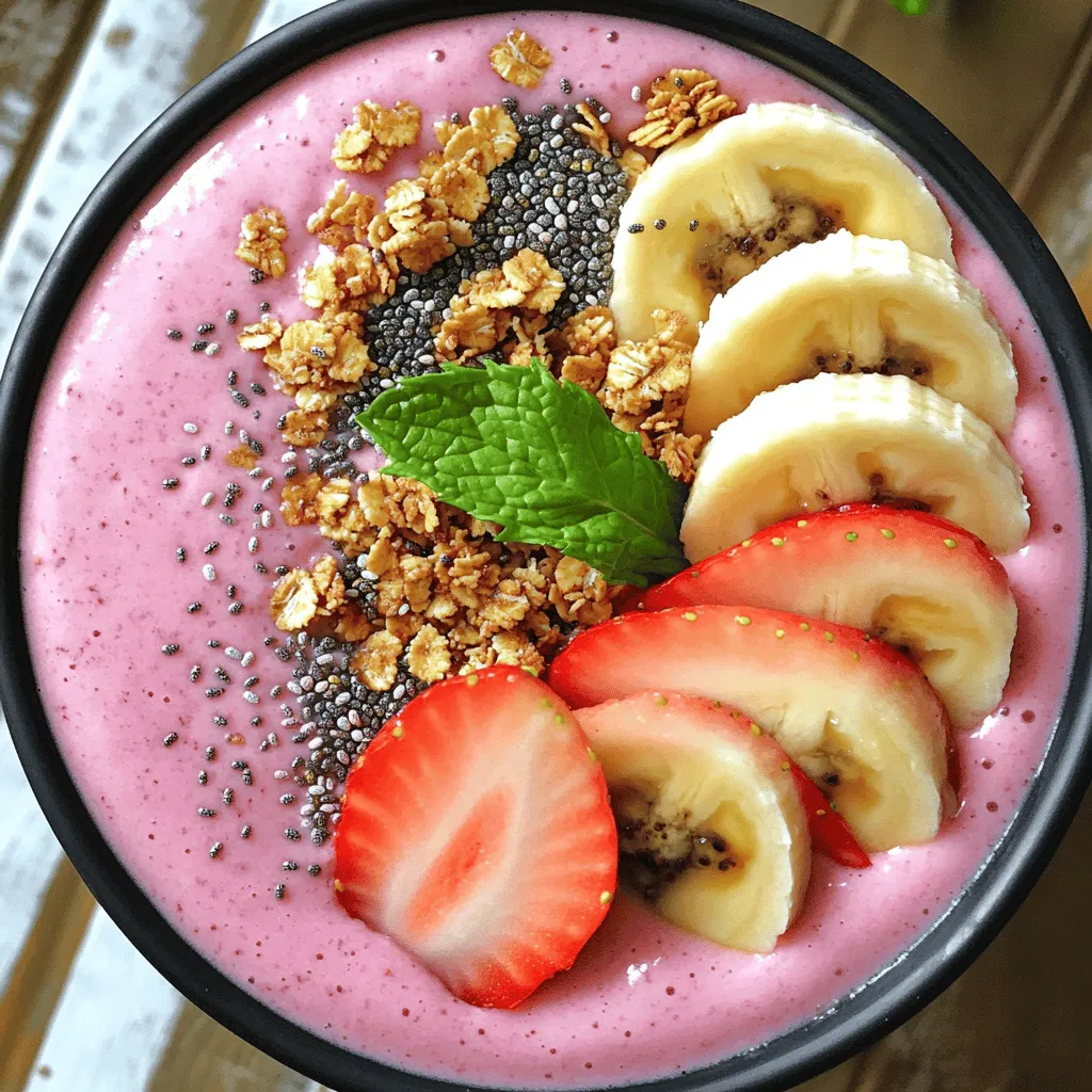 - 1 cup fresh strawberries, hulled and halved - 1 ripe banana, sliced - 1/4 cup granola, preferred blend - 1 cup Greek yogurt, vanilla or plain - 1/2 cup almond milk or alternative milk - 1 tablespoon honey or maple syrup, for sweetness - Toppings: chia seeds, mint leaves, extra fruit When making a Strawberry Banana Smoothie Bowl, fresh ingredients shine. Strawberries add bright flavor and color. Bananas bring natural sweetness and creaminess. Granola adds crunch, making your smoothie bowl fun to eat. Greek yogurt gives your bowl a creamy base. You can choose vanilla for extra sweetness or plain for a neutral taste. Almond milk helps blend everything smoothly. Feel free to switch to any milk you like! If you want a sweeter taste, honey or maple syrup works well. For toppings, chia seeds add healthy fiber. Fresh mint leaves bring a refreshing touch. Extra fruit, like more strawberries or bananas, makes it look pretty too. This dish is not just tasty; it also packs nutrition! Enjoy making your bowl unique with these fresh and healthy ingredients. Start with fresh strawberries. Hull and halve them. This means you remove the green part and cut them in half. Next, take a ripe banana. Slice it into small pieces. These steps are key for a smooth blend and great taste. Now, it's time to blend. In a blender, combine the strawberries, banana slices, Greek yogurt, and almond milk. If you want it sweeter, add honey or maple syrup. Blend on high speed. Keep blending until it's smooth and creamy. If it’s too thick, add more almond milk. Blend again until it’s just right. Once blended, pour the smoothie into a bowl. This creates a base for your toppings. Next, sprinkle granola and chia seeds evenly on top. This adds crunch and nutrition. Then, use extra strawberry halves and banana slices to decorate your smoothie bowl. Place them in a pretty pattern. Finish with fresh mint leaves for a pop of color. Enjoy your beautiful Strawberry Banana Bliss Smoothie Bowl right away! To get the best texture, you can adjust the almond milk. If the smoothie is too thick, add a little more milk. Blend it again until it's just right. If you want it thicker, use less almond milk. You can also blend in stages. Start with the fruits, then add yogurt and milk. This helps you get a smooth mix. The way you place your toppings makes a big difference. Arrange them in fun patterns for a pretty look. Use colorful bowls to add more visual appeal. A bright bowl makes the dish more inviting. You can mix fruits, nuts, and seeds for extra color. Want a health boost? Add yogurt for protein. Greek yogurt is a great choice. It makes the bowl creamier too. You can also add chia seeds. They provide fiber and omega-3s. Just a tablespoon gives your bowl a nice crunch and boosts nutrition. {{image_4}} You can change the flavor of your smoothie bowl in fun ways. One idea is to add spinach or kale. This gives your bowl a green color and packs in nutrients. The taste stays mild, so you won't even notice the greens. Another option is to mix in nut butters. Almond or peanut butter adds creaminess and a nutty taste. It also boosts the protein, making your meal more filling. If you want a dairy-free option, try coconut yogurt. It has a rich texture and brings a subtle sweetness. This makes your bowl creamy and delicious. You can also use cashew milk instead of almond milk. Cashew milk is thicker and creamier, which works well in smoothie bowls. It adds a nice texture and flavor. Toppings can change with the seasons. In summer, add fresh blueberries or pineapple for a tropical twist. These fruits add sweetness and bright flavors to your bowl. Don't forget to experiment with nuts and seeds. Chopped almonds or sunflower seeds give a nice crunch. They also add healthy fats and protein, making your smoothie bowl even better. To keep your Strawberry Banana Smoothie Bowl fresh, refrigerate any leftovers in an airtight container. This will help keep the flavors intact. It’s best to eat it within 24 hours for the best taste. After that, the fruits may lose their freshness. If you want to save some for later, freeze the smoothie base. Just pour it into a freezer-safe container. Make sure to store your toppings, like granola and fruit, separately. This way, they stay crunchy and fresh when you are ready to enjoy your bowl again. When you are ready to eat your frozen smoothie bowl, thaw it overnight in the fridge. This method keeps it safe and helps maintain the taste. After thawing, blend it again to restore its creamy texture. This step ensures your smoothie bowl tastes just as good as when it was fresh. Yes, you can use frozen fruits. They add a nice chill to your bowl. Frozen strawberries and bananas blend easily, making your smoothie thick and creamy. This is great if you want a refreshing treat on a hot day. The frozen fruits will also help the bowl hold its shape longer. If you use too many frozen fruits, it might become too thick. You can always add a splash of almond milk to thin it out. No, this recipe is not vegan because it uses Greek yogurt. To make it vegan, simply replace the yogurt with a plant-based option, like coconut yogurt or almond yogurt. You should also use maple syrup instead of honey. Always check labels on your dairy alternatives and sweeteners to ensure they fit your dietary needs. This way, you can enjoy a tasty vegan smoothie bowl. To reduce sweetness, skip the honey or maple syrup. You can also use plain Greek yogurt instead of vanilla. This gives you a creamier base without added sugar. If you find the smoothie bowl too sweet, try adding toppings that balance the flavors. Nuts, seeds, or unsweetened granola can help. Fresh mint also adds a nice touch without adding sweetness, making it a great choice for your bowl. This blog post covered everything you need for a delicious smoothie bowl. We explored fresh ingredients like strawberries and bananas, along with Greek yogurt and almond milk. You learned how to prepare, blend, and present your bowl. I shared tips to achieve the perfect texture and explore fun variations. Remember to store leftovers carefully and consider freezing for later. Enjoy experimenting with flavors and toppings. Smoothie bowls are versatile, tasty, and healthy. Have fun making your own!
