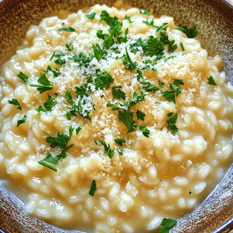 To make a great creamy garlic Parmesan risotto, you need the right ingredients. Here’s what you will need: - 1 cup Arborio rice - 4 cups vegetable broth (warmed) - 1 medium onion, finely chopped - 3 cloves garlic, minced - 1 cup grated Parmesan cheese - 1/2 cup heavy cream - 2 tablespoons olive oil - 2 tablespoons unsalted butter - Salt and freshly ground black pepper to taste - Fresh parsley for garnish (optional) - Zest of 1 lemon (optional, for a fresh twist) These ingredients come together to create a rich and creamy dish that warms the heart. You can make your risotto even better with some fun add-ins. Here are a few ideas: - Cooked chicken or shrimp for protein - Fresh herbs like basil or thyme for extra flavor - Peas or spinach for a pop of color - Mushrooms for a rich, earthy taste Feel free to mix and match these options based on what you like! Choosing the best ingredients makes a big difference. Here are some tips: - Rice: Always use Arborio rice for that creamy texture. - Broth: Use high-quality vegetable broth for great flavor. - Cheese: Freshly grated Parmesan cheese tastes better than pre-grated. - Produce: Pick fresh garlic and onion for the best taste. With these tips, your risotto will shine with flavor! First, warm the vegetable broth in a saucepan over medium heat. This step is key. Keeping the broth warm helps the rice cook evenly. Once the broth is warm, lower the heat to keep it hot but not boiling. This makes adding it to the rice easier. Next, grab a large skillet or saucepan. Pour in two tablespoons of olive oil and one tablespoon of unsalted butter. Heat it over medium heat until the butter melts. Add one finely chopped onion and cook for about three to four minutes. You want the onion to be soft and clear. Then, add three minced garlic cloves. Stir them for one minute. Be careful not to let the garlic burn, as this can ruin the flavor. Now, add one cup of Arborio rice to the skillet. Stir the rice well to coat it with the oil and butter. Toast the rice for one to two minutes until it turns slightly clear. This step adds depth to the flavor. Now comes the fun part! Start adding the warm vegetable broth, one ladle at a time. Stir the rice as you add the broth. Wait until the rice fully absorbs the broth before adding more. Keep doing this for about 18 to 20 minutes. You want the rice to be creamy and al dente. When the rice reaches the right texture, remove the skillet from heat. Stir in the remaining tablespoon of butter, half a cup of heavy cream, and one cup of grated Parmesan cheese. Mix everything until it’s all creamy and well combined. Season with salt, black pepper, and lemon zest if you like. Let the risotto sit for a minute. This resting time helps the flavors meld together better. To get that creamy texture in your risotto, use Arborio rice. This rice has a high starch content. The starch makes the risotto rich and smooth. Stir in the broth slowly. This helps the rice absorb the liquid well. Remember to finish your dish with heavy cream and Parmesan cheese. They add to the creaminess and flavor. Stirring the risotto constantly is key. It helps release the rice's starch. This starch thickens the dish and gives it a creamy feel. When you add broth, keep stirring. This keeps the rice from sticking to the pan. It also ensures even cooking. Take your time; it makes a big difference in the final taste. Avoid using regular rice; it won’t work well. Do not rush the broth addition. If you add it all at once, the rice won’t cook properly. Watch the heat; too high can burn the rice. Lastly, don’t skip the resting step. Letting it sit for a minute enhances the texture. {{image_4}} You can add proteins to make your risotto heartier. Chicken adds a nice flavor. Cook it first in the skillet, then set it aside. Once the risotto is creamy, stir the chicken back in. Shrimp cooks quickly, so add it in the last few minutes of cooking. For a plant-based option, use tofu. Cube it and sauté it until golden. Mix it in just like the chicken. Making this dish vegetarian is easy. Just ensure your broth is vegetable-based. For a vegan twist, swap the heavy cream for coconut milk or a nut cream. You can also replace the Parmesan with nutritional yeast. This keeps the cheesy flavor while being plant-based. Don’t forget to check your butter; use vegan butter if needed. Enhancing flavors can elevate your risotto. Fresh herbs like basil and thyme add a burst of freshness. Stir them in at the end for the best taste. A pinch of red pepper flakes gives it a nice kick. You can also add lemon zest for a bright note. The zest adds a fresh twist that balances the richness. Experiment with flavors to find your favorite combination! Storing leftover risotto is simple. First, let the risotto cool down to room temperature. Then, transfer it to an airtight container. This keeps it fresh and prevents drying out. You can store it in the fridge for up to three days. For best results, try to eat it sooner rather than later. Reheating risotto can be tricky. To keep it creamy, use a bit of broth or water. Heat it in a saucepan over low heat. Stir often to help it warm evenly. If it looks too thick, add a splash of broth. This helps restore its nice texture. You can also use the microwave, but add liquid to keep it moist. Freezing risotto is an option, but it may change the texture. To freeze, let it cool completely first. Pack it in freezer-safe bags or containers, leaving space for expansion. It stays good for about one month. When ready to eat, thaw it in the fridge overnight. Reheat it slowly and add liquid to bring back creaminess. The best rice for risotto is Arborio rice. This rice has a high starch content, making it creamy. It absorbs liquid well and gives a nice texture. You can find Arborio rice in most grocery stores. Other good options include Carnaroli or Vialone Nano, but Arborio is the most common. Yes, you can make risotto ahead of time. However, it may lose some creaminess. To store it, let it cool and put it in an airtight container. You can keep it in the fridge for up to three days. When ready to serve, add some broth and stir while heating. This will help restore its creamy texture. Making risotto gluten-free is easy. Arborio rice is naturally gluten-free, so you are good there. Just be sure to use gluten-free broth as your base. Check the labels on all ingredients to ensure they are gluten-free. Enjoy your creamy dish without worry! Creamy garlic parmesan risotto starts with the right ingredients and steps. You choose fresh items and follow simple cooking techniques for the best results. Remember to stir constantly for creamy texture and avoid common mistakes. You can adapt the dish with proteins or herbs to fit your taste. Store any leftovers properly to enjoy later. With this knowledge, you can make delicious risotto any time. Enjoy your cooking journey!
