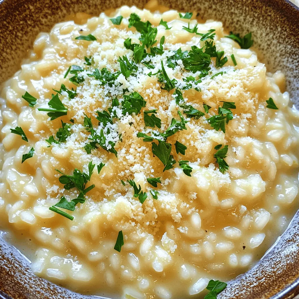 To make a great creamy garlic Parmesan risotto, you need the right ingredients. Here’s what you will need: - 1 cup Arborio rice - 4 cups vegetable broth (warmed) - 1 medium onion, finely chopped - 3 cloves garlic, minced - 1 cup grated Parmesan cheese - 1/2 cup heavy cream - 2 tablespoons olive oil - 2 tablespoons unsalted butter - Salt and freshly ground black pepper to taste - Fresh parsley for garnish (optional) - Zest of 1 lemon (optional, for a fresh twist) These ingredients come together to create a rich and creamy dish that warms the heart. You can make your risotto even better with some fun add-ins. Here are a few ideas: - Cooked chicken or shrimp for protein - Fresh herbs like basil or thyme for extra flavor - Peas or spinach for a pop of color - Mushrooms for a rich, earthy taste Feel free to mix and match these options based on what you like! Choosing the best ingredients makes a big difference. Here are some tips: - Rice: Always use Arborio rice for that creamy texture. - Broth: Use high-quality vegetable broth for great flavor. - Cheese: Freshly grated Parmesan cheese tastes better than pre-grated. - Produce: Pick fresh garlic and onion for the best taste. With these tips, your risotto will shine with flavor! First, warm the vegetable broth in a saucepan over medium heat. This step is key. Keeping the broth warm helps the rice cook evenly. Once the broth is warm, lower the heat to keep it hot but not boiling. This makes adding it to the rice easier. Next, grab a large skillet or saucepan. Pour in two tablespoons of olive oil and one tablespoon of unsalted butter. Heat it over medium heat until the butter melts. Add one finely chopped onion and cook for about three to four minutes. You want the onion to be soft and clear. Then, add three minced garlic cloves. Stir them for one minute. Be careful not to let the garlic burn, as this can ruin the flavor. Now, add one cup of Arborio rice to the skillet. Stir the rice well to coat it with the oil and butter. Toast the rice for one to two minutes until it turns slightly clear. This step adds depth to the flavor. Now comes the fun part! Start adding the warm vegetable broth, one ladle at a time. Stir the rice as you add the broth. Wait until the rice fully absorbs the broth before adding more. Keep doing this for about 18 to 20 minutes. You want the rice to be creamy and al dente. When the rice reaches the right texture, remove the skillet from heat. Stir in the remaining tablespoon of butter, half a cup of heavy cream, and one cup of grated Parmesan cheese. Mix everything until it’s all creamy and well combined. Season with salt, black pepper, and lemon zest if you like. Let the risotto sit for a minute. This resting time helps the flavors meld together better. To get that creamy texture in your risotto, use Arborio rice. This rice has a high starch content. The starch makes the risotto rich and smooth. Stir in the broth slowly. This helps the rice absorb the liquid well. Remember to finish your dish with heavy cream and Parmesan cheese. They add to the creaminess and flavor. Stirring the risotto constantly is key. It helps release the rice's starch. This starch thickens the dish and gives it a creamy feel. When you add broth, keep stirring. This keeps the rice from sticking to the pan. It also ensures even cooking. Take your time; it makes a big difference in the final taste. Avoid using regular rice; it won’t work well. Do not rush the broth addition. If you add it all at once, the rice won’t cook properly. Watch the heat; too high can burn the rice. Lastly, don’t skip the resting step. Letting it sit for a minute enhances the texture. {{image_4}} You can add proteins to make your risotto heartier. Chicken adds a nice flavor. Cook it first in the skillet, then set it aside. Once the risotto is creamy, stir the chicken back in. Shrimp cooks quickly, so add it in the last few minutes of cooking. For a plant-based option, use tofu. Cube it and sauté it until golden. Mix it in just like the chicken. Making this dish vegetarian is easy. Just ensure your broth is vegetable-based. For a vegan twist, swap the heavy cream for coconut milk or a nut cream. You can also replace the Parmesan with nutritional yeast. This keeps the cheesy flavor while being plant-based. Don’t forget to check your butter; use vegan butter if needed. Enhancing flavors can elevate your risotto. Fresh herbs like basil and thyme add a burst of freshness. Stir them in at the end for the best taste. A pinch of red pepper flakes gives it a nice kick. You can also add lemon zest for a bright note. The zest adds a fresh twist that balances the richness. Experiment with flavors to find your favorite combination! Storing leftover risotto is simple. First, let the risotto cool down to room temperature. Then, transfer it to an airtight container. This keeps it fresh and prevents drying out. You can store it in the fridge for up to three days. For best results, try to eat it sooner rather than later. Reheating risotto can be tricky. To keep it creamy, use a bit of broth or water. Heat it in a saucepan over low heat. Stir often to help it warm evenly. If it looks too thick, add a splash of broth. This helps restore its nice texture. You can also use the microwave, but add liquid to keep it moist. Freezing risotto is an option, but it may change the texture. To freeze, let it cool completely first. Pack it in freezer-safe bags or containers, leaving space for expansion. It stays good for about one month. When ready to eat, thaw it in the fridge overnight. Reheat it slowly and add liquid to bring back creaminess. The best rice for risotto is Arborio rice. This rice has a high starch content, making it creamy. It absorbs liquid well and gives a nice texture. You can find Arborio rice in most grocery stores. Other good options include Carnaroli or Vialone Nano, but Arborio is the most common. Yes, you can make risotto ahead of time. However, it may lose some creaminess. To store it, let it cool and put it in an airtight container. You can keep it in the fridge for up to three days. When ready to serve, add some broth and stir while heating. This will help restore its creamy texture. Making risotto gluten-free is easy. Arborio rice is naturally gluten-free, so you are good there. Just be sure to use gluten-free broth as your base. Check the labels on all ingredients to ensure they are gluten-free. Enjoy your creamy dish without worry! Creamy garlic parmesan risotto starts with the right ingredients and steps. You choose fresh items and follow simple cooking techniques for the best results. Remember to stir constantly for creamy texture and avoid common mistakes. You can adapt the dish with proteins or herbs to fit your taste. Store any leftovers properly to enjoy later. With this knowledge, you can make delicious risotto any time. Enjoy your cooking journey!