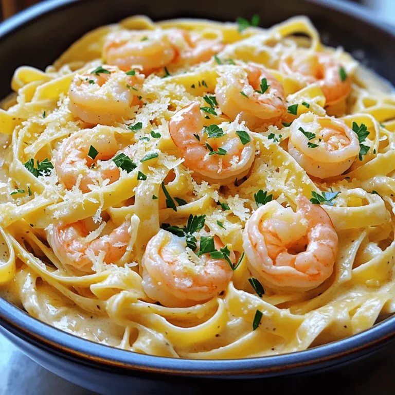 - 8 ounces fettuccine pasta - 1 pound large shrimp, peeled and deveined - 4 tablespoons unsalted butter - 4 cloves garlic, finely minced The main ingredients define the dish. Fettuccine pasta gives a nice base. I love using large shrimp for a hearty bite. Garlic and butter bring rich flavors and aroma. - 1 cup heavy cream - 1 cup freshly grated Parmesan cheese The sauce makes this dish special. Heavy cream adds a rich, smooth texture. Freshly grated Parmesan cheese adds depth and flavor. - Salt and freshly ground black pepper, to taste - 2 tablespoons chopped fresh parsley, for garnish Seasonings enhance every bite. Salt and black pepper bring balance. Fresh parsley adds a pop of color and freshness. This simple garnish makes the dish look and taste great. Boiling Method: Start by filling a large pot with water. Add a good amount of salt to make it tasty. Bring the water to a rolling boil. Once boiling, add 8 ounces of fettuccine pasta. Cook it for about 8 to 10 minutes. You want it al dente, which means firm but cooked. Draining Process: When the pasta is ready, carefully pour it into a colander to drain. Make sure to shake off the extra water. Set the pasta aside while you prepare the rest of the dish. Importance of Timing: Timing is key when sautéing garlic. You want to add it at the right moment. Too early, and it may burn. Too late, and it won’t have enough flavor. Achieving the Right Fragrance: In a large skillet, melt 4 tablespoons of unsalted butter over medium heat. Add 4 finely minced garlic cloves. Sauté for about 30 seconds. You’ll know it’s ready when it smells amazing. Be careful not to let it brown. Searing Technique: Once the garlic is fragrant, it’s time to add the shrimp. Use 1 pound of large, peeled, and deveined shrimp. Stir them into the skillet. Lightly season with salt and black pepper. Signs of Doneness: Cook the shrimp for about 2 to 3 minutes on each side. They should turn a beautiful pink color and curl slightly. This means they are cooked through and ready for the next step. Adding Heavy Cream: With the shrimp cooked, slowly pour in 1 cup of heavy cream while stirring. This helps to combine everything well. Let the mixture come to a gentle simmer. Mixing in Parmesan Cheese: Now, whisk in 1 cup of freshly grated Parmesan cheese. Stir until the sauce is smooth and creamy. It will thicken slightly as it heats. Tossing Techniques: Add the drained fettuccine to the skillet. Use tongs or a large fork to toss the pasta gently. This will help coat the pasta with the creamy sauce and shrimp. Ensuring Full Coating: Make sure every strand of pasta is covered in the sauce. You want rich flavor in every bite. If needed, add a splash of pasta water to help the sauce cling. Adjusting to Taste: Taste your dish and see if it needs more seasoning. Add extra salt or black pepper if needed. Remember, flavors should shine through. Plating Tips: When ready to serve, use deep pasta bowls. This keeps the dish warm. Garnish with chopped fresh parsley and a sprinkle of Parmesan cheese. This adds a nice touch and looks great! - Prepping Ingredients in Advance: Gather all your ingredients before cooking. This saves time and makes cooking smoother. Chop garlic, measure cream, and grate cheese. You will feel more organized and less rushed. - Using Frozen Shrimp: Frozen shrimp work well for this dish. They are easy to store and quick to use. Just thaw them under cold water for about 10 minutes. This can speed up your cooking time. - Whisking Techniques: Whisking is key to a smooth sauce. When you add cream, stir constantly. This helps to blend the cream with the butter and garlic evenly. - Avoiding Curdling: To prevent curdling, keep the heat low. High heat can make the cream separate. Adding cheese slowly while whisking helps keep the sauce creamy. - Cooking Time Management: Cook shrimp for 2-3 minutes on each side. Watch for their color change. They should turn pink and opaque. This means they are done. - Checking for Overcooking: Overcooked shrimp become tough. If they curl tightly, they are likely overcooked. Remove them from heat as soon as they turn pink to keep them tender. {{image_4}} You can switch up the pasta for your Garlic Parmesan Shrimp Alfredo. Here are some options: - Gluten-Free Options: Use gluten-free fettuccine or rice pasta. Both work well and still taste great. - Other Pasta Types: You can use spaghetti, penne, or even zoodles for a fun twist. Each type adds a different texture and shape to the dish. Want to spice up your dish? Here are some great ideas: - Italian Seasoning: Add this mix of herbs for depth. It complements the garlic and shrimp perfectly. - Red Pepper Flakes: A pinch of these adds a nice heat. Adjust based on your spice preference. Boost the nutrition and color with veggies: - Spinach: Toss in fresh spinach at the end. It wilts quickly and adds a lovely green touch. - Cherry Tomatoes: Halve some cherry tomatoes and add them for sweetness. They add a burst of flavor and color. To keep your Garlic Parmesan Shrimp Alfredo fresh, store it in the fridge. Place the dish in an airtight container. It should stay good for up to three days. Make sure it cools down first before sealing it. When it's time to enjoy your leftovers, you have two easy ways to reheat. - Microwave Method: Place your serving on a microwave-safe plate. Cover it with a paper towel and heat for 1-2 minutes. Check and stir halfway through to heat evenly. - Stovetop Technique: Add a splash of cream to a skillet on low heat. Stir in the pasta and shrimp gently. Heat until warmed through, about 5 minutes. If you want to save your Garlic Parmesan Shrimp Alfredo for later, freezing is an option. - Freezing the Dish: Let the dish cool completely. Then, transfer it to a freezer-safe container or bag. This will help prevent freezer burn. It can last for up to two months in the freezer. - Thawing and Reheating: To thaw, place your frozen dish in the fridge overnight. Reheat using the stovetop method to keep the sauce creamy. If it seems thick, add a bit of cream or milk while reheating. Yes, you can use alternatives for a lighter sauce. Options include: - Greek yogurt: It adds creaminess and tang. - Coconut milk: This gives a smooth texture with a hint of sweetness. - Milk and flour: Mix equal parts for a creamy base. These choices keep the dish rich but lighter. You can tell shrimp is fully cooked by looking for these signs: - Color change: Raw shrimp is gray, while cooked shrimp turns pink. - Curling shape: Cooked shrimp curls into a "C" shape. - Opaque flesh: The flesh becomes white and opaque when done. These cues help ensure safe consumption. Absolutely, you can use other suitable cheese options: - Pecorino Romano: It has a sharp, salty flavor. - Asiago: This cheese adds a nutty taste. - Mozzarella: For a milder, creamier texture. Feel free to experiment with what you like. Complementary side ideas include: - Garlic bread: It's perfect for soaking up the sauce. - Steamed broccoli: This adds color and nutrition. - Caesar salad: A crisp, fresh contrast to the rich dish. These sides enhance your meal. You can store leftovers safely for about 3 days. - Refrigeration: Keep it in an airtight container. - Freezing: If you want to save it longer, freeze for up to 2 months. Just remember to reheat thoroughly before eating! In this post, we covered how to make a tasty Garlic Parmesan Shrimp Alfredo. I shared the key ingredients like fettuccine, shrimp, garlic, and a rich creamy sauce. You learned step-by-step cooking techniques, tips for perfecting the dish, and ways to store leftovers. Try out different pasta and flavors to make this dish your own. Enjoy cooking and savoring each bite of your delicious meal!