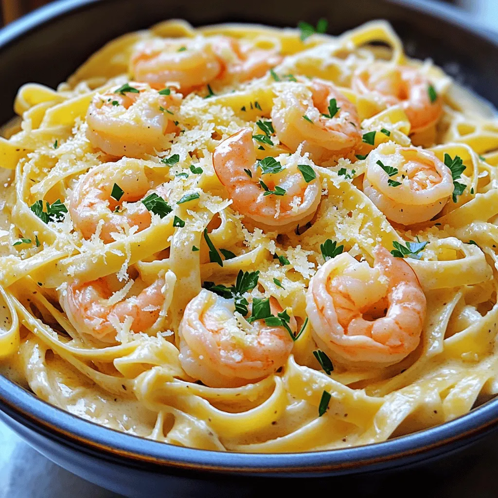 - 8 ounces fettuccine pasta - 1 pound large shrimp, peeled and deveined - 4 tablespoons unsalted butter - 4 cloves garlic, finely minced The main ingredients define the dish. Fettuccine pasta gives a nice base. I love using large shrimp for a hearty bite. Garlic and butter bring rich flavors and aroma. - 1 cup heavy cream - 1 cup freshly grated Parmesan cheese The sauce makes this dish special. Heavy cream adds a rich, smooth texture. Freshly grated Parmesan cheese adds depth and flavor. - Salt and freshly ground black pepper, to taste - 2 tablespoons chopped fresh parsley, for garnish Seasonings enhance every bite. Salt and black pepper bring balance. Fresh parsley adds a pop of color and freshness. This simple garnish makes the dish look and taste great. Boiling Method: Start by filling a large pot with water. Add a good amount of salt to make it tasty. Bring the water to a rolling boil. Once boiling, add 8 ounces of fettuccine pasta. Cook it for about 8 to 10 minutes. You want it al dente, which means firm but cooked. Draining Process: When the pasta is ready, carefully pour it into a colander to drain. Make sure to shake off the extra water. Set the pasta aside while you prepare the rest of the dish. Importance of Timing: Timing is key when sautéing garlic. You want to add it at the right moment. Too early, and it may burn. Too late, and it won’t have enough flavor. Achieving the Right Fragrance: In a large skillet, melt 4 tablespoons of unsalted butter over medium heat. Add 4 finely minced garlic cloves. Sauté for about 30 seconds. You’ll know it’s ready when it smells amazing. Be careful not to let it brown. Searing Technique: Once the garlic is fragrant, it’s time to add the shrimp. Use 1 pound of large, peeled, and deveined shrimp. Stir them into the skillet. Lightly season with salt and black pepper. Signs of Doneness: Cook the shrimp for about 2 to 3 minutes on each side. They should turn a beautiful pink color and curl slightly. This means they are cooked through and ready for the next step. Adding Heavy Cream: With the shrimp cooked, slowly pour in 1 cup of heavy cream while stirring. This helps to combine everything well. Let the mixture come to a gentle simmer. Mixing in Parmesan Cheese: Now, whisk in 1 cup of freshly grated Parmesan cheese. Stir until the sauce is smooth and creamy. It will thicken slightly as it heats. Tossing Techniques: Add the drained fettuccine to the skillet. Use tongs or a large fork to toss the pasta gently. This will help coat the pasta with the creamy sauce and shrimp. Ensuring Full Coating: Make sure every strand of pasta is covered in the sauce. You want rich flavor in every bite. If needed, add a splash of pasta water to help the sauce cling. Adjusting to Taste: Taste your dish and see if it needs more seasoning. Add extra salt or black pepper if needed. Remember, flavors should shine through. Plating Tips: When ready to serve, use deep pasta bowls. This keeps the dish warm. Garnish with chopped fresh parsley and a sprinkle of Parmesan cheese. This adds a nice touch and looks great! - Prepping Ingredients in Advance: Gather all your ingredients before cooking. This saves time and makes cooking smoother. Chop garlic, measure cream, and grate cheese. You will feel more organized and less rushed. - Using Frozen Shrimp: Frozen shrimp work well for this dish. They are easy to store and quick to use. Just thaw them under cold water for about 10 minutes. This can speed up your cooking time. - Whisking Techniques: Whisking is key to a smooth sauce. When you add cream, stir constantly. This helps to blend the cream with the butter and garlic evenly. - Avoiding Curdling: To prevent curdling, keep the heat low. High heat can make the cream separate. Adding cheese slowly while whisking helps keep the sauce creamy. - Cooking Time Management: Cook shrimp for 2-3 minutes on each side. Watch for their color change. They should turn pink and opaque. This means they are done. - Checking for Overcooking: Overcooked shrimp become tough. If they curl tightly, they are likely overcooked. Remove them from heat as soon as they turn pink to keep them tender. {{image_4}} You can switch up the pasta for your Garlic Parmesan Shrimp Alfredo. Here are some options: - Gluten-Free Options: Use gluten-free fettuccine or rice pasta. Both work well and still taste great. - Other Pasta Types: You can use spaghetti, penne, or even zoodles for a fun twist. Each type adds a different texture and shape to the dish. Want to spice up your dish? Here are some great ideas: - Italian Seasoning: Add this mix of herbs for depth. It complements the garlic and shrimp perfectly. - Red Pepper Flakes: A pinch of these adds a nice heat. Adjust based on your spice preference. Boost the nutrition and color with veggies: - Spinach: Toss in fresh spinach at the end. It wilts quickly and adds a lovely green touch. - Cherry Tomatoes: Halve some cherry tomatoes and add them for sweetness. They add a burst of flavor and color. To keep your Garlic Parmesan Shrimp Alfredo fresh, store it in the fridge. Place the dish in an airtight container. It should stay good for up to three days. Make sure it cools down first before sealing it. When it's time to enjoy your leftovers, you have two easy ways to reheat. - Microwave Method: Place your serving on a microwave-safe plate. Cover it with a paper towel and heat for 1-2 minutes. Check and stir halfway through to heat evenly. - Stovetop Technique: Add a splash of cream to a skillet on low heat. Stir in the pasta and shrimp gently. Heat until warmed through, about 5 minutes. If you want to save your Garlic Parmesan Shrimp Alfredo for later, freezing is an option. - Freezing the Dish: Let the dish cool completely. Then, transfer it to a freezer-safe container or bag. This will help prevent freezer burn. It can last for up to two months in the freezer. - Thawing and Reheating: To thaw, place your frozen dish in the fridge overnight. Reheat using the stovetop method to keep the sauce creamy. If it seems thick, add a bit of cream or milk while reheating. Yes, you can use alternatives for a lighter sauce. Options include: - Greek yogurt: It adds creaminess and tang. - Coconut milk: This gives a smooth texture with a hint of sweetness. - Milk and flour: Mix equal parts for a creamy base. These choices keep the dish rich but lighter. You can tell shrimp is fully cooked by looking for these signs: - Color change: Raw shrimp is gray, while cooked shrimp turns pink. - Curling shape: Cooked shrimp curls into a "C" shape. - Opaque flesh: The flesh becomes white and opaque when done. These cues help ensure safe consumption. Absolutely, you can use other suitable cheese options: - Pecorino Romano: It has a sharp, salty flavor. - Asiago: This cheese adds a nutty taste. - Mozzarella: For a milder, creamier texture. Feel free to experiment with what you like. Complementary side ideas include: - Garlic bread: It's perfect for soaking up the sauce. - Steamed broccoli: This adds color and nutrition. - Caesar salad: A crisp, fresh contrast to the rich dish. These sides enhance your meal. You can store leftovers safely for about 3 days. - Refrigeration: Keep it in an airtight container. - Freezing: If you want to save it longer, freeze for up to 2 months. Just remember to reheat thoroughly before eating! In this post, we covered how to make a tasty Garlic Parmesan Shrimp Alfredo. I shared the key ingredients like fettuccine, shrimp, garlic, and a rich creamy sauce. You learned step-by-step cooking techniques, tips for perfecting the dish, and ways to store leftovers. Try out different pasta and flavors to make this dish your own. Enjoy cooking and savoring each bite of your delicious meal!