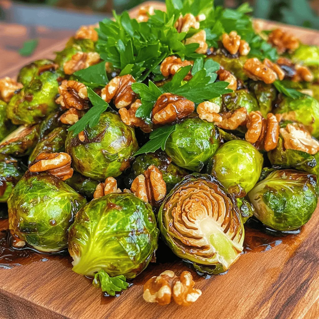 - 1 pound Brussels sprouts, trimmed and halved - 3 tablespoons balsamic vinegar - 2 tablespoons honey - 2 tablespoons extra-virgin olive oil - 2 cloves garlic, finely minced - Salt and freshly ground black pepper, to taste The main ingredients create a sweet and tangy flavor. The Brussels sprouts add a nice crunch. Balsamic vinegar gives depth, while honey adds sweetness. Olive oil helps with roasting and flavor. Garlic brings a savory note that ties everything together. - 1/4 cup walnuts, toasted and roughly chopped - 2 tablespoons fresh parsley, finely chopped (for garnish) If you like crunch, add walnuts. They toast nicely in the oven and add texture. Fresh parsley brightens the dish and adds color. You can skip these, but they enhance the dish's flavor. - Mixing bowl - Baking sheet - Parchment paper Using the right tools makes cooking easier. A mixing bowl helps combine the ingredients well. A baking sheet allows for even roasting. Parchment paper ensures easy cleanup and prevents sticking. - Preheat the oven to 400°F (200°C). This helps the Brussels sprouts roast well. - In a bowl, combine 3 tablespoons of balsamic vinegar, 2 tablespoons of honey, and 2 tablespoons of olive oil. Whisk until mixed. Add 2 minced garlic cloves, salt, and pepper to taste. Mix well. - Take 1 pound of trimmed and halved Brussels sprouts. Toss them in the balsamic mixture. Use your hands or a spatula for even coating. - Line a baking sheet with parchment paper. Spread the Brussels sprouts in a single layer, giving them space. This helps them roast evenly. - Roast the Brussels sprouts for 20-25 minutes. Halfway through, stir or shake the baking sheet. This helps with browning and caramelization. - Check if they are tender inside and caramelized outside. If so, they are done! - In the last 5 minutes, sprinkle 1/4 cup of chopped walnuts on top. This adds a nice crunch. - Remove from the oven and let cool briefly. Transfer to a serving platter and drizzle any leftover glaze over the top. - Finally, garnish with 2 tablespoons of chopped fresh parsley for a pop of color and flavor. To get the best glaze, balance the sweetness and acidity. The honey in the recipe adds sweetness, while balsamic vinegar brings tang. Mix them well to get that rich flavor. I like to taste the glaze before tossing in the Brussels sprouts. Adjust if needed. The timing is key for caramelization. Roast the sprouts for 20-25 minutes. Halfway through, stir them to ensure even cooking. This helps them brown nicely. When serving, presentation matters. Use a bright platter to make the dish pop. You can drizzle extra balsamic glaze on top for added flavor. Pair these Brussels sprouts with roasted chicken or grilled fish. They work well with many main dishes. For extra crunch, add toppings. Chopped walnuts give a nice texture. You can also sprinkle crispy bacon bits for a savory twist. If you want to change things up, try using maple syrup instead of honey. Adding a pinch of red pepper flakes can bring a little heat. Feel free to experiment with different herbs, like thyme or rosemary, for new flavor profiles. {{image_4}} To make this dish nut-free, you can simply leave out the walnuts. They add a nice crunch, but you can replace them with crispy fried onions. The fried onions give a savory touch and keep the dish exciting. For a heartier meal, consider adding protein. Crispy bacon or savory sausage can blend well with the Brussels sprouts. Just cook the bacon or sausage first, then mix with the Brussels sprouts before roasting. The flavors will enhance each bite. Feel free to play with herbs and spices. Fresh thyme or rosemary can add a lovely aroma. You could also try a pinch of red pepper flakes for heat. Each addition changes the taste and makes the dish unique. Explore these options to find your favorite flavor profile! To keep your Balsamic Glazed Brussels Sprouts fresh, use airtight containers. Glass or plastic containers work well. Store them in the fridge. They last for about 3 to 5 days. Make sure they cool down before sealing the container. This helps avoid moisture buildup. When reheating, you want to keep that crispy texture. The best way is to use an oven. Preheat it to 350°F (175°C). Spread the Brussels sprouts on a baking sheet. Heat for about 10 to 15 minutes. Check for warmth and crispiness. You can also use a skillet over medium heat. Stir them gently for about 5 minutes. If you want to freeze the sprouts, do it before roasting. After cleaning and halving, place them in a single layer on a baking sheet. Freeze until solid, then transfer to a freezer bag. When ready to use, thaw overnight in the fridge. Roast straight from the fridge, adjusting the cooking time as needed. To select the best Brussels sprouts, look for small, firm, and bright green sprouts. Avoid any that are yellow or have spots. The leaves should be tightly packed and not loose. Fresh sprouts should feel heavy for their size. You can also check for freshness by gently squeezing them. If they feel firm and not mushy, they are likely fresh. Yes, you can make balsamic glazed Brussels sprouts in advance. Store them in an airtight container in the fridge for up to three days. When you’re ready to eat them, reheat them in the oven at 350°F (175°C) for about 10-15 minutes. This will help keep the sprouts crispy. You can also heat them in a skillet over medium heat, stirring gently until warm. If you want to replace honey, you can use maple syrup or agave nectar. Both options bring sweetness but may change the flavor slightly. You can also use brown sugar mixed with water for a similar effect. If you prefer a sugar-free option, try using a stevia-based sweetener. Adjust the amount based on your taste, as some substitutes can be sweeter than honey. You learned how to make delicious balsamic glazed Brussels sprouts today. We covered key ingredients, easy steps, and helpful tips. You can add nuts or serve with various meals. Remember to store leftovers correctly and reheat for best taste. Experiment with flavors to make this dish uniquely yours. Enjoy the process and have fun cooking!